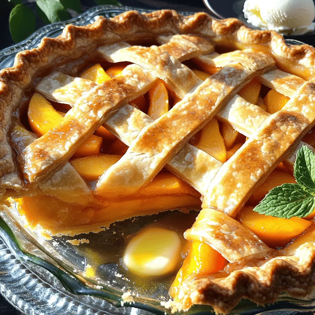 For this pie, you need 6 cups of fresh peaches. Choose ripe peaches for the best flavor. Peel and slice them before use. Ripe peaches should be soft but not mushy. They should smell sweet and fragrant. Sliced peaches will create a juicy filling. You will need 1 cup of granulated sugar for sweetness. Add 1 tablespoon of freshly squeezed lemon juice to brighten the flavor. Use 1 tablespoon of cornstarch to help thicken the filling. This will keep the pie from being runny. For warmth and aroma, mix in 1 teaspoon of ground cinnamon and 1/4 teaspoon of freshly grated nutmeg. You can use a store-bought pie crust or make your own. You will need 1 recipe of unbaked pie crust. For a golden crust, prepare an egg wash with 1 large egg and 1 tablespoon of milk. This will give the crust a lovely shine when baked. For the full recipe, check out The Ultimate Peach Pie Delight. First, preheat your oven to 425°F (220°C). This step is key for a crispy crust. A hot oven ensures that the pie bakes evenly and quickly. Next, grab a big bowl for your filling. Combine 6 cups of fresh, sliced peaches with 1 cup of sugar, 1 tablespoon of lemon juice, 1 tablespoon of cornstarch, 1 teaspoon of cinnamon, and 1/4 teaspoon of nutmeg. Mix gently until the peaches are well coated. Let the mixture sit for about 15 minutes. This helps the peaches release their juices for a sweeter filling. Now, roll out your pie crust on a floured surface. Fit it into a 9-inch pie pan. Trim the edges, leaving some overhang. Pour in your peach filling, spreading it evenly. Dot the filling with small cubes of butter for extra flavor. If you have a second pie crust, you can cover the filling or create a lattice top. Crimp the edges to seal the pie. Whisk together 1 egg and 1 tablespoon of milk to make an egg wash. Brush this mix over the crust for a nice golden color. Place the pie in the oven on a baking sheet to catch drips. Bake for 45-50 minutes until golden brown. Let it cool for at least an hour before slicing. Enjoy your delicious peach pie with a scoop of ice cream! For the full recipe, check The Ultimate Peach Pie Delight. To make the best peach pie, you need ripe peaches. Look for peaches that are slightly soft when you press them gently. They should have a sweet smell and a vibrant color. Avoid any that are hard or have dark spots. If you can, choose local, in-season peaches. They taste better and are fresher. If you have to buy peaches that are not ripe, let them sit at room temperature for a few days. This helps them sweeten and soften. Baking your pie evenly is key to a great result. Start by preheating your oven to 425°F (220°C). Don’t skip this step! A hot oven gives a nice brown crust. Place your pie on a baking sheet. This catches any drips and helps with even heat. Check your pie around the 30-minute mark. If the edges brown too fast, cover them with foil. This way, your pie bakes evenly without burning. A lattice top makes your pie look fancy and lets steam escape. Roll out your second pie crust on a floured surface. Cut it into strips about one inch wide. Lay half of the strips across the pie filling, spaced evenly. Then, fold every other strip back. Add a new strip perpendicularly and fold the strips back down. Repeat this until you cover the pie. Trim the edges and crimp them together. This creates a beautiful, homemade touch to your peach pie. For the full recipe, check out The Ultimate Peach Pie Delight 🥧. {{image_4}} You can mix fresh berries with peaches for a fun twist. Blueberries, raspberries, or strawberries work well. Use about 1 to 2 cups of berries alongside your peach filling. This adds color and a burst of flavor. The sweet and tart notes from berries complement the peaches perfectly. For a crunchy topping, swap the top crust for a crumble. Mix together 1 cup of all-purpose flour, 1/2 cup of brown sugar, and 1/2 cup of cold butter. Use your fingers to create a crumbly texture. Spread this mixture over the peach filling before baking. This gives the pie a delightful crunch and adds rich flavor. You can play with spices to enhance the peach pie. Try adding a pinch of ginger or cardamom for warmth. You can also use vanilla extract for a sweet aroma. Experimenting with spices can create unique flavor profiles. Just remember to keep the balance so the peach flavor shines through. For the full recipe of the perfect peach pie, refer to the section above. To keep your leftover peach pie fresh, cover it tightly. Use plastic wrap or foil. Store it in the fridge for up to three days. This keeps the crust crisp and the filling tasty. If you want to save it longer, freezing works too. You can freeze your peach pie for up to three months. First, let the pie cool completely. Wrap it in plastic wrap, then in foil. This prevents freezer burn. When you’re ready to enjoy it, thaw it in the fridge overnight before reheating. To reheat your pie, preheat your oven to 350°F (175°C). Remove the pie from the fridge. Place it on a baking sheet to catch drips. Heat it for about 20-30 minutes, or until warm. You can also microwave slices for quick warming, but the crust may lose some crunch. Enjoy your warm slice with a scoop of ice cream! To prevent a soggy crust, you can take a few simple steps. First, blind-bake your crust before adding the filling. This means baking the crust alone for a short time. Use pie weights or dried beans to keep the crust flat. Also, sprinkle a thin layer of cornstarch or sugar on the bottom before filling it. This acts as a barrier to the juices. Lastly, avoid overfilling the pie. Too much juice can make the crust soggy. Yes, you can use frozen peaches. They work well in pies. Just make sure to thaw them first. Drain any excess liquid after thawing. This helps prevent a watery filling. You might also want to increase the cornstarch a bit. This helps absorb extra juice from the frozen peaches. Using frozen fruit is a great option when fresh peaches are not in season. The best way to serve peach pie is warm or at room temperature. A scoop of vanilla ice cream on top adds a nice touch. You can also sprinkle powdered sugar for extra sweetness. For an elegant look, add fresh mint leaves as a garnish. This makes each slice pop and enhances the dessert's appeal. Enjoy it with friends and family for a perfect treat. In this blog post, we explored how to make a delicious peach pie. We covered key ingredients like fresh peaches, sugar, and a good pie crust. I provided step-by-step instructions to guide you through making it. We also shared tips for picking peaches and achieving the perfect bake. Don't forget about fun variations and how to store your pie. In conclusion, a homemade peach pie can bring joy to any meal. Enjoy this simple yet tasty dessert with family and friends!