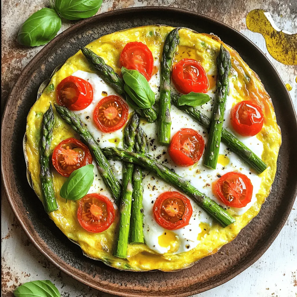 To make a great asparagus frittata, you need some key ingredients. Here’s what you will use: - 6 large eggs - 1 cup milk - 1 cup fresh asparagus, trimmed and cut into 1-inch pieces - 1 medium onion, finely diced - 1 cup cherry tomatoes, halved - 1 cup grated mozzarella cheese - 2 tablespoons extra virgin olive oil - Salt and freshly ground black pepper to taste - Fresh basil leaves for garnish These ingredients create a tasty, healthy dish. The eggs and milk form the base, while the asparagus and other veggies add flavor and color. The mozzarella cheese melts and makes everything creamy. Using fresh ingredients makes a big difference. Fresh asparagus has a nice crunch. It also brings a bright green color to your meal. The onions and tomatoes add sweetness and depth. You can find all these items at your local grocery store. Once you gather them, you’ll be ready to make this delicious frittata. For detailed cooking steps, check out the Full Recipe. Enjoy cooking! 1. Preheat the oven and prepare your skillet Start by preheating your oven to 375°F (190°C). This step is key for a great frittata. Grab a large oven-safe skillet. You’ll use it for cooking and baking. 2. Whisk the egg mixture In a large bowl, whisk together 6 large eggs and 1 cup of milk. Add salt and black pepper to taste. Mix well until it’s frothy and well combined. This is the base of your frittata. 1. Sauté onions and asparagus Pour 2 tablespoons of olive oil into the skillet. Heat it on medium. Once hot, add 1 medium diced onion. Sauté for about 3-4 minutes. The onion should be soft and fragrant. Then, add 1 cup of chopped asparagus. Cook for another 5 minutes. Stir often until the asparagus is bright green and tender. 2. Add tomatoes and eggs Next, stir in 1 cup of halved cherry tomatoes. Cook for an extra 2 minutes. This allows the tomatoes to soften and add flavor. Now, carefully pour your egg mixture over the veggies in the skillet. Make sure it covers everything evenly. Lastly, sprinkle 1 cup of grated mozzarella cheese on top. 1. Cook on the stove and transfer to the oven Let the frittata cook on the stove for about 5-6 minutes. You will see the edges start to set. The center will still be a bit jiggly, which is just right. Now, transfer the skillet to your preheated oven. 2. Check for doneness Bake for 15-20 minutes. The frittata will puff up as it cooks. To check if it’s done, insert a toothpick in the center. If it comes out clean, your frittata is ready. Once done, remove it from the oven and let it cool for a bit before slicing. For more details, check the Full Recipe. Enjoy your savory asparagus frittata! To make a great frittata, focus on texture. You want it fluffy and light. Whisk the eggs and milk well until frothy. This adds air and creates a nice rise while cooking. Sauté your vegetables properly. Start with the onions, cooking them until soft and sweet. This step builds flavor. Next, add the asparagus. Cook it until tender but still bright green. This keeps the vegetable’s crunch and flavor intact. Garnish your frittata for a beautiful touch. Fresh basil leaves add color and a burst of flavor. You can also drizzle a bit of olive oil on top. For a complete meal, serve your frittata with sides. A simple salad pairs well. You can also add crusty bread or roasted potatoes for extra heartiness. Enjoy your savory asparagus frittata! {{image_4}} You can change up the vegetables in your frittata for new flavors. Try using spinach, bell peppers, or mushrooms. Each option brings a unique taste and texture. If you prefer a different cheese, consider feta or goat cheese. They add a tangy twist that complements the eggs well. To enhance the frittata, add herbs and spices. Fresh herbs like parsley or chives brighten the dish. Dried herbs like oregano or thyme work well too. You can also spice it up with red pepper flakes or smoked paprika for a kick. Don't forget about proteins! You can mix in cooked bacon, ham, or even beans for added nutrition. These swaps keep the dish fresh and exciting. Enjoy experimenting and discovering your favorite combinations! Store leftover frittata in the fridge. Use an airtight container for best results. It will stay fresh for up to four days. If you plan to eat it later, freezing is a great option. Slice the frittata into wedges before freezing. Wrap each slice in plastic wrap, then place them in a freezer bag. This way, you can enjoy a piece anytime. To reheat the frittata, use the oven or a skillet. For the oven, set it to 350°F (175°C). Place the frittata on a baking sheet. Heat for about 10-15 minutes, until warm. If using a skillet, add a small amount of oil. Place the frittata in the skillet over low heat. Cover it with a lid. Heat for 5-7 minutes, checking often. This keeps the frittata fluffy and moist. Avoid using high heat to prevent drying it out. Enjoy your frittata just like fresh! Can I make frittata ahead of time? Yes, you can make frittata ahead of time. Simply prepare it and let it cool. Store it in the fridge for up to three days. Reheat it in the oven or on the stovetop. This makes it perfect for brunch or quick meals. Is asparagus frittata healthy? Asparagus frittata is quite healthy. It includes fresh veggies, eggs, and a bit of cheese. Asparagus is full of vitamins and fiber. Eggs provide protein, and the milk adds creaminess without too many calories. What to do if the frittata is too dense? If your frittata is too dense, try adding more milk to the egg mixture next time. Whisk the eggs thoroughly to incorporate air. This will help create a fluffier texture. How to fix a watery frittata? A watery frittata may occur if the veggies release too much water. To fix this, ensure you sauté veggies until they are tender and any moisture is gone. You can also cook it a bit longer in the oven to help set it. Can this recipe be made gluten-free? Yes, this recipe can be made gluten-free. All the ingredients are naturally gluten-free, so you can enjoy it without worry. Just ensure any added ingredients also meet gluten-free standards. Tips for reducing calories in the frittata To reduce calories, use fewer eggs or substitute egg whites for some whole eggs. You can also use low-fat milk instead of whole milk. Lastly, cut back on cheese or choose a lighter variety. For the full recipe, check out the detailed steps to make your own delicious frittata! In this post, we explored making a delicious asparagus frittata. We covered the key ingredients, like eggs and fresh veggies, and outlined step-by-step cooking tips. You learned how to achieve perfect texture and what to serve alongside your dish. Remember, you can customize your frittata with different ingredients or flavors. Proper storing and reheating help keep it tasty for later. With these tips, you can enjoy a satisfying meal anytime. Happy cooking!