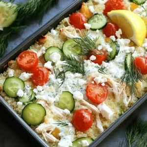 - 2 cups cooked chicken, shredded - 1 cup Greek yogurt - 1 cup cucumber, diced - 1 cup cherry tomatoes, halved - 1 cup cooked quinoa or couscous - 1/2 cup red onion, finely chopped - 1/4 cup fresh dill, chopped - 2 tablespoons lemon juice - 1 tablespoon olive oil - 1 teaspoon garlic powder - Salt and pepper to taste The main ingredients create a delicious base for the casserole. I use cooked chicken for protein and Greek yogurt for creaminess. The cucumbers and cherry tomatoes add freshness. Quinoa or couscous provides a nice texture and makes it filling. Fresh dill and lemon juice add bright flavors that remind me of tzatziki sauce. - 1/2 cup feta cheese, crumbled - 1/2 cup grated mozzarella cheese Cheese adds richness and depth. Feta cheese gives a tangy bite, while mozzarella melts perfectly. Together, they create a delightful topping that melds with the casserole below. - 1/4 cup fresh dill, chopped - 2 tablespoons lemon juice - 1 tablespoon olive oil - 1 teaspoon garlic powder - Salt and pepper to taste Seasonings bring everything to life. The fresh dill and lemon juice enhance the dish's bright flavors. Garlic powder adds a savory kick, while salt and pepper balance the overall taste. Olive oil keeps things moist and adds a touch of richness. For the complete list of ingredients and more, check out the Full Recipe. First, preheat your oven to 375°F (190°C). This step is key to getting a nice bake. A hot oven helps the flavors blend well. Next, grab a large mixing bowl. Add the following ingredients: - 2 cups cooked chicken, shredded - 1 cup Greek yogurt - 1 cup cucumber, diced - 1 cup cherry tomatoes, halved - 1 cup cooked quinoa or couscous - 1/2 cup red onion, finely chopped - 1/4 cup fresh dill, chopped - 2 tablespoons lemon juice - 1 tablespoon olive oil - 1 teaspoon garlic powder - Salt and pepper to taste Mix everything together with a spatula until it looks uniform. This makes sure each bite is full of flavor. Now, take a 9x13-inch casserole dish and lightly grease it. You can use cooking spray or olive oil. Spread the chicken mixture evenly in the dish. This helps it cook evenly. Time to add some cheese! Sprinkle 1/2 cup crumbled feta cheese and 1/2 cup grated mozzarella cheese over the chicken mixture. Make sure to cover it well for a cheesy delight. Cover the casserole dish tightly with aluminum foil. This keeps moisture in while it bakes. Place it in the preheated oven for 25 minutes. After 25 minutes, carefully remove the foil. Bake it for another 10-15 minutes. Look for bubbly cheese and a golden brown top. This is what you want for that perfect finish. Once it’s done, take the casserole out of the oven. Let it cool for about 5 minutes. This helps the flavors settle and makes it easier to serve. Enjoy your Dump-and-Bake Chicken Tzatziki Casserole! For the full recipe, check the details above. You can easily change ingredients to fit your needs. If you're lactose intolerant, use dairy-free yogurt. For a gluten-free option, swap quinoa with rice. If you want a lighter dish, use shredded turkey instead of chicken. You can also add more veggies like bell peppers or spinach for extra nutrition. To get the best texture, do not skip covering the casserole with foil. This keeps the dish moist while baking. After 25 minutes, uncover it to let the cheese brown nicely. Keep an eye on it to avoid burning. Trust me, the cheesy topping makes it perfect! Serve your casserole warm for the best taste. You can add a side salad to balance the meal. A simple mix of greens with lemon vinaigrette works great. Squeeze fresh lemon juice on top to brighten the flavors. For a fun twist, serve it with pita bread for dipping. Enjoy your meal! {{image_4}} You can make this dish vegetarian by omitting the chicken. Instead, use plant-based alternatives like chickpeas or lentils. These options add protein and texture. You can also try tofu for a different flavor. Just make sure to season your substitute well. This keeps the dish tasty and balanced. For a Mediterranean flair, add artichokes or olives. You can also mix in roasted red peppers for extra color. Another great idea is to swap quinoa with bulgur wheat. Each of these ingredients brings a unique taste. They enhance the overall flavor profile of the casserole. Plus, they keep it fresh and exciting. If you love heat, add some chopped jalapeños or crushed red pepper flakes. These will give your casserole a nice spicy kick. You can also try a dash of cayenne pepper for more heat. Just remember to balance the spice with the tzatziki sauce. This adds a creamy contrast to the dish. Adjust the heat to your taste for the best results. To keep your Dump-and-Bake Chicken Tzatziki Casserole fresh, store it in the fridge. Use an airtight container to lock in flavor and moisture. It stays good for about three to four days. Make sure it cools down before you seal it up. This helps prevent sogginess. If you want to enjoy this dish later, freezing works well. Portion the casserole into smaller containers for easy meals. Wrap the container tightly with plastic wrap, then foil. This extra layer protects against freezer burn. It can last up to three months in the freezer. When you're ready to eat, just thaw it in the fridge overnight. To reheat, you can use the oven or microwave. For the oven, preheat to 350°F (175°C). Cover the casserole with foil to keep it from drying out. Heat for about 20-25 minutes, or until it’s hot all the way through. In the microwave, use a microwave-safe dish and cover it loosely. Heat in short bursts, checking often. This keeps the flavors fresh and tasty. It takes about 50 minutes to make this casserole. You need 15 minutes for prep. Then, bake it for 35 minutes. This timing makes it perfect for a quick weeknight meal. Yes, you can use different proteins. Cooked turkey works well in this recipe. You can also use shredded pork or tofu for a vegetarian option. Just ensure the protein is cooked before mixing. This casserole is quite healthy. It has lean protein from chicken and is packed with veggies. Greek yogurt adds creaminess and protein, while quinoa or couscous provides fiber. The fresh ingredients give it vitamins and minerals too. Enjoy this dish knowing it's both tasty and nutritious. For the full recipe, click here. This blog post covered a simple, tasty Dump-and-Bake Chicken Tzatziki Casserole. You learned about the key ingredients, including cooked chicken, Greek yogurt, and fresh veggies. I shared step-by-step instructions for baking this meal perfectly. Plus, I offered tips for substitutions, serving ideas, and storage methods. Try different variations to suit your taste. Making a healthy, easy dish has never been better. Enjoy your cooking journey and share this dish with friends!