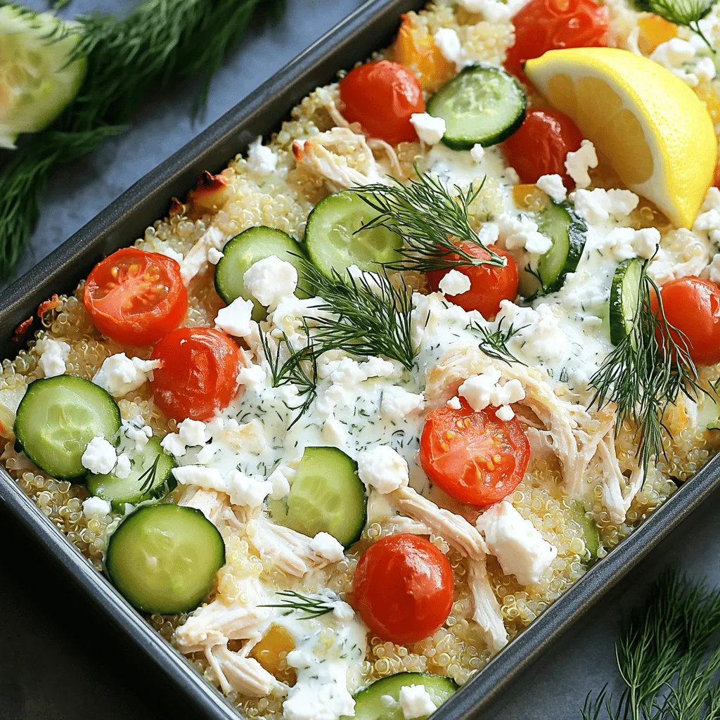 - 2 cups cooked chicken, shredded - 1 cup Greek yogurt - 1 cup cucumber, diced - 1 cup cherry tomatoes, halved - 1 cup cooked quinoa or couscous - 1/2 cup red onion, finely chopped - 1/4 cup fresh dill, chopped - 2 tablespoons lemon juice - 1 tablespoon olive oil - 1 teaspoon garlic powder - Salt and pepper to taste The main ingredients create a delicious base for the casserole. I use cooked chicken for protein and Greek yogurt for creaminess. The cucumbers and cherry tomatoes add freshness. Quinoa or couscous provides a nice texture and makes it filling. Fresh dill and lemon juice add bright flavors that remind me of tzatziki sauce. - 1/2 cup feta cheese, crumbled - 1/2 cup grated mozzarella cheese Cheese adds richness and depth. Feta cheese gives a tangy bite, while mozzarella melts perfectly. Together, they create a delightful topping that melds with the casserole below. - 1/4 cup fresh dill, chopped - 2 tablespoons lemon juice - 1 tablespoon olive oil - 1 teaspoon garlic powder - Salt and pepper to taste Seasonings bring everything to life. The fresh dill and lemon juice enhance the dish's bright flavors. Garlic powder adds a savory kick, while salt and pepper balance the overall taste. Olive oil keeps things moist and adds a touch of richness. For the complete list of ingredients and more, check out the Full Recipe. First, preheat your oven to 375°F (190°C). This step is key to getting a nice bake. A hot oven helps the flavors blend well. Next, grab a large mixing bowl. Add the following ingredients: - 2 cups cooked chicken, shredded - 1 cup Greek yogurt - 1 cup cucumber, diced - 1 cup cherry tomatoes, halved - 1 cup cooked quinoa or couscous - 1/2 cup red onion, finely chopped - 1/4 cup fresh dill, chopped - 2 tablespoons lemon juice - 1 tablespoon olive oil - 1 teaspoon garlic powder - Salt and pepper to taste Mix everything together with a spatula until it looks uniform. This makes sure each bite is full of flavor. Now, take a 9x13-inch casserole dish and lightly grease it. You can use cooking spray or olive oil. Spread the chicken mixture evenly in the dish. This helps it cook evenly. Time to add some cheese! Sprinkle 1/2 cup crumbled feta cheese and 1/2 cup grated mozzarella cheese over the chicken mixture. Make sure to cover it well for a cheesy delight. Cover the casserole dish tightly with aluminum foil. This keeps moisture in while it bakes. Place it in the preheated oven for 25 minutes. After 25 minutes, carefully remove the foil. Bake it for another 10-15 minutes. Look for bubbly cheese and a golden brown top. This is what you want for that perfect finish. Once it’s done, take the casserole out of the oven. Let it cool for about 5 minutes. This helps the flavors settle and makes it easier to serve. Enjoy your Dump-and-Bake Chicken Tzatziki Casserole! For the full recipe, check the details above. You can easily change ingredients to fit your needs. If you're lactose intolerant, use dairy-free yogurt. For a gluten-free option, swap quinoa with rice. If you want a lighter dish, use shredded turkey instead of chicken. You can also add more veggies like bell peppers or spinach for extra nutrition. To get the best texture, do not skip covering the casserole with foil. This keeps the dish moist while baking. After 25 minutes, uncover it to let the cheese brown nicely. Keep an eye on it to avoid burning. Trust me, the cheesy topping makes it perfect! Serve your casserole warm for the best taste. You can add a side salad to balance the meal. A simple mix of greens with lemon vinaigrette works great. Squeeze fresh lemon juice on top to brighten the flavors. For a fun twist, serve it with pita bread for dipping. Enjoy your meal! {{image_4}} You can make this dish vegetarian by omitting the chicken. Instead, use plant-based alternatives like chickpeas or lentils. These options add protein and texture. You can also try tofu for a different flavor. Just make sure to season your substitute well. This keeps the dish tasty and balanced. For a Mediterranean flair, add artichokes or olives. You can also mix in roasted red peppers for extra color. Another great idea is to swap quinoa with bulgur wheat. Each of these ingredients brings a unique taste. They enhance the overall flavor profile of the casserole. Plus, they keep it fresh and exciting. If you love heat, add some chopped jalapeños or crushed red pepper flakes. These will give your casserole a nice spicy kick. You can also try a dash of cayenne pepper for more heat. Just remember to balance the spice with the tzatziki sauce. This adds a creamy contrast to the dish. Adjust the heat to your taste for the best results. To keep your Dump-and-Bake Chicken Tzatziki Casserole fresh, store it in the fridge. Use an airtight container to lock in flavor and moisture. It stays good for about three to four days. Make sure it cools down before you seal it up. This helps prevent sogginess. If you want to enjoy this dish later, freezing works well. Portion the casserole into smaller containers for easy meals. Wrap the container tightly with plastic wrap, then foil. This extra layer protects against freezer burn. It can last up to three months in the freezer. When you're ready to eat, just thaw it in the fridge overnight. To reheat, you can use the oven or microwave. For the oven, preheat to 350°F (175°C). Cover the casserole with foil to keep it from drying out. Heat for about 20-25 minutes, or until it’s hot all the way through. In the microwave, use a microwave-safe dish and cover it loosely. Heat in short bursts, checking often. This keeps the flavors fresh and tasty. It takes about 50 minutes to make this casserole. You need 15 minutes for prep. Then, bake it for 35 minutes. This timing makes it perfect for a quick weeknight meal. Yes, you can use different proteins. Cooked turkey works well in this recipe. You can also use shredded pork or tofu for a vegetarian option. Just ensure the protein is cooked before mixing. This casserole is quite healthy. It has lean protein from chicken and is packed with veggies. Greek yogurt adds creaminess and protein, while quinoa or couscous provides fiber. The fresh ingredients give it vitamins and minerals too. Enjoy this dish knowing it's both tasty and nutritious. For the full recipe, click here. This blog post covered a simple, tasty Dump-and-Bake Chicken Tzatziki Casserole. You learned about the key ingredients, including cooked chicken, Greek yogurt, and fresh veggies. I shared step-by-step instructions for baking this meal perfectly. Plus, I offered tips for substitutions, serving ideas, and storage methods. Try different variations to suit your taste. Making a healthy, easy dish has never been better. Enjoy your cooking journey and share this dish with friends!