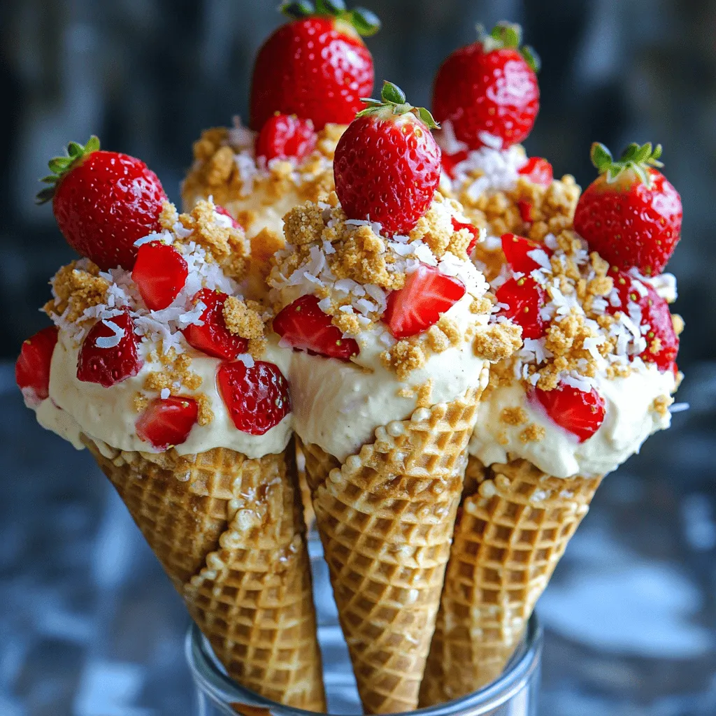 - 1 cup fresh strawberries, diced - 1 tablespoon granulated sugar - 1 teaspoon freshly squeezed lemon juice - 1 cup cream cheese, softened - 1/2 cup powdered sugar - 1 teaspoon pure vanilla extract - 1 cup heavy whipping cream - 1/2 cup crushed graham crackers - 1/4 cup toasted coconut flakes - 4 sugar cones Gathering the right ingredients is key to making Strawberry Crunch Cheesecake Cones. You need fresh strawberries to get that sweet and tangy taste. Start with 1 cup of fresh strawberries. Dice them up, so they mix well with the other ingredients. Then, add 1 tablespoon of granulated sugar. This sugar helps the strawberries release their juices. Also, include 1 teaspoon of freshly squeezed lemon juice for a little zing. Next, we move to the cheesecake mixture. Take 1 cup of cream cheese and let it soften. This makes it easy to mix. To this, add 1/2 cup of powdered sugar. This sugar gives a sweet taste without being gritty. Don't forget 1 teaspoon of pure vanilla extract for flavor. Finally, whip 1 cup of heavy whipping cream until it’s fluffy. This will make your cheesecake light and airy. Now, we need crunchy toppings. For that, grab 1/2 cup of crushed graham crackers. They add a great texture. Next, get 1/4 cup of toasted coconut flakes. They bring a nice crunch and flavor. Lastly, you need 4 sugar cones. These hold everything together and are fun to eat. For the full recipe, check out the complete instructions. Enjoy gathering these tasty ingredients! To start, we need to prepare the strawberries. First, we mix the diced strawberries with sugar and lemon juice. This process is called maceration. It helps the strawberries soften and brings out their sweet juice. Let them sit for about 10 minutes. You will notice how much more flavor they gain during this time. Now, we move on to the cheesecake filling. In a medium mixing bowl, beat the softened cream cheese until smooth. You can use an electric mixer or a sturdy whisk. Next, add the powdered sugar and vanilla extract. Keep mixing until everything is well combined and fluffy. This step is key for a rich and creamy filling. In a separate bowl, pour in the heavy whipping cream. Use a hand mixer or stand mixer to whip it until stiff peaks form. This means the cream should hold its shape well. Be careful not to over-whip. If you do, it can turn into butter, and we don’t want that! Next, we need to combine our ingredients. Gently fold the whipped cream into the cream cheese mixture using a spatula. This keeps the filling light and airy. Then, take the macerated strawberries and carefully fold them into the cheesecake filling. Ensure they are evenly mixed for the best flavor in every bite. Now, it’s time to fill the cones! Take each sugar cone and fill it generously with the cheesecake mixture. You can use a spoon, but a piping bag gives more control and looks nicer. Once filled, sprinkle some crushed graham crackers and toasted coconut flakes on top. This adds a lovely crunch and appearance. You can serve the cones right away for the best taste. If you want, refrigerate them for up to 30 minutes. This will chill them and help the filling firm up a bit. For a fun touch, garnish each cone with a fresh strawberry on top. This adds color and freshness to your delightful treat. For the full recipe, check the details provided earlier. To ensure a light and airy texture, mix the cream cheese until smooth. It should feel soft and fluffy. When adding the whipped cream, fold it in gently. This keeps air in the mixture. For sweetness, taste your filling. If you prefer it sweeter, add more powdered sugar. You can adjust this based on your own taste. For the best flavor, choose fresh sugar cones. They should be crispy and sturdy. If you can't find sugar cones, consider waffle cones or even edible cookie cups. Both options work well and add a fun twist. Get creative with serving your cheesecake cones. You can place them upright in a tall glass or a fun cone holder. This adds height and interest to your dessert table. For decoration, sprinkle extra crushed graham crackers on top. You can also add a fresh strawberry or a mint leaf for color. These small touches make your dessert look extra special. {{image_4}} You can change the fruit in this recipe. Try using blueberries or raspberries instead of strawberries. Each fruit adds a unique twist. You can also mix in flavored extracts. A hint of almond or lemon extract can elevate your cones. If you want a lighter option, use low-fat cream cheese. It still gives a creamy texture but cuts down on fat. You can also swap out regular sugar for sugar substitutes. This change works well for those watching their sugar intake. These cheesecake cones pair nicely with fresh fruit salad or a scoop of sorbet. You can serve them with a sweet tea or sparkling water for a refreshing drink. For special occasions, try displaying them on a colorful platter. Add a few bright flowers to make it festive. You can find the full recipe to get started. To keep your cheesecake cones fresh, store them in the fridge. Place them in an airtight container to prevent drying out. Ideally, enjoy them within two days for the best taste and texture. You can freeze cheesecake cones, but it's best to store the filling and cones separately. Place the filling in a container and freeze it. For the cones, wrap them in plastic wrap. To thaw, move the filling to the fridge overnight. When you're ready, fill the cones for a fresh treat. If you want to serve your cones later, avoid reheating them in the microwave. This can make the cones soggy. Instead, let them sit at room temperature for a bit before serving. This keeps the texture intact and ensures they taste great. Yes, you can make the filling ahead of time. Store it in an airtight container. Keep it in the fridge for up to two days. Just give it a good stir before using. This makes it easy for busy days! If you can't find sugar cones, don't worry! You have options. Look for waffle cones or even chocolate cones. They add a fun twist to your dessert. You can also use small cups if all else fails. To keep your cones crispy, fill them just before serving. You can also coat the inside with chocolate. Let it harden before filling. This creates a barrier against moisture and keeps your cones crunchy. Yes, you can use frozen strawberries! Thaw them first and drain any excess juice. They will still add great flavor. Just remember, they might be a bit softer than fresh ones. Serve the cones upright in a tall glass for a fun display. You can also add a fresh strawberry on top for color. If you want a chill treat, refrigerate them for 30 minutes before serving. This makes them extra refreshing! For the full recipe, check out the earlier section. This blog covered how to make delicious cheesecake cones using fresh ingredients. You learned about preparing strawberries, making the creamy filling, and topping off with crunchy goodies. I shared storage tips, serving suggestions, and variations to make these cones your own. Try different fruit flavors or healthier options to create your perfect treat. With a few simple steps, you can impress friends and family with this fun dessert! Enjoy every bite of your cheesecake cones.