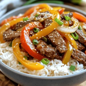 - 1 pound beef sirloin, thinly sliced - 1 bell pepper (any color), sliced into strips - 1 medium onion, sliced into rings - 2 cups cooked jasmine or basmati rice - 3 tablespoons soy sauce - 2 tablespoons sesame oil, divided - 1 tablespoon fresh ginger, minced - 2 cloves garlic, minced - 1 teaspoon freshly ground black pepper - 1 tablespoon sesame seeds - 2 green onions, chopped The main ingredients give your dish a great base. The beef sirloin brings rich flavor and tenderness. A bell pepper adds a bright crunch. The onion gives a sweet taste when cooked. The jasmine or basmati rice holds everything together and soaks up the juices. Next, we have flavor enhancers. Soy sauce adds a salty depth. Sesame oil gives a nutty taste. Fresh ginger and garlic add warmth and spice. Black pepper gives a nice kick. Each enhancer builds the flavor and makes your dish special. Finally, we can't forget the garnishes. Sesame seeds add a delightful crunch. Chopped green onions bring freshness and color. These simple touches complete your meal and make it look appealing. You can find the full recipe for Beef and Pepper Rice Bowls above. Enjoy crafting this delicious dish! To start, you need to marinate the beef. Combine the thinly sliced beef with soy sauce, fresh ginger, and minced garlic in a bowl. Mix it well so the beef gets coated nicely. After mixing, cover the bowl and let it rest for at least 15 minutes. This step helps to enhance the flavor and makes the beef tender. While the beef marinates, focus on the rice. Cook jasmine or basmati rice by following the package directions. Once the rice is cooked, fluff it gently with a fork. Set it aside and keep it warm. Warm rice is key for a great bowl. Next, heat one tablespoon of sesame oil in a large skillet over medium-high heat. Add the sliced onion and bell pepper to the hot oil. Stir-fry them for about 3 to 4 minutes. You want them to be tender but still colorful. Once cooked, remove the vegetables from the skillet and set them aside. In the same skillet, add the remaining tablespoon of sesame oil and heat it until it shimmers. Add the marinated beef in a single layer. Let it sear without stirring for about 2 to 3 minutes. This creates a nice brown crust. After searing, stir-fry the beef for an additional 2 to 3 minutes. Cook it until it is browned and reaches your desired doneness. Now, return the sautéed vegetables to the skillet with the beef. Toss all the ingredients together for about a minute. This step helps to meld the flavors together. Taste your dish and adjust the seasoning with freshly ground black pepper if you like. To serve, take a generous scoop of warm rice and place it in each bowl. Top the rice with the flavorful beef and pepper mixture. For a finishing touch, sprinkle some sesame seeds and chopped green onions on top. These garnishes add freshness and a nice crunch. To ensure tender beef, I recommend using sirloin or flank steak. These cuts are flavorful and cook well. When you cook the beef, avoid overcooking it. Overcooked beef can become tough and chewy. Aim for a nice brown crust and a juicy center. Cooking perfect rice is key to this dish. Always rinse your rice before you cook it. This step removes excess starch and helps keep the grains separate. Consider using a rice cooker for consistent results. Rice cookers make it easy to achieve fluffy rice every time. Feel free to adjust the flavors to suit your taste. If you like heat, add chili flakes for an extra kick. You can also experiment with different types of peppers. Try using jalapeños for spice or sweet bell peppers for a milder taste. Each choice can change the dish in fun ways! {{image_4}} You can easily make this dish vegetarian. Simply substitute the beef with tofu or tempeh. These plant-based proteins soak up flavor well. Use vegetable broth instead of soy sauce for a lighter touch. This keeps the dish tasty and vibrant without meat. If you prefer other proteins, chicken or shrimp work great. Both cook quickly and add unique flavors. Adjust the cooking times as necessary. Chicken will take a bit longer, while shrimp cooks fast. Watch them closely to avoid overcooking. For a twist, try using quinoa or cauliflower rice. Quinoa adds a nutty flavor, while cauliflower rice is low-carb. Adjust seasoning based on the grain type. For example, quinoa may need more salt, while cauliflower rice can use spices for flavor. Store any leftovers in airtight containers in the refrigerator. This keeps them fresh. The beef and pepper rice bowls are best consumed within 3 days. After that, the texture and taste can change. For the best results, reheat in a skillet. This method helps maintain the texture. If you use a microwave, add a splash of water. This prevents the dish from drying out while heating. To freeze, store the beef, peppers, and rice separately. This method keeps the quality high. Use within 2 months for optimal flavor. After this time, the taste may fade. Total prep and cooking time is about 30 minutes. You can easily fit this meal into a busy evening. Yes, you can prepare them in advance, but it's best to store components separately. This helps keep the rice fluffy and the beef tender. Consider serving with a side of steamed vegetables or a fresh salad. These sides add color and health to your meal. Add different vegetables or spices to suit your taste preferences. Try mushrooms, snap peas, or even a spicy sauce for a kick. Use gluten-free soy sauce to make this recipe suitable for a gluten-free diet. This small swap keeps the flavor while meeting dietary needs. You can view the full recipe for Beef & Pepper Rice Bowls above. Enjoy cooking! In this blog post, I shared a simple recipe for Beef and Pepper Rice Bowls. You learned about the key ingredients, step-by-step cooking methods, and tips for success. Whether you choose beef, tofu, or another protein, the flavors can truly shine. Remember, storing and reheating properly keeps the dish fresh. Enjoy making this meal, and feel free to experiment with different ingredients to fit your taste. You now have the tools to create a delicious dish right in your kitchen. Happy cooking!
