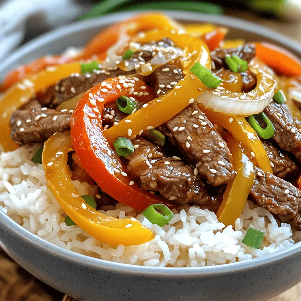 - 1 pound beef sirloin, thinly sliced - 1 bell pepper (any color), sliced into strips - 1 medium onion, sliced into rings - 2 cups cooked jasmine or basmati rice - 3 tablespoons soy sauce - 2 tablespoons sesame oil, divided - 1 tablespoon fresh ginger, minced - 2 cloves garlic, minced - 1 teaspoon freshly ground black pepper - 1 tablespoon sesame seeds - 2 green onions, chopped The main ingredients give your dish a great base. The beef sirloin brings rich flavor and tenderness. A bell pepper adds a bright crunch. The onion gives a sweet taste when cooked. The jasmine or basmati rice holds everything together and soaks up the juices. Next, we have flavor enhancers. Soy sauce adds a salty depth. Sesame oil gives a nutty taste. Fresh ginger and garlic add warmth and spice. Black pepper gives a nice kick. Each enhancer builds the flavor and makes your dish special. Finally, we can't forget the garnishes. Sesame seeds add a delightful crunch. Chopped green onions bring freshness and color. These simple touches complete your meal and make it look appealing. You can find the full recipe for Beef and Pepper Rice Bowls above. Enjoy crafting this delicious dish! To start, you need to marinate the beef. Combine the thinly sliced beef with soy sauce, fresh ginger, and minced garlic in a bowl. Mix it well so the beef gets coated nicely. After mixing, cover the bowl and let it rest for at least 15 minutes. This step helps to enhance the flavor and makes the beef tender. While the beef marinates, focus on the rice. Cook jasmine or basmati rice by following the package directions. Once the rice is cooked, fluff it gently with a fork. Set it aside and keep it warm. Warm rice is key for a great bowl. Next, heat one tablespoon of sesame oil in a large skillet over medium-high heat. Add the sliced onion and bell pepper to the hot oil. Stir-fry them for about 3 to 4 minutes. You want them to be tender but still colorful. Once cooked, remove the vegetables from the skillet and set them aside. In the same skillet, add the remaining tablespoon of sesame oil and heat it until it shimmers. Add the marinated beef in a single layer. Let it sear without stirring for about 2 to 3 minutes. This creates a nice brown crust. After searing, stir-fry the beef for an additional 2 to 3 minutes. Cook it until it is browned and reaches your desired doneness. Now, return the sautéed vegetables to the skillet with the beef. Toss all the ingredients together for about a minute. This step helps to meld the flavors together. Taste your dish and adjust the seasoning with freshly ground black pepper if you like. To serve, take a generous scoop of warm rice and place it in each bowl. Top the rice with the flavorful beef and pepper mixture. For a finishing touch, sprinkle some sesame seeds and chopped green onions on top. These garnishes add freshness and a nice crunch. To ensure tender beef, I recommend using sirloin or flank steak. These cuts are flavorful and cook well. When you cook the beef, avoid overcooking it. Overcooked beef can become tough and chewy. Aim for a nice brown crust and a juicy center. Cooking perfect rice is key to this dish. Always rinse your rice before you cook it. This step removes excess starch and helps keep the grains separate. Consider using a rice cooker for consistent results. Rice cookers make it easy to achieve fluffy rice every time. Feel free to adjust the flavors to suit your taste. If you like heat, add chili flakes for an extra kick. You can also experiment with different types of peppers. Try using jalapeños for spice or sweet bell peppers for a milder taste. Each choice can change the dish in fun ways! {{image_4}} You can easily make this dish vegetarian. Simply substitute the beef with tofu or tempeh. These plant-based proteins soak up flavor well. Use vegetable broth instead of soy sauce for a lighter touch. This keeps the dish tasty and vibrant without meat. If you prefer other proteins, chicken or shrimp work great. Both cook quickly and add unique flavors. Adjust the cooking times as necessary. Chicken will take a bit longer, while shrimp cooks fast. Watch them closely to avoid overcooking. For a twist, try using quinoa or cauliflower rice. Quinoa adds a nutty flavor, while cauliflower rice is low-carb. Adjust seasoning based on the grain type. For example, quinoa may need more salt, while cauliflower rice can use spices for flavor. Store any leftovers in airtight containers in the refrigerator. This keeps them fresh. The beef and pepper rice bowls are best consumed within 3 days. After that, the texture and taste can change. For the best results, reheat in a skillet. This method helps maintain the texture. If you use a microwave, add a splash of water. This prevents the dish from drying out while heating. To freeze, store the beef, peppers, and rice separately. This method keeps the quality high. Use within 2 months for optimal flavor. After this time, the taste may fade. Total prep and cooking time is about 30 minutes. You can easily fit this meal into a busy evening. Yes, you can prepare them in advance, but it's best to store components separately. This helps keep the rice fluffy and the beef tender. Consider serving with a side of steamed vegetables or a fresh salad. These sides add color and health to your meal. Add different vegetables or spices to suit your taste preferences. Try mushrooms, snap peas, or even a spicy sauce for a kick. Use gluten-free soy sauce to make this recipe suitable for a gluten-free diet. This small swap keeps the flavor while meeting dietary needs. You can view the full recipe for Beef & Pepper Rice Bowls above. Enjoy cooking! In this blog post, I shared a simple recipe for Beef and Pepper Rice Bowls. You learned about the key ingredients, step-by-step cooking methods, and tips for success. Whether you choose beef, tofu, or another protein, the flavors can truly shine. Remember, storing and reheating properly keeps the dish fresh. Enjoy making this meal, and feel free to experiment with different ingredients to fit your taste. You now have the tools to create a delicious dish right in your kitchen. Happy cooking!
