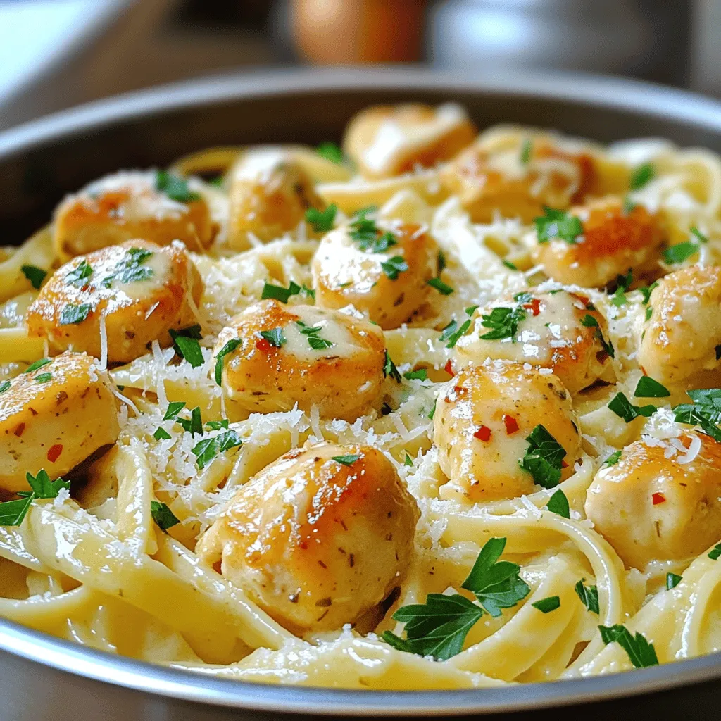 - 1 pound chicken breast, diced into bite-sized pieces - 8 ounces pasta (fettuccine or penne work beautifully) - 4 tablespoons unsalted butter, divided - 4 cloves garlic, finely minced - 1 teaspoon dried oregano - 1 teaspoon dried basil - 1/2 teaspoon red pepper flakes (optional for a touch of heat) - Salt and freshly cracked black pepper, to taste - 1/4 cup freshly grated Parmesan cheese - Fresh parsley, chopped, for garnish When I make Garlic Butter Chicken Bites with Pasta, I love to gather my ingredients first. This helps me see what I have and what I need. Fresh chicken and pasta are key for this dish. The chicken gives protein, while the pasta adds a nice base. For flavor, I always use unsalted butter. This allows me to control the salt. Garlic is a must. It adds depth to the dish. Oregano and basil help bring out the best in the chicken. If you like a kick, add red pepper flakes. Just a little will do! Lastly, don’t forget the garnishes. Fresh parsley brings a bright color and taste. Grated Parmesan cheese adds a creamy finish that ties everything together. All these ingredients create a delightful meal you will enjoy. For the full recipe, check out the details provided. How to Boil and Prepare Pasta To cook pasta, fill a large pot with water and add a pinch of salt. Bring the water to a boil. Once boiling, add the pasta. Stir it gently to prevent sticking. Cook according to the package directions until it is al dente. Tips for Perfectly Cooked Pasta - Always use a large pot for boiling. This helps the pasta move freely. - Stir the pasta occasionally. This keeps it from clumping together. - Taste the pasta a minute before the time is up. This ensures it’s just right. Reserving Pasta Water for Sauce Before draining the pasta, save about 1/4 cup of the cooking water. This starchy water is great for making the sauce creamy and helps it stick to the pasta. Best Practices for Searing Chicken Use a large skillet for searing chicken. Heat 2 tablespoons of butter over medium heat until melted. Then, add the diced chicken, spreading it out evenly. Season with salt and pepper. Achieving the Perfect Golden Brown Cook the chicken without stirring too much. This helps it develop a nice golden color. After about 5-7 minutes, it should be cooked through and beautifully browned. Importance of Garlic in the Recipe Garlic adds a rich, savory flavor that makes this dish shine. It turns fragrant when sautéed, enhancing the overall taste of your meal. Combining Flavors for Optimal Taste After the chicken is golden, add in the minced garlic. Cook it for about one minute. Then, add the herbs and red pepper flakes. This step brings all the flavors together. The dish will smell amazing! For the complete details, check the [Full Recipe]. To make chicken bites tasty, use fresh herbs. I like oregano and basil. They add a nice touch. Red pepper flakes are great for heat, too. Season your chicken well with salt and pepper. This boosts the flavor. Cook the chicken at medium heat for 5-7 minutes. This time lets it brown nicely. If you cook it too fast, the inside may stay raw. If it cooks too slow, it can dry out. After cooking pasta, save some pasta water. This water helps make your sauce creamy. If your sauce is thick, add a splash of water. Stir it in and see how it changes. Avoid adding too much water at once. It’s easy to make the sauce watery. Start with a little, then adjust as needed. For a complete meal, serve the chicken bites with a side salad. A fresh green salad adds crunch and color. You can also pair it with garlic bread for extra flavor. To make your dish look nice, sprinkle some fresh parsley on top. This adds color and freshness. You can also add extra cheese for a richer taste. This dish is versatile, so feel free to play around with sides. You can visit the [Full Recipe] for more ideas. {{image_4}} You can switch the chicken for shrimp or tofu. Shrimp cooks quickly and adds a nice flavor. It takes about 3-5 minutes to cook shrimp. Tofu absorbs flavors well and is a great option for a plant-based meal. If you use tofu, make sure to sauté it until golden brown for a better texture. You can choose gluten-free pasta if you have dietary needs. Many brands now make great gluten-free options that taste good. Whole wheat pasta is another choice. It adds fiber and has a nuttier flavor. You can also try vegetable pasta, which is made from spinach or zucchini. This adds color and extra nutrients. Adding vegetables boosts nutrition and flavor. Good choices are spinach, cherry tomatoes, or bell peppers. You can sauté these with the chicken for a tasty mix. Cook them until they are tender but still bright. This keeps the meal colorful and healthy. Adding veggies makes the dish more filling and fun to eat. For the full recipe, check out the [Full Recipe] link. To keep your garlic butter chicken bites fresh, follow these best practices for refrigeration: - Cool Down: Let the dish cool to room temperature before storing. - Use Airtight Containers: Place leftovers in airtight containers to avoid moisture loss. - Label and Date: Write the date on the container for easy tracking. With proper storage, your dish will last up to three days in the fridge. For the best texture when reheating, consider these tips: - Avoid Microwaving: This can make your pasta mushy. - Use a Skillet: Heat in a skillet over low heat. Add a splash of water or broth to keep it moist. To properly freeze garlic butter chicken bites with pasta, follow these steps: - Cool Completely: Ensure the dish is fully cooled before freezing. - Portion It Out: Divide the dish into single-serving portions for easy thawing. - Use Freezer Bags: Place portions in freezer bags, removing as much air as possible. You can freeze the dish for up to three months. For thawing and reheating, use these instructions: - Thaw Overnight: Place the frozen bag in the fridge overnight. - Reheat in a Skillet: Warm it up slowly in a skillet as mentioned before, adding a splash of water if needed. This method keeps your meal tasty and enjoyable! For the full recipe, check out the detailed instructions. Yes, you can make garlic butter chicken bites with pasta ahead of time. Store leftovers in the fridge for up to three days. To prepare in advance, cook the chicken and sauce. Keep the pasta separate until just before serving. This way, the pasta stays fresh and does not get soggy. When ready to eat, reheat the chicken and mix in the pasta. If you are allergic to garlic, try using shallots or leeks for a milder flavor. They add sweetness and depth without the garlic taste. You can also use garlic-infused oil for a hint of flavor without actual garlic pieces. Adjust other spices like oregano and basil to balance the dish. To make garlic butter chicken bites with pasta healthier, use whole wheat or veggie pasta. This adds fiber and nutrients. Substitute olive oil for butter to reduce saturated fat. You can also use skinless chicken breast for leaner protein. Adding vegetables like spinach or broccoli boosts nutrition and color. This blog post guided you through a tasty chicken and pasta recipe. We covered ingredients, step-by-step cooking methods, and helpful tips for the best results. You learned about different variations and how to store leftovers properly. Remember, flavor comes from choosing the right seasonings and cooking techniques. With this knowledge, you can enjoy a delicious dish at any time. Happy cooking!