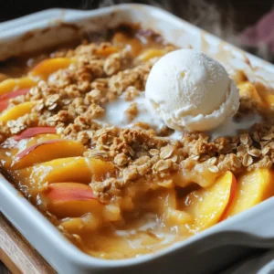 To make a delicious peach crisp, you need some basic ingredients. This dish uses fresh peaches for that sweet, juicy flavor. Here’s what you will need: - 4 cups fresh peaches, peeled and sliced - 1 cup rolled oats - 1/2 cup all-purpose flour - 1/2 cup packed brown sugar - 1/4 cup granulated sugar - 1 teaspoon ground cinnamon - 1/2 teaspoon ground nutmeg - 1/2 cup unsalted butter, melted - 1/4 teaspoon salt - 1 teaspoon pure vanilla extract - Optional: Vanilla ice cream for serving These ingredients create a lovely mix of sweet peaches and crunchy topping. I love the balance of flavors. The spices add warmth, while the butter gives richness. When you bake it, the aroma fills your kitchen and makes your mouth water. You can find the full recipe in the article. It’s easy to follow and great for a family dessert or a cozy night in. Enjoy the process of making this simple treat! First, set your oven to 350°F (175°C). This temperature is key for a great peach crisp. While the oven heats, grab a 9x13 inch baking dish and grease it lightly. This step helps prevent the crisp from sticking. Next, take 4 cups of fresh peaches. Peel and slice them into thin pieces. Place the peaches in a large bowl. Add 2 tablespoons of granulated sugar and 1 teaspoon of vanilla extract. Mix gently until the peaches are well-coated. Then, spread the peach mixture evenly in your greased baking dish. In a separate bowl, mix 1 cup of rolled oats, 1/2 cup of all-purpose flour, 1/2 cup of packed brown sugar, and 1/4 cup of granulated sugar. Add 1 teaspoon of ground cinnamon, 1/2 teaspoon of ground nutmeg, and 1/4 teaspoon of salt. Stir until it is lump-free. Now, pour 1/2 cup of melted unsalted butter over this dry mix. Use a fork or your fingers to stir until it looks crumbly. Sprinkle the oat topping over the peach layer in your baking dish. Make sure to cover all the peaches. Place your dish in the preheated oven. Bake for 30 to 35 minutes. Keep an eye on it. You want the topping to turn golden brown and see the peach juices bubbling. After baking, let it cool for about 10 minutes before serving. Enjoy this warm peach crisp with a scoop of vanilla ice cream! For the full recipe, check out the details above. Choosing the right peach is key. Use ripe, sweet peaches for the best flavor. Yellow peaches add a nice tang, while white peaches bring sweetness. You can mix varieties for more depth. Adjusting spice levels is easy. If you love cinnamon, add more! Don’t be shy with nutmeg either. You can also try adding a pinch of ginger or cardamom for a unique twist. Pair your peach crisp with vanilla ice cream. The cold creaminess balances the warm crisp perfectly. You can also try whipped cream or yogurt for a lighter option. For a beautiful presentation, serve the crisp in individual bowls. Top it with a scoop of ice cream. A sprinkle of cinnamon and a fresh mint leaf make it look fancy. Enjoy this sweet treat! {{image_4}} You can switch up the fruit in your peach crisp. Apples, berries, and even pears work well. Each fruit brings its own taste and texture. For example, tart apples add a nice zing. Berries, like blueberries or raspberries, bring sweetness and color. Mixing fruits creates a fun flavor blend. Try pairing peaches with blackberries for a sweet and tart combo. This keeps things exciting and lets you enjoy seasonal fruits all year long. If you want a gluten-free peach crisp, it’s easy to make some swaps. Use gluten-free flour instead of all-purpose flour. There are many blends available that work great in baking. For oats, check if you need certified gluten-free oats. Some brands process oats with gluten products. Also, you can use almond flour or coconut flour for a different taste. You can even replace the butter with coconut oil for a dairy-free option. This way, everyone can enjoy this delicious dessert! For the full recipe, you can refer to the Sweet and Simple Peach Crisp. After enjoying your peach crisp, store any leftovers properly. First, let it cool to room temperature. Then, cover it tightly with plastic wrap or aluminum foil. This helps keep moisture in and flavors fresh. You can also transfer it to an airtight container. Store it in the refrigerator for up to four days. To keep the crisp fresh longer, avoid exposing it to air. If you want to keep it for more than a few days, consider freezing it. Wrap it well in plastic wrap, then in foil. It can last in the freezer for up to three months. When it’s time to enjoy your leftover peach crisp, reheat it carefully. The best method is to use an oven. Preheat your oven to 350°F (175°C). Place the crisp in an oven-safe dish. Cover it with foil to prevent the topping from burning. Heat for about 15 to 20 minutes. Check if it’s warm throughout. If you want the topping to stay crispy, remove the foil for the last five minutes of reheating. You can also use a microwave, but this may make the topping soft. Microwave in short bursts, checking often to avoid overcooking. Enjoy your peach crisp warm for the best taste! Yes, you can use canned peaches. First, drain them well to remove extra juice. You want the filling not to be too watery. If you like, add a little sugar or cinnamon to enhance the flavor. Canned peaches are sweet, so adjust the sugar in your topping if needed. You can prepare the peach filling and oat topping a day before. Just store them separately in the fridge. When you are ready to bake, spread the peach filling in the dish, add the topping, and then bake. This saves time and keeps it fresh. Peach crisp tastes best warm. Serve it in bowls, topped with a scoop of vanilla ice cream. The cold ice cream melts into the warm crisp, creating a creamy blend. You can also serve it chilled if you prefer. Garnish with a mint leaf or a sprinkle of cinnamon for extra flair. This blog post covered how to make a delicious peach crisp. We discussed the key ingredients, from fresh peaches to oats and spices. You learned step-by-step instructions for baking and tips for perfecting your dish. We also explored variations for different fruits and gluten-free options. In closing, a peach crisp is a simple treat that anyone can enjoy. With fresh ingredients and easy steps, it’s a recipe worth trying.