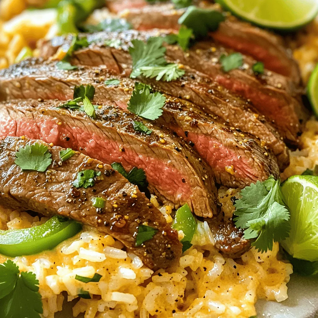 - 1 lb flank steak - 1 cup long-grain white rice - 2 cups beef broth - 1 cup queso blanco cheese, shredded - 1 medium onion, diced - 1 green bell pepper, diced - 2 cloves garlic, minced - 1 teaspoon cumin - 1 teaspoon smoked paprika - 1 tablespoon olive oil - Salt and pepper to taste - Fresh cilantro, for garnish - Lime wedges, for serving For this dish, the flank steak is key. It has great beefy flavor and tender texture. The long-grain white rice serves as a perfect base, soaking up all the tasty juices. Beef broth adds depth and richness, making every bite satisfying. Queso blanco cheese brings the creamy touch. It melts wonderfully, giving that gooey texture we all love. Onions and green bell peppers add crunch and sweetness, making each forkful a joy. Seasonings like garlic, cumin, and smoked paprika elevate the taste. They create a warm and inviting aroma while cooking. Olive oil helps bring it all together, adding a nice finish. Don’t forget the salt and pepper! They are essential for boosting all the flavors. Fresh cilantro gives a pop of color and fresh taste, while lime wedges add a zesty kick. This recipe is all about balance. Each ingredient plays its role in creating a perfect dish. You can find the [Full Recipe] to help you bring this flavorful comfort food to life. - Generously season flank steak with cumin, smoked paprika, salt, and pepper. - Marinate for a minimum of 15 minutes. This step boosts the steak's flavor. - Heat olive oil in a skillet over medium-high heat. - Cook steak for 4-5 minutes on each side. This will yield a nice medium-rare. - Sauté onion and bell pepper in the same skillet for 3-4 minutes. - Add garlic and sauté for another minute. This enhances the dish's aroma. - Toast rice in the skillet for about 2 minutes. Then, add beef broth and bring to a boil. - Stir in shredded queso until it melts and becomes creamy. - Adjust seasoning as needed for taste. - Serve with fresh cilantro and lime wedges for a zesty finish. You can find the complete recipe [Full Recipe]. To get the best steak, choose your cooking method wisely. Grilling, pan-searing, or broiling all work well. Each method gives a unique flavor. For medium-rare, aim for an internal temp of 135°F. Use a meat thermometer for accuracy. Resting your steak is key. Let it sit for at least five minutes after cooking. This helps juices redistribute, making each bite juicy and tender. Fluffy rice is all about technique. Rinse the rice under cold water before cooking. This removes excess starch and keeps your rice light. Use two parts water for every one part rice. A rice cooker makes this task even simpler. Just add rice and water, and let it do the work. The rice will come out perfectly cooked and fluffy every time. Melting cheese can be tricky. To ensure smooth queso, use low heat. High heat can cause it to clump. Stir constantly for even melting. If you see clumps, add a splash of warm milk to loosen it up. This keeps your cheese creamy and delicious. Enjoy your smooth and cheesy Steak & Queso Rice with these easy tips! {{image_4}} You can switch up the meat. If you want a leaner option, try chicken breast or turkey. These cuts work well with the spices and flavors of the dish. If you prefer pork, use pork tenderloin for a different taste. For rice, consider using gluten-free options. Quinoa or cauliflower rice can be great substitutes. Both options add unique textures and flavors. Cauliflower rice is lower in carbs, while quinoa is packed with protein. To amp up the flavor, add spices. A pinch of cayenne or chili powder can bring heat. You can also toss in diced jalapeños for a spicy kick. Mix and match spices to find what you love. Cheese is another fun area to explore. Try using cheddar or pepper jack instead of queso blanco. Each cheese will give a distinct taste and texture. You might even blend different cheeses for a creamy finish. Pair your dish with simple side dishes. A fresh salad or corn on the cob can balance the rich flavors. You can also serve it alongside black beans for a hearty meal. Get creative with how you serve it! Consider making burrito bowls. Layer the steak and queso rice with fresh toppings like avocado, salsa, or sour cream. This adds fun and color to your meal. For the full details, check out the Full Recipe. Enjoy making this meal your own! To store leftovers, cool the steak and queso rice to room temperature. Place it in airtight containers. This keeps it fresh for up to three days. Use glass or plastic containers that seal well. They help prevent air from getting in and drying out your food. Yes, you can freeze steak and queso rice. This makes meal prep easy! First, let it cool completely. Then, portion it into freezer-safe bags or containers. Squeeze out as much air as possible before sealing. To reheat, thaw it in the fridge overnight. You can also use a microwave for quick thawing. For the best taste, reheat on the stove. Add a splash of beef broth or water. This keeps it moist and flavorful. If using a microwave, cover the dish and heat in short bursts. Stir often to avoid hot spots. This way, you won’t dry out your delicious meal. You can simplify the process by prepping ahead. Chop all your veggies and season the steak in advance. You can also use a rice cooker for the rice. This way, you won't have to watch it closely. Another tip is to buy pre-shredded queso cheese. It saves time and effort. Yes, you can. Chicken broth or vegetable broth works well. If you want a richer flavor, use water with added seasoning. You can also try using a mix of salsa and water. This adds a nice twist to the dish. Many sides pair well with steak and queso rice. Consider a fresh salad with lime dressing. Grilled veggies also complement this dish nicely. Another great option is corn on the cob. You can even serve tortilla chips on the side for a fun crunch. In this article, we explored how to make delicious steak and queso rice. We covered essential ingredients, simple cooking steps, and expert tips to enhance your dish. Remember, marinate your steak and choose the right cheese for a creamy finish. Experiment with flavors and make it your own. Whether you stick to the classic recipe or try variations, your meal will impress. Enjoy cooking and sharing this treat with family and friends!