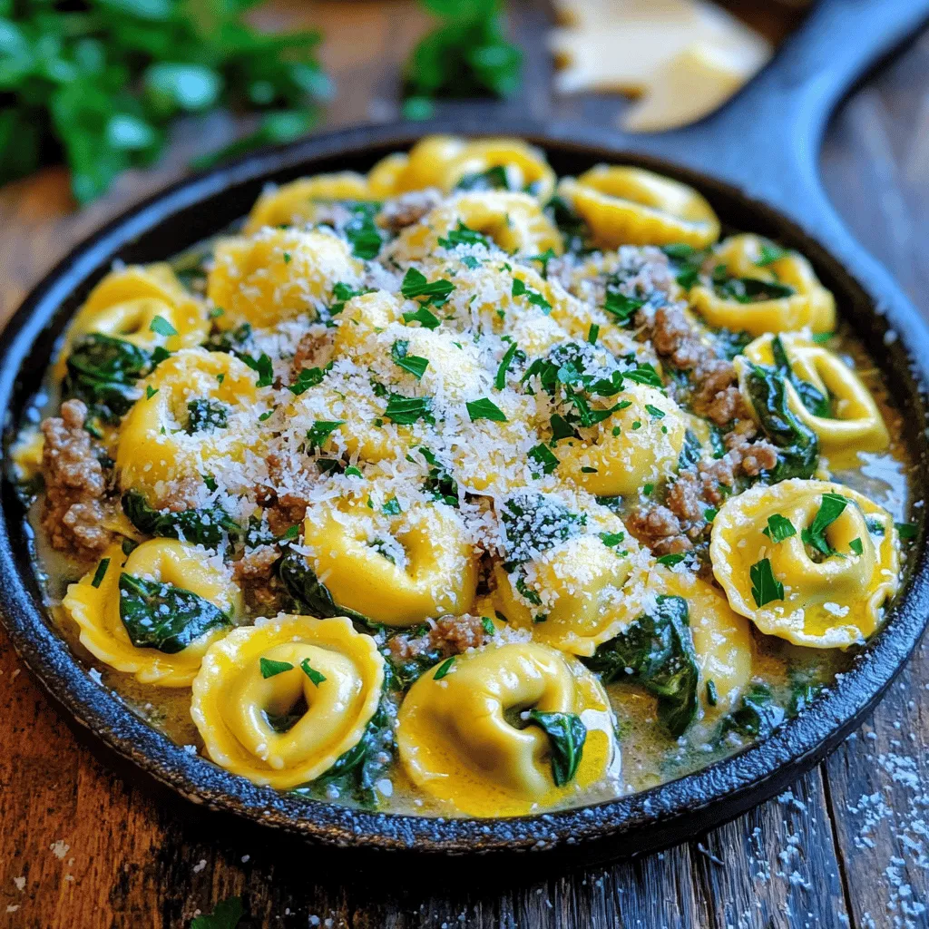 - 12 oz cheese tortellini - 1 lb ground beef - 4 cloves garlic, finely minced - 4 tablespoons unsalted butter - 6 oz fresh spinach, roughly chopped These ingredients form the base of your dish. The cheese tortellini brings a creamy texture. Ground beef adds protein and richness. Garlic and butter create a flavor boost that you can't resist. - 1/2 teaspoon red pepper flakes (optional for heat) - 1 teaspoon Italian seasoning blend - Grated Parmesan cheese, for serving Adding red pepper flakes gives your dish a nice kick. Italian seasoning blend enhances the overall taste. Grated Parmesan cheese on top makes everything taste even better. - Fresh parsley, chopped, for garnish - Lemon wedge Fresh parsley adds a pop of color and freshness. A lemon wedge can brighten flavors and add zest. Use these garnishes to make your dish visually appealing. For the complete recipe, check out the [Full Recipe]. - Boiling Water Preparation: Start with a large pot. Fill it with 4-6 quarts of salted water. Bring it to a rolling boil. The salt adds flavor to the pasta. - Cooking Time and Techniques: Add the cheese tortellini to the boiling water. Cook according to the package instructions, usually 3-5 minutes. Look for the tortellini to float to the top. When they do, they are ready. Drain them well and set aside. - Heat Level for Cooking: Use a large skillet and set it to medium heat. This helps the beef cook evenly. - Identifying Doneness: Add the ground beef to the skillet. Break it into smaller pieces with a spatula. Cook for about 5-7 minutes. The beef should be browned and no longer pink. If you see excess grease, drain it from the pan. - Tips for Garlic Cooking: Turn the heat to low. Push the cooked beef to one side of the skillet. This makes room for the garlic and butter. - Combining Beef and Butter: Add minced garlic and cubes of unsalted butter to the cleared side. Let the butter melt and stir the garlic for 1-2 minutes. Be careful not to let the garlic brown, as it can taste bitter. - Recognizing When Spinach is Done: Stir the garlic butter into the beef. Then, toss in the roughly chopped fresh spinach. Cook for 2-3 minutes, stirring often. The spinach should wilt and become tender. - Optional Spice Incorporation: If you like heat, sprinkle in the red pepper flakes. This adds a nice kick to the dish. - Mixing Ingredients Together: Once the spinach is wilted, add the cooked tortellini to the skillet. Sprinkle with Italian seasoning and season with salt and freshly cracked black pepper. - Heating Tips for Best Flavor: Gently toss everything together for 1-2 minutes. This allows the flavors to meld and ensures everything is heated through. Enjoy this dish as a comforting meal. For the full recipe, refer to the earlier section! To make a great garlic butter sauce, avoid burning the garlic. Burnt garlic tastes bitter and ruins the dish. Cook the garlic over low heat for just 1-2 minutes. Stir it often until it smells amazing. For butter types, I suggest unsalted butter. It lets you control the salt. You can also use ghee for a nutty flavor. You can cook tortellini in a few ways. The best method is boiling. Use a large pot of salted water. This helps the tortellini taste great. Always add enough salt. It should taste like the sea. If you want a twist, you can bake the tortellini. Just mix it with sauce and cheese, then bake until bubbly. How you serve the dish matters. Use a shallow bowl for a rustic look. It lets the colors pop. You can also use a white plate for a clean look. For garnishing, sprinkle fresh parsley on top. Add a lemon wedge for a bright touch. This makes the dish look even more inviting. For the full recipe, check the earlier section. {{image_4}} You can switch out ground beef for ground turkey or chicken. These options are leaner but still tasty. Ground turkey offers a mild flavor, letting the garlic and butter shine. Ground chicken is similar and easily absorbs flavors. For a vegetarian twist, use tofu. Firm tofu soaks up the garlic butter well. Just press and cube the tofu before sautéing. You can also season it with your favorite spices for extra flavor. Add bell peppers or mushrooms for a tasty crunch. Chopped bell peppers bring sweetness and color. Sauté them with the beef until soft. Mushrooms add an earthy flavor. Slice them and cook them in the same skillet until they brown. You can also incorporate kale or other greens. Simply chop the kale and add it with the spinach. It wilts quickly and boosts nutrition. Feel free to mix in any greens you have on hand. Switching up cheese can really change the dish. Try using ricotta or mozzarella instead of Parmesan. Ricotta adds creaminess, while mozzarella melts beautifully. You can also adjust seasonings to your taste. Adding fresh herbs like basil or thyme can brighten the dish. For a spicy kick, toss in some cayenne or chili powder. Experiment to find your perfect blend. For the full recipe, check out the [Full Recipe]. To keep your garlic butter beef and spinach tortellini fresh, use airtight containers. Glass or plastic containers both work well. Make sure to let the dish cool down first. Then, place it in the fridge. Aim to eat leftovers within three days for the best taste. Store your leftovers in the refrigerator at 40°F or lower. This helps keep bacteria away. Keep the tortellini in a well-sealed container. Label the container with the date. This way, you know how long it has been stored. To reheat your dish, you have two main options: microwave or stovetop. - Best Practices for Preserving Texture: When using the microwave, cover the dish loosely. Add a splash of water to keep it moist. Heat in short bursts, stirring in between. This helps prevent uneven heating. - Microwave vs. Stovetop Methods: The stovetop is great for keeping texture. Heat a skillet over medium heat. Add a bit of water or broth. Stir often until hot. This method keeps the tortellini from getting too soft. For long-term storage, you can freeze your tortellini dish. Use freezer-safe bags or containers. Make sure to remove as much air as possible. This helps prevent freezer burn. - Long-Term Storage Solutions: Frozen tortellini can last up to three months. Label the bags with the date. This helps you remember when you put them in the freezer. - Thawing Instructions: When you're ready to eat, thaw the dish in the fridge overnight. If you're in a hurry, you can microwave it on low power. Just make sure to stir occasionally for even thawing. For the full recipe, check out the detailed steps and ingredients! You can use ground turkey or chicken instead of ground beef. Both have a lighter taste. These proteins cook similarly and soak up flavors well. For a plant-based option, try crumbled tofu or lentils. They add a nice texture and protein without meat. Yes, you can prepare this dish ahead. Cook the tortellini and the beef mix separately. Store each in airtight containers in the fridge. When ready to eat, just heat and mix them together. This way, you save time and enjoy fresh flavors. To make this dish gluten-free, choose gluten-free tortellini. Many brands offer tasty options made from rice or corn. Ensure your butter and seasonings are also gluten-free. This way, everyone can enjoy this delicious meal. A fresh salad pairs nicely with this dish. Consider a simple green salad with lemon dressing. Crusty bread also makes a great side. You can dip it in the garlic butter sauce for extra flavor. This recipe for Garlic Butter Beef and Spinach Tortellini is easy and tasty. We covered key ingredients, cooking steps, and ways to enhance flavor. You can tweak it with different proteins and veggies, making it fit for your taste. Proper storage keeps leftovers fresh, while reheating tips help maintain quality. Enjoy this dish for a quick meal or a family dinner. With these tips, your kitchen can shine and your meal can impress!