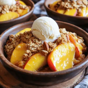 - 6 ripe peaches, pitted and sliced - 1 cup brown sugar, divided - 1 tablespoon fresh lemon juice - 1 teaspoon pure vanilla extract - 1 cup rolled oats - 1/2 cup all-purpose flour - 1/2 cup unsalted butter, melted - 1 teaspoon ground cinnamon - 1/4 teaspoon salt - 1/4 cup chopped pecans (optional) Gathering the right ingredients is key. I love using ripe peaches for their sweet flavor. The brown sugar adds depth, while lemon juice brightens the dish. Vanilla extract gives the crisp a warm aroma. Rolled oats create that perfect crunchy topping. Flour helps bind the topping together. Melted butter is crucial for richness. Ground cinnamon adds a warm spice, and salt enhances all the flavors. Pecans are optional but add a nice crunch. Each ingredient plays a role in creating a delightful summer treat. For the complete method, check the Full Recipe above. 1. Preheat your oven to 350°F (175°C). This step is key for even baking. 2. In a large bowl, mix the sliced peaches with 1/2 cup of brown sugar. Add the lemon juice and vanilla. Toss gently to coat the peaches well. 3. Transfer the peach mixture into a greased 9x13-inch baking dish. Spread the peaches evenly for best cooking. 1. In another bowl, mix rolled oats, the remaining brown sugar, all-purpose flour, melted butter, ground cinnamon, and salt. 2. Blend these ingredients until they look crumbly. If you like, add chopped pecans for extra crunch. 1. Layer the peach mixture with the oat topping in the baking dish. Make sure the peaches are well covered. 2. Place the dish in the oven. Bake for 30-35 minutes. Look for a golden brown topping and bubbling peach juices to know it's ready. For the complete details, check the Full Recipe. Enjoy making this tasty Peach Crisp! To make the best peach crisp, start with ripe, juicy peaches. They bring out the sweet, natural flavor. Look for peaches that give a little when you press them gently. After baking, let the crisp cool for a brief time. This will help the juices settle and make serving easier. Serve your warm peach crisp with a scoop of vanilla ice cream. The cold ice cream melts into the warm fruit, creating a delightful mix. For an extra touch, dust it with cinnamon. This simple addition enhances the flavors and adds warmth. One common mistake is overmixing the topping mixture. Mix just until crumbly. If you blend too much, it turns into a paste. Another mistake is not preheating the oven. This step is key for even baking and a perfect crisp. Always preheat your oven to 350°F (175°C) before you start. Following these tips will lead to a perfect peach crisp every time. For more details, check the Full Recipe. {{image_4}} You can change the fruit in your crisp. Instead of peaches, try apples or berries. Apples give a nice tartness, while berries add a sweet burst. Mixing different fruits can make a fun twist. A mixed fruit crisp can be a hit at any gathering. Just use the same method as the peach crisp. If you need a gluten-free option, oat flour works great. It keeps the crisp texture and taste. You can also swap butter for coconut oil. This makes the dish dairy-free and adds a subtle coconut flavor. Both changes keep your dessert delicious and light. Want to spice things up? Add nutmeg or ginger to your topping. These spices bring warmth and depth to your crisp. You can also add chopped nuts for extra crunch. Pecans or walnuts work well here. They add a nice texture that contrasts with the soft fruit. Explore these variations to make your Peach Crisp unique. For the full recipe, check out Peachy Paradise Crisp. To keep your Peach Crisp fresh in the fridge, let it cool completely. Then, cover it with plastic wrap or aluminum foil. It will stay good for up to four days. If you want to freeze it, cut the crisp into individual portions. Place the pieces in an airtight container or freezer bag. Make sure to label it with the date. Frozen Peach Crisp can last for about three months. For the best taste, reheat your Peach Crisp in the oven. Preheat the oven to 350°F (175°C). Place the crisp in a baking dish and cover with foil. Heat for about 15-20 minutes or until warm. You can also use a microwave for quick reheating. Just warm it for 30-60 seconds. When serving reheated portions, top them with a scoop of vanilla ice cream. This adds creaminess and makes it even better! Enjoy your delicious Peach Crisp again! You can tell your Peach Crisp is ready by looking for a few signs: - The topping should look golden brown. - The peach juices should bubble around the edges. - A toothpick inserted in the topping should come out clean. These signs mean your crisp is perfectly baked. If you see these signs, take it out of the oven. Let it cool a bit before serving. This waiting time helps the juices settle for better flavor. Yes, you can make Peach Crisp ahead of time! Here are some tips: - Prepare the peach mixture and topping separately. - Store them in the fridge for up to a day. - When ready to bake, layer them in the dish and bake. This helps save time when you have guests. You can also make it a day before and simply reheat it. To ripen peaches quickly at home, try these methods: - Place peaches in a paper bag. This traps ethylene gas, speeding up ripening. - Add a ripe banana to the bag for even faster results. - Keep the bag at room temperature, away from direct sunlight. Check them daily. In a few days, you’ll have sweet, ripe peaches for your crisp. Enjoy the process and the delicious results! You now have everything you need for a delicious peach crisp. We covered the ingredients, preparation, tips, variations, storage, and answers to common questions. Enjoy juicy peaches layered with a crunchy topping. Remember to pick ripe fruit for the best taste. You can make this recipe your own by switching fruits or adding spices. The possibilities are endless. Keep this straightforward guide handy for your baking adventures. You’ll impress friends and family with your tasty creation!