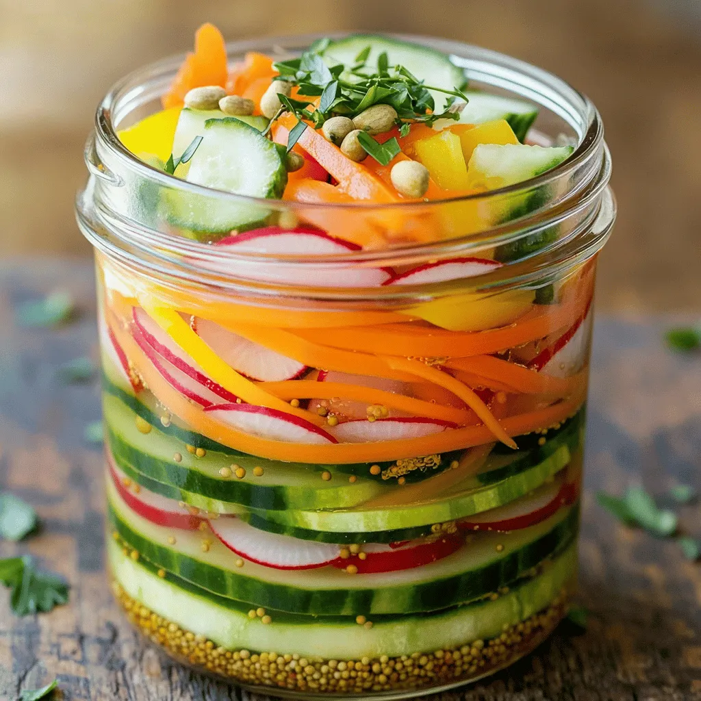 - Cucumbers - Carrots - Radishes - Bell Peppers I love using fresh vegetables for pickling. They add crunch and color to any dish. Here’s a quick list of my favorites: - Cucumbers: They stay crisp and refreshing. - Carrots: Their sweetness shines through the brine. - Radishes: They bring a delightful bite. - Bell Peppers: Use any color you like for a fun look. - Water - Apple Cider Vinegar - Granulated Sugar - Sea Salt The pickling liquid is key to flavor. Here’s what you need: - Water: It helps balance the taste. - Apple Cider Vinegar: This adds tang. - Granulated Sugar: It gives a hint of sweetness. - Sea Salt: This brings out the flavors. - Mustard Seeds - Coriander Seeds - Garlic - Red Pepper Flakes To make the pickles pop, I add some spices: - Mustard Seeds: They add a subtle warmth. - Coriander Seeds: They give a fresh, citrusy note. - Garlic: It enhances the overall taste. - Red Pepper Flakes: Adjust the heat to your liking. For the full recipe, check out the Zesty Quick Pickled Veggies 🥒. First, gather your ingredients. You need water, apple cider vinegar, granulated sugar, and sea salt. In a medium saucepan, combine these four ingredients. Heat the mixture over medium heat. Stir until the sugar and salt dissolve completely. This process takes about 2-3 minutes. Once dissolved, it's time to add flavor. Incorporate mustard seeds, smashed garlic, and red pepper flakes into the brine. Allow this mixture to come to a gentle simmer. Simmer for just 1-2 minutes. This step enhances the taste and brings out the spices. Now, prepare your fresh vegetables. Take a large, heatproof jar or container. Arrange the sliced cucumbers, shredded carrots, radishes, and bell peppers inside. Aim for a colorful mix to make it visually appealing. Pour the warm pickling brine over the vegetables. Make sure all veggies are submerged. If some float, press them down gently. Next, let the jar cool to room temperature. Once cool, seal it with a lid. Place the jar in the refrigerator for at least 2 hours. For the best flavor, let it sit overnight. This allows all the tastes to meld together. Enjoy the crunch and tang of your quick pickled veggies! For the full recipe, refer to the provided details. Choose fresh vegetables that are in season. Seasonal veggies taste better and are often cheaper. For the best crunch, select firm and crisp vegetables. Cucumbers, carrots, radishes, and bell peppers work great for quick pickling. They hold their shape well and absorb flavors nicely. You can change the spice level to fit your taste. Add more or fewer red pepper flakes. If you want it sweeter, increase the granulated sugar. You can also mix in spices like ginger or turmeric for a unique twist. Experiment with what you like best. Serve the quick pickled veggies in their jar to show off their colors. This makes a fun centerpiece at any meal. Add a sprinkle of fresh herbs like dill or parsley on top. This adds a pop of color and flavor. Pair these zesty pickles with grilled meats, salads, or sandwiches for a tasty touch. For the full recipe, check out the Zesty Quick Pickled Veggies section. {{image_4}} You can pick a wide range of veggies for quick pickling. Some great choices are: - Cauliflower - Green beans - Zucchini - Onions These options add unique flavors and colors. You can even mix different vegetables for a fun salad. Seasonal veggies can also inspire your pickling. In summer, use fresh cucumbers and peppers. In fall, try carrots and radishes. Each season brings its own twist to your pickled mix. The pickling liquid is key to great flavor. While apple cider vinegar works well, you can try different vinegars. Some options include: - White wine vinegar - Rice vinegar - Red wine vinegar These can change the taste of your pickles. You can also add herbs and spices to the brine for more flavor. Some favorites are: - Dill - Thyme - Bay leaves Adding these can make your pickles even more special. Quick pickling is fast and easy. It usually takes just a few hours. You heat the brine, pour it over the veggies, and let it sit. Traditional pickling takes longer. It can take days or weeks. This method often deepens the flavor but requires more patience. In terms of taste, quick pickles are fresh and bright. Traditional pickles have a stronger, more complex flavor. Both styles are delicious and worth trying. For a detailed recipe, check out the Full Recipe. Store your quick pickled vegetables in a clean glass jar. I prefer using mason jars for their tight seal. Make sure your jar is large enough to hold all the veggies without crowding. This helps keep them crunchy. Seal the jar tightly to keep out air. This is key for flavor and freshness. If using a lid, ensure it fits well. You can also use plastic wrap under the lid for extra protection. These tangy delights last in the fridge for up to two weeks. The flavors actually get better over time. However, after a week, check for signs of spoilage. Look for any off smells or strange colors. If the liquid looks cloudy, it's best to throw it away. Always trust your senses when it comes to food safety. Quick pickled vegetables can last up to two weeks in the refrigerator. They need to stay cold to keep fresh. Make sure to store them in an airtight container. Always check for any off smells or colors before eating. Yes, you can use other types of vinegar! White vinegar works well, and rice vinegar adds a nice touch too. Each vinegar gives a different flavor. Experiment to find what you like best. Pickled vegetables are rich in vitamins and minerals. They also contain probiotics, which help your gut. Eating them can improve digestion and boost your immune system. Plus, they add a tasty crunch to your meals! You can reuse pickling brine, but do it safely. Make sure the brine has no food bits left in it. Use it for similar vegetables only. If it smells off, throw it away. Always keep food safety in mind. Quick pickling is a fun way to enjoy fresh vegetables. We discussed the best ingredients, like cucumbers and bell peppers, along with how to make a tasty brine. I shared tips on choosing and presenting your veggies and even explored different variations. Finally, knowing how to store your pickled creations helps keep them fresh longer. Pickling opens a world of flavors and possibilities. Enjoy your tasty, crunchy snacks!