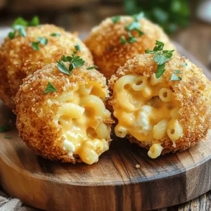 - 2 cups cooked macaroni - 2 cups shredded sharp cheddar cheese - 1/2 cup cream cheese, softened to room temperature - 1/2 cup grated Parmesan cheese The base of our crispy fried mac and cheese balls starts with cooked macaroni. This pasta gives the dish its shape and chewiness. Next, we add shredded sharp cheddar cheese. It melts beautifully and adds that classic mac and cheese flavor. Cream cheese brings a creamy texture, making each bite rich. Lastly, grated Parmesan cheese adds depth and a salty kick. - 1 teaspoon garlic powder - 1/2 teaspoon onion powder - 1/2 teaspoon smoked paprika - Salt and freshly ground black pepper to taste - 2 large eggs, beaten - 1 cup all-purpose flour - 2 cups Panko breadcrumbs (for extra crunch) Seasoning is key. Garlic powder, onion powder, and smoked paprika enhance the flavors. Don't forget salt and pepper to taste! To coat the balls, we will use eggs, flour, and Panko breadcrumbs. The eggs help the breadcrumbs stick. The flour gives a base layer for a crispy exterior. Panko breadcrumbs are light and crunchy, perfect for frying. - Oil for frying (recommended: vegetable or canola oil) Choosing the right oil is important. I recommend using vegetable or canola oil. These oils have a high smoke point, which means they can handle the heat without burning. This helps our mac and cheese balls get that golden, crispy look. Always heat the oil to about 350°F (175°C) for the best results. First, gather your ingredients. In a large mixing bowl, combine the cooked macaroni with the cheeses: sharp cheddar, cream cheese, and Parmesan. This mix creates a creamy and rich flavor. Add your spices: garlic powder, onion powder, and smoked paprika. Don’t forget to sprinkle in some salt and pepper. Use a spatula to mix everything until it’s well blended. You want to ensure that the cheeses and spices coat the macaroni fully for the best taste. Now, cover the bowl with plastic wrap. This step is key! Refrigerate the mixture for at least one hour. Chilling helps the mixture firm up. This makes it easier to shape into balls. If you skip this step, the balls may fall apart when frying. After chilling, it’s time to shape the mixture. Use a tablespoon to scoop out the mixture. Roll it into small balls, about the size of a golf ball. Place the shaped balls on a lined baking sheet. Next, set up your breading station. You’ll need three shallow bowls: one for flour, one for beaten eggs, and one for Panko breadcrumbs. This setup makes breading quick and easy. For each mac and cheese ball, start by coating it in flour. Shake off any extra flour. Then, dip it in the beaten eggs for an even layer. Finally, roll it in the Panko breadcrumbs. Press gently to ensure they stick well. Now your balls are ready for frying! To get that ideal crunch, heat your oil to 350°F (175°C). If the oil is too cool, your mac and cheese balls will soak up excess oil. Fry in small batches. This keeps the oil hot and helps each ball fry evenly. Too many balls at once will lower the temperature and ruin the crispiness. Handling the mac and cheese balls can be tricky. Use flour on your hands to keep the mixture from sticking. If you find the mixture too sticky, chill it a bit longer. This makes shaping easier. Use a spoon to scoop the mixture. Keep your hands wet when rolling the balls to help them hold their shape. Want to add some flair? Try mixing in spices like cayenne pepper for heat or Italian seasoning for a herby touch. Top your fried balls with fresh herbs or a sprinkle of Parmesan after frying. You can also serve them with different sauces. Marinara is classic, but ranch or spicy aioli can add a fun twist. Always feel free to experiment with flavors to make them your own. {{image_4}} You can switch up the cheese in your mac and cheese balls. Sharp cheddar is great, but you can try others too. Think about mozzarella for a gooey center or gouda for a smoky twist. Mixing different cheeses can create unique flavors. A blend of cheddar and Monterey Jack gives a creamy texture. Experiment with blue cheese for a bold taste. The choice is yours! Frying gives a crispy outside, but baking is a healthier choice. If you want to bake, coat the balls with oil and place them on a baking sheet. Bake at 400°F for about 20 minutes, turning halfway through. They won’t be as crispy as fried, but they will still be tasty. Both options offer a delicious snack! Add a twist to your mac and cheese balls with fun ingredients! Crumbled bacon adds a smoky crunch. Diced jalapeños bring heat and flavor. Fresh herbs like chives or parsley can brighten the dish. You can even add sun-dried tomatoes for a Mediterranean flair. Mix and match your favorites to make each batch unique. The possibilities are endless! For the full recipe, check out Crispy Fried Mac and Cheese Balls! To keep leftover crispy fried mac and cheese balls fresh, place them in an airtight container. Make sure they cool to room temperature first. Store them in the fridge for up to three days. Use parchment paper between layers if stacking. This helps prevent sticking. When it's time to eat your leftovers, you want them crispy again. Preheat your oven to 375°F (190°C). Place the mac and cheese balls on a baking sheet. Bake for about 10-15 minutes until crispy. This method keeps the outside crunchy while warming the inside. Avoid using the microwave, as it can make them soggy. For longer storage, freeze the mac and cheese balls. After shaping them, place them on a baking sheet in a single layer. Freeze for about an hour until firm. Then, transfer to a freezer-safe bag or container. Seal tightly and label with the date. They can last for up to three months. When ready to eat, cook from frozen, frying directly in hot oil for a crispy treat. For the complete recipe, check out the full recipe link. Dipping sauces can make or break your dish. Here are some great options: - Marinara Sauce: A classic choice that balances the cheese. - Ranch Dressing: Creamy and tangy, it adds a nice kick. - Buffalo Sauce: For those who like a spicy twist. - Honey Mustard: Sweet and tangy, a unique pairing. - Sriracha Aioli: A creamy sauce with a spicy kick. Feel free to mix and match. Try new sauces to find your favorite! Yes, you can prepare these mac and cheese balls ahead of time. Here’s how: 1. Make the Mixture: Follow the recipe steps until you form the balls. 2. Chill: Place them on a tray and freeze until firm. 3. Store: Transfer them to a freezer bag for longer storage. 4. Fry Later: When ready, fry them straight from the freezer. Just add a minute or two to the cooking time. This way, you can enjoy a fresh snack anytime! Yes, you can easily make this recipe vegetarian or vegan. Here are some simple swaps: - Cheese: Use plant-based cheese or nutritional yeast for a cheesy flavor. - Cream Cheese: Substitute with cashew cream or a vegan cream cheese. - Eggs: Replace eggs with a flaxseed mixture or unsweetened applesauce. These changes keep the flavor while making it suitable for more diets! In this article, we covered how to make crispy fried mac and cheese balls. You learned about the main ingredients, how to prepare and chill the cheese mixture, and tips for perfecting the frying process. You also discovered various ways to customize your recipe and store leftovers. Enjoy making this delicious snack. Remember to have fun experimenting with flavors and textures. With these tips, you can create a tasty treat that everyone will love!