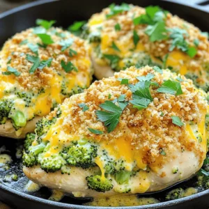 To make Broccoli Cheese Stuffed Chicken, you need these simple ingredients: - Boneless, skinless chicken breasts (4 pieces) - Broccoli florets (1 cup, blanched) - Sharp cheddar cheese (1 cup, shredded) - Cream cheese (1/2 cup, softened) - Garlic (1/4 cup, minced) - Seasonings (black pepper and sea salt) - Extra virgin olive oil (1 tablespoon) - Breadcrumbs (optional, for topping) - Fresh parsley (for garnish) These ingredients blend well to create a rich, cheesy filling. The sharp cheddar gives a strong flavor, while the cream cheese adds creaminess. Blanching the broccoli keeps it bright and crisp, which balances the dish. Using fresh garlic adds a nice punch. Seasoning the chicken with black pepper and sea salt enhances its flavor. If you like some crunch, add breadcrumbs on top before baking. The fresh parsley at the end not only looks good but also adds a fresh taste. For the full recipe, check out the [Full Recipe]. - Preheat your oven to 375°F (190°C). This helps cook the chicken evenly. - Prepare the filling by mixing the broccoli, cheeses, garlic, and seasonings in a bowl. You want a creamy texture that holds together well. - Cut pockets into each chicken breast. Make the cuts in the thickest part, but don’t cut all the way through. - Sear the chicken in olive oil over medium heat until it turns golden brown. This should take about 3 to 4 minutes on each side. - If you want a crunchy topping, sprinkle breadcrumbs on top of the stuffed chicken. - Transfer the skillet to the preheated oven. Bake the chicken for 20 to 25 minutes. Check that the chicken reaches an internal temperature of 165°F (75°C). - After baking, let the chicken rest for 5 minutes. This keeps the meat juicy. - Just before serving, garnish the chicken with fresh parsley. It adds a nice touch and color. - Use a meat thermometer to ensure chicken is cooked through. It should reach 165°F (75°C). - Allow resting time for juicier chicken. Resting helps keep the juices inside. - Substitute different cheeses or vegetables in the filling. Try mozzarella or spinach for a twist. - Adjust spiciness with added ingredients. Red pepper flakes or jalapeños can add heat. - Plate with a balsamic glaze drizzle for a touch of elegance. It adds flavor and flair. - Pair with sides for a complete meal. Steamed vegetables or a fresh salad work well. Enjoy the process! For more details, check the Full Recipe. {{image_4}} You can make this dish your own by changing some ingredients. Using spinach instead of broccoli adds a new twist. Spinach gives a different taste and pairs well with cheese. You might also try using different types of cheese. Mozzarella brings a mild flavor, while gouda adds a nutty touch. Both options can create a unique taste experience. If you need to make this meal fit specific diets, you have options. For gluten-free needs, you can use gluten-free breadcrumbs or skip the topping altogether. This keeps the dish light but still tasty. If dairy is a concern, there are many dairy-free cheese and cream cheese options available. These swaps allow everyone to enjoy this delicious meal. Checking labels is key to ensuring the alternative products work for your needs. To refrigerate leftovers, let the chicken cool first. Place the stuffed chicken in an airtight container. This keeps it fresh and prevents odors. Use glass or plastic containers with tight lids. You can store it in the fridge for up to three days. For long-term storage, freezing works well. Wrap each stuffed chicken breast tightly in plastic wrap. Then, place them in a freezer-safe bag or container. This helps keep out air and avoid freezer burn. You can freeze the chicken for up to three months. To thaw, move the chicken from the freezer to the fridge. Let it thaw overnight. This keeps the chicken safe and tasty. When reheating, you want to keep the chicken moist. The best way is to use the oven. Preheat your oven to 350°F (175°C). Place the chicken in a baking dish. Add a splash of chicken broth or water to help with moisture. Cover the dish with foil. Heat for about 20 minutes or until warmed through. This keeps your chicken juicy and delicious. Can I use frozen broccoli for this recipe? Yes, you can use frozen broccoli. Just thaw and drain it well before mixing. This helps avoid excess water in the filling. How can I tell when the chicken is properly cooked? Use a meat thermometer to check the chicken. It should reach 165°F (75°C) in the thickest part. This ensures it's safe to eat. What sides pair well with Broccoli Cheese Stuffed Chicken? Great sides include steamed rice, roasted potatoes, or a fresh salad. These add color and balance to your meal. How to adjust cooking time for thicker chicken breasts? For thick chicken, bake longer. Add about 5-10 minutes to baking time. Always check with a thermometer for safety. Can I make this dish ahead of time? Yes, you can prepare the chicken and filling ahead. Stuff the chicken, cover, and refrigerate for up to 24 hours before cooking. Can I grill the stuffed chicken instead of baking it? Yes, grilling works well! Just sear the chicken on medium heat, then cook until fully done. Keep the grill lid closed for even cooking. Is it possible to cook the chicken in an air fryer? Absolutely! Preheat the air fryer to 375°F (190°C). Cook for about 15-18 minutes, checking for doneness as you go. In this article, we explored a tasty recipe for Broccoli Cheese Stuffed Chicken. You learned about the key ingredients, step-by-step cooking methods, tips for better results, and storage advice. Remember, you can personalize this dish by swapping veggies or cheeses. Cooking should be creative and fun. Don't hesitate to try new ideas or methods. With these tips, you can make a delicious meal that impresses everyone. Enjoy your cooking journey and happy eating!