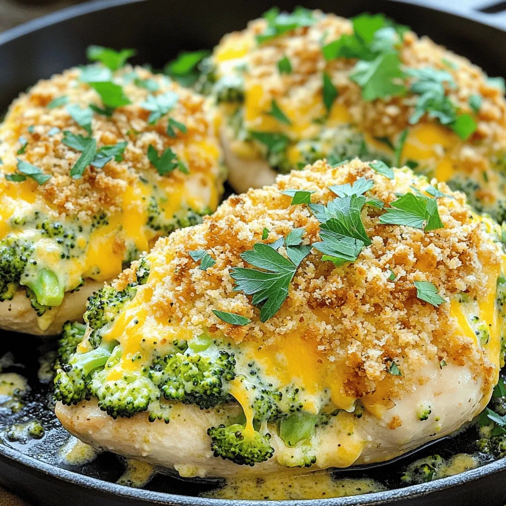 To make Broccoli Cheese Stuffed Chicken, you need these simple ingredients: - Boneless, skinless chicken breasts (4 pieces) - Broccoli florets (1 cup, blanched) - Sharp cheddar cheese (1 cup, shredded) - Cream cheese (1/2 cup, softened) - Garlic (1/4 cup, minced) - Seasonings (black pepper and sea salt) - Extra virgin olive oil (1 tablespoon) - Breadcrumbs (optional, for topping) - Fresh parsley (for garnish) These ingredients blend well to create a rich, cheesy filling. The sharp cheddar gives a strong flavor, while the cream cheese adds creaminess. Blanching the broccoli keeps it bright and crisp, which balances the dish. Using fresh garlic adds a nice punch. Seasoning the chicken with black pepper and sea salt enhances its flavor. If you like some crunch, add breadcrumbs on top before baking. The fresh parsley at the end not only looks good but also adds a fresh taste. For the full recipe, check out the [Full Recipe]. - Preheat your oven to 375°F (190°C). This helps cook the chicken evenly. - Prepare the filling by mixing the broccoli, cheeses, garlic, and seasonings in a bowl. You want a creamy texture that holds together well. - Cut pockets into each chicken breast. Make the cuts in the thickest part, but don’t cut all the way through. - Sear the chicken in olive oil over medium heat until it turns golden brown. This should take about 3 to 4 minutes on each side. - If you want a crunchy topping, sprinkle breadcrumbs on top of the stuffed chicken. - Transfer the skillet to the preheated oven. Bake the chicken for 20 to 25 minutes. Check that the chicken reaches an internal temperature of 165°F (75°C). - After baking, let the chicken rest for 5 minutes. This keeps the meat juicy. - Just before serving, garnish the chicken with fresh parsley. It adds a nice touch and color. - Use a meat thermometer to ensure chicken is cooked through. It should reach 165°F (75°C). - Allow resting time for juicier chicken. Resting helps keep the juices inside. - Substitute different cheeses or vegetables in the filling. Try mozzarella or spinach for a twist. - Adjust spiciness with added ingredients. Red pepper flakes or jalapeños can add heat. - Plate with a balsamic glaze drizzle for a touch of elegance. It adds flavor and flair. - Pair with sides for a complete meal. Steamed vegetables or a fresh salad work well. Enjoy the process! For more details, check the Full Recipe. {{image_4}} You can make this dish your own by changing some ingredients. Using spinach instead of broccoli adds a new twist. Spinach gives a different taste and pairs well with cheese. You might also try using different types of cheese. Mozzarella brings a mild flavor, while gouda adds a nutty touch. Both options can create a unique taste experience. If you need to make this meal fit specific diets, you have options. For gluten-free needs, you can use gluten-free breadcrumbs or skip the topping altogether. This keeps the dish light but still tasty. If dairy is a concern, there are many dairy-free cheese and cream cheese options available. These swaps allow everyone to enjoy this delicious meal. Checking labels is key to ensuring the alternative products work for your needs. To refrigerate leftovers, let the chicken cool first. Place the stuffed chicken in an airtight container. This keeps it fresh and prevents odors. Use glass or plastic containers with tight lids. You can store it in the fridge for up to three days. For long-term storage, freezing works well. Wrap each stuffed chicken breast tightly in plastic wrap. Then, place them in a freezer-safe bag or container. This helps keep out air and avoid freezer burn. You can freeze the chicken for up to three months. To thaw, move the chicken from the freezer to the fridge. Let it thaw overnight. This keeps the chicken safe and tasty. When reheating, you want to keep the chicken moist. The best way is to use the oven. Preheat your oven to 350°F (175°C). Place the chicken in a baking dish. Add a splash of chicken broth or water to help with moisture. Cover the dish with foil. Heat for about 20 minutes or until warmed through. This keeps your chicken juicy and delicious. Can I use frozen broccoli for this recipe? Yes, you can use frozen broccoli. Just thaw and drain it well before mixing. This helps avoid excess water in the filling. How can I tell when the chicken is properly cooked? Use a meat thermometer to check the chicken. It should reach 165°F (75°C) in the thickest part. This ensures it's safe to eat. What sides pair well with Broccoli Cheese Stuffed Chicken? Great sides include steamed rice, roasted potatoes, or a fresh salad. These add color and balance to your meal. How to adjust cooking time for thicker chicken breasts? For thick chicken, bake longer. Add about 5-10 minutes to baking time. Always check with a thermometer for safety. Can I make this dish ahead of time? Yes, you can prepare the chicken and filling ahead. Stuff the chicken, cover, and refrigerate for up to 24 hours before cooking. Can I grill the stuffed chicken instead of baking it? Yes, grilling works well! Just sear the chicken on medium heat, then cook until fully done. Keep the grill lid closed for even cooking. Is it possible to cook the chicken in an air fryer? Absolutely! Preheat the air fryer to 375°F (190°C). Cook for about 15-18 minutes, checking for doneness as you go. In this article, we explored a tasty recipe for Broccoli Cheese Stuffed Chicken. You learned about the key ingredients, step-by-step cooking methods, tips for better results, and storage advice. Remember, you can personalize this dish by swapping veggies or cheeses. Cooking should be creative and fun. Don't hesitate to try new ideas or methods. With these tips, you can make a delicious meal that impresses everyone. Enjoy your cooking journey and happy eating!