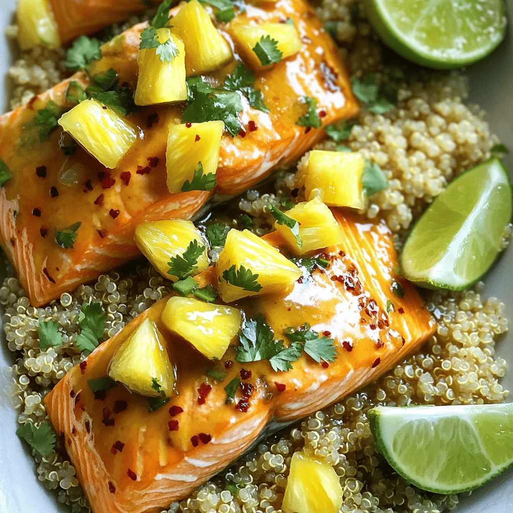 To make honey pineapple salmon, gather these fresh ingredients: - 4 salmon fillets - 1 cup fresh pineapple, diced into small pieces - 1/4 cup honey - 2 tablespoons soy sauce - 2 tablespoons extra virgin olive oil - 2 cloves garlic, finely minced - 1 teaspoon fresh ginger, finely grated - Sea salt and freshly cracked black pepper to taste - Fresh cilantro leaves, for garnish - Lime wedges, for serving Each ingredient brings something special to your dish. Here’s how they help: - Salmon: Packed with omega-3 fatty acids, salmon supports heart health and brain function. - Pineapple: This sweet fruit is rich in vitamin C, aiding digestion and boosting immunity. - Honey: A natural sweetener, honey has antioxidants and can soothe a sore throat. - Soy Sauce: It adds umami flavor and is low in calories, enhancing taste without extra fat. - Olive Oil: A great source of healthy fats, olive oil supports skin health and cholesterol levels. - Garlic: Known for its immune-boosting properties, garlic can reduce blood pressure and cholesterol. - Ginger: This spice helps with digestion and can reduce nausea. - Cilantro: Rich in vitamins A and K, cilantro adds flavor and may help detoxify the body. - Lime: A good source of vitamin C, lime adds brightness and aids in iron absorption. If you need to swap ingredients, here are some options: - Salmon: Use trout or tilapia for a different fish experience. - Pineapple: Try mango or peaches for a sweet twist. - Honey: Maple syrup or agave nectar works well for a vegan option. - Soy Sauce: Coconut aminos can be a gluten-free alternative. - Olive Oil: Avocado oil can substitute for a higher smoke point. - Garlic: Garlic powder can be used if you don’t have fresh garlic. - Ginger: Dried ginger works, but use less than fresh. - Cilantro: Parsley can replace cilantro if you prefer a milder taste. - Lime: Lemon juice can stand in for lime for a similar tang. This dish is easy to make and full of flavor. You can find the full recipe for honey pineapple salmon above! To create a tasty Honey Pineapple Salmon, you need to follow some clear steps. Start by preheating your oven to 400°F (200°C). This helps cook the salmon evenly. Next, mix your marinade. In a medium bowl, combine fresh pineapple, honey, soy sauce, olive oil, minced garlic, and grated ginger. Whisk them well until they blend nicely. This marinade gives your salmon a sweet and tangy flavor. Now, let’s prepare the salmon. Pat each salmon fillet dry with a paper towel. This helps the marinade stick better. Season both sides of the fillets with sea salt and freshly cracked black pepper. This adds a nice flavor base. After seasoning, place the salmon fillets in a baking dish. Pour the marinade over the top, making sure to coat each fillet evenly. It’s great to let the salmon marinate for 15-20 minutes at room temperature. This allows the flavors to soak in well. For a fun twist, sprinkle some extra diced pineapple on top of each fillet just before baking. Next, bake the salmon in your preheated oven for 15-20 minutes. You want the salmon to be opaque and flake easily with a fork. Keep an eye on it. You don’t want to overcook it, as that can make it dry. Once done, take it out and let it rest for a minute. Garnish with freshly chopped cilantro for a pop of color. Serve with lime wedges on the side for a zesty kick. You can find the complete steps in the Full Recipe. Enjoy your delicious, homemade Honey Pineapple Salmon! To get the best flavor from your Honey Pineapple Salmon, focus on the marinade. The mix of honey, soy sauce, and fresh pineapple gives a sweet and savory taste. Let the salmon marinate for at least 15 minutes. This time helps the salmon soak in all that goodness. Also, don’t skip the garlic and ginger; they add depth to the dish. For a twist, you can add a pinch of chili flakes for a slight kick. One common mistake is overcooking the salmon. Keep an eye on it while it bakes. Salmon should be opaque and flake easily with a fork. Another mistake is not seasoning enough. A good amount of salt and pepper is key for great taste. Lastly, don’t rush the marinating process. Skipping this step means missing out on fantastic flavors. Pairing your Honey Pineapple Salmon with the right sides is crucial. Here are some tasty options: - Steamed rice or quinoa for a hearty base - Fresh green salad with a light vinaigrette - Roasted vegetables like asparagus or broccoli to complement the salmon - A refreshing cucumber salad to balance the sweetness These combinations not only enhance the meal but also add color to your plate. Check out the Full Recipe for more ideas! {{image_4}} You can switch up the flavors in this dish easily. Try using other fruits like mango or peach instead of pineapple. They bring a sweet tang that pairs well with salmon. For a different sauce, use maple syrup instead of honey. It gives a richer taste. Soy sauce can also be swapped for teriyaki sauce for a sweet and savory mix. If you want a kick, add red pepper flakes or fresh chili to the marinade. When serving Honey Pineapple Salmon, think about sides that balance the flavors. Here are some ideas: - Steamed jasmine rice - Quinoa with herbs - Grilled asparagus - Roasted sweet potatoes You can also serve a fresh salad with lime vinaigrette. This adds brightness and freshness to your meal. For a festive touch, garnish with extra pineapple chunks and fresh cilantro. You can cook this salmon in several ways. Grilling adds a smoky flavor that enhances the dish. To grill, just preheat your grill to medium-high heat. Cook the salmon for about 6-8 minutes per side. For pan-searing, heat a skillet over medium heat with olive oil. Sear each side for about 4-5 minutes until golden brown. Baking is the easiest method and keeps the salmon moist. Each method brings out different tastes, so feel free to experiment! For the full recipe, check out the [Full Recipe]. To store leftover honey pineapple salmon, first let it cool. Place the salmon in an airtight container. Make sure to cover it well to keep it fresh. Store the container in the fridge. It will last for about 3 days. Keep an eye on the salmon. If it smells off, it’s best to discard it. When reheating your salmon, use the oven for the best taste. Preheat the oven to 350°F (175°C). Place the salmon on a baking sheet. Cover it loosely with foil to keep it moist. Heat for about 10 minutes or until warm. Avoid using the microwave, as it can dry out the fish. If you want to freeze honey pineapple salmon, wrap it tightly in plastic wrap. Then, place it in a freezer-safe bag. Label the bag with the date. You can freeze it for up to 3 months. When ready to eat, thaw it in the fridge overnight. Reheat as mentioned above for the best flavor. You can add heat to Honey Pineapple Salmon by mixing in red pepper flakes or sriracha. A teaspoon of either will give it a nice kick. You can also add jalapeños to the marinade or sprinkle some on top before cooking. Just remember to adjust the amount based on your spice level. Yes, you can use frozen salmon for this recipe. Just make sure to thaw it properly first. The best way to thaw salmon is to leave it in the fridge overnight. If you're short on time, you can place it in a sealed bag and submerge it in cold water for 30 minutes. Thawed salmon works well with the marinade. To check if salmon is cooked, look for a few signs. The fish should turn opaque and flake easily with a fork. You can also use a food thermometer. Salmon is done when it reaches an internal temperature of 145°F (63°C). This ensures a safe and tasty meal. Honey Pineapple Salmon lasts about 3 to 4 days in the fridge. Make sure to store it in an airtight container to keep it fresh. If you want it to last longer, consider freezing it. Properly frozen salmon can last up to 3 months. Just remember to thaw it before reheating. This post explored making Honey Pineapple Salmon. We covered key ingredients and their benefits. I provided detailed cooking steps and important tips for great flavor. You learned about variations and how to store leftovers. In summary, you can make this dish your own. Feel free to tweak ingredients and methods. Enjoy trying this recipe and sharing it with friends!