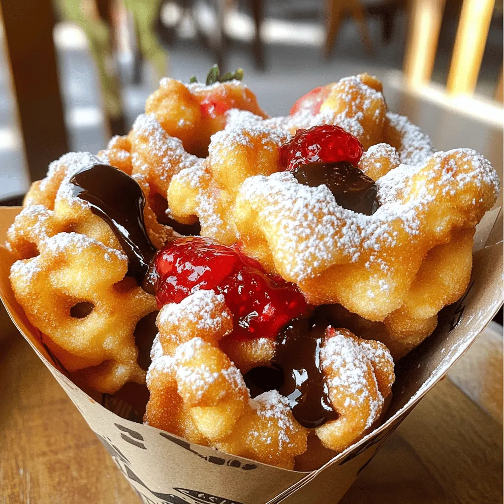 To make funnel cake bites, you need a mix of simple ingredients. You can create a rich and tasty treat that everyone will love. The recipe takes about 30 minutes. You can serve these bites for parties or family gatherings. Here’s a closer look at what you need: - 1 cup all-purpose flour - 2 tablespoons granulated sugar - 1/2 teaspoon baking powder - 1/4 teaspoon baking soda - 1/4 teaspoon salt - 1 large egg - 1 cup buttermilk - 1 teaspoon vanilla extract - Oil for frying (such as vegetable or canola) - Powdered sugar for dusting Each ingredient plays a key role. The flour gives structure, while sugar adds sweetness. Baking powder and baking soda make the bites fluffy. The egg helps bind everything, and buttermilk gives a nice tang. You can make your funnel cake bites even more fun with toppings. Here are some ideas: - Rich chocolate sauce - Homemade strawberry jam - Fluffy whipped cream These toppings add flavor and let you customize each bite. You can even set up a topping station for your guests. They will love making their own creations! Start by gathering your ingredients. You will need flour, sugar, baking powder, baking soda, salt, an egg, buttermilk, and vanilla. Sift the flour and dry ingredients in a bowl to mix them well. In another bowl, whisk the egg, buttermilk, and vanilla until smooth. Combine the wet mix into the dry mix. Stir gently until just mixed; lumps are okay! Heat about two inches of oil in a pot over medium heat. Aim for 350°F (175°C). Use a thermometer for best results. Fill a piping bag or squeeze bottle with your batter. Drizzle the batter into the hot oil in spiral shapes. Make small bites, around 2-3 inches wide. Fry for 1-2 minutes, turning them for even cooking. Look for a golden brown color. For crispy bites, make sure the oil is hot enough. If it’s too cool, the bites will soak up oil and become soggy. After frying, let the bites rest on paper towels to drain excess oil. Dust them with powdered sugar while warm. This keeps them light and adds sweetness. You can also set up a topping bar with chocolate sauce or strawberry jam for extra fun! To keep your funnel cake bites crispy, serve them right after frying. If you let them sit too long, they can get soggy. You can also use a wire rack instead of paper towels to cool them. This way, air flows around and keeps them crispy. Another tip is to avoid stacking them. If they pile up, moisture builds up and ruins the crunch. One common mistake is frying at the wrong temperature. If the oil is too cool, they absorb too much oil and become greasy. If too hot, they burn on the outside while staying raw inside. Always use a kitchen thermometer to check the oil temperature. Another mistake is overmixing the batter. A few lumps are okay. Overmixing makes the bites tough instead of light and airy. When frying, always add a few bites at a time. This helps keep the oil temperature steady. If you drop too many in, the oil cools down and changes the cooking time. Also, use a slotted spoon to turn the bites gently. This helps them cook evenly. Finally, keep an eye on the color. Look for a golden brown, which means they’re just right. For the full recipe and more tips, check out the Full Recipe. {{image_4}} You can make funnel cake bites even more fun by adding flavor. Try mixing in - 1 teaspoon of cinnamon for warmth. - 1 teaspoon of cocoa powder for a chocolate twist. - 1/2 cup of blueberries for a fruity option. These ingredients blend well and give your bites a unique taste. Toppings can change the game for funnel cake bites. While powdered sugar is classic, consider these options: - Rich chocolate sauce for a sweet finish. - Homemade strawberry jam for a fruity burst. - Creamy whipped cream for extra richness. - Chopped nuts for a crunchy texture. Feel free to mix and match to find your favorite combo! You can still enjoy funnel cake bites if you need a gluten-free choice. Simply swap the all-purpose flour with gluten-free flour. Many brands work well and can give you that crispy texture you want. Just check for a blend that contains xanthan gum for the best result. This way, everyone can join in on the fun! For the full recipe, refer back to the beginning of this article. Store leftover funnel cake bites in an airtight container. Keep them in the fridge for up to three days. To prevent them from getting soggy, place a paper towel at the bottom of the container. This helps absorb extra moisture. If you want them to stay crispy, avoid stacking them too high. To reheat, preheat your oven to 350°F (175°C). Place the funnel cake bites on a baking sheet. Bake them for about 5-7 minutes. This will help restore their crispiness. You can also use an air fryer for a quicker option. Heat them at 350°F for about 3-5 minutes. You can freeze funnel cake bites if you have extras. Arrange them in a single layer on a baking sheet and freeze for about an hour. Once frozen, transfer them to a freezer bag. They can last up to two months. To thaw, place them in the fridge overnight. Reheat them as mentioned before to enjoy their crispy texture again. You can tell when funnel cake bites are cooked by their color. Look for a deep golden brown shade. This usually takes about 1-2 minutes in hot oil. The texture should be crisp on the outside and soft on the inside. Use a slotted spoon to check a bite. If it is firm and golden, it's ready to come out. Make sure to turn them halfway through cooking for even browning. While frying gives funnel cake bites their classic taste, you can bake them. Preheat your oven to 400°F (200°C). Place the batter in small mounds on a lined baking sheet. Bake for about 10-12 minutes or until they look golden. They may not be as crispy, but they will still be tasty. You can brush them with melted butter and dust with powdered sugar for a special touch. Funnel cake bites are popular at fairs, carnivals, and festivals. Look for booths that sell fried treats. Many food trucks also offer them as a fun snack. If you're at an event, ask vendors if they have this delightful treat. You might find them served with fun toppings, adding to the excitement! If you can't find them, try making them at home using the full recipe. In this article, we explored how to make funnel cake bites. We covered the key ingredients, step-by-step instructions, and helpful tips for a great texture. You learned about storage and variations to spice things up. As you prepare these treats, remember that practice makes perfect. Avoid common mistakes, and feel free to experiment with different flavors. Enjoy your cooking journey, and share your results!