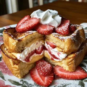 To make Strawberry Cheesecake Stuffed French Toast, you will need: - 8 slices of thick-cut brioche bread - 8 oz cream cheese, softened to room temperature - 1/4 cup powdered sugar - 1 teaspoon pure vanilla extract - 1 cup fresh strawberries, hulled and finely sliced - 4 large eggs - 1 cup whole milk - 1 teaspoon ground cinnamon - 1 tablespoon unsalted butter (for frying) - Optional: Additional sliced strawberries and whipped cream for serving You can swap some ingredients if needed. Here are some ideas: - Use gluten-free bread if you want a gluten-free option. - For a lighter choice, try low-fat cream cheese. - Maple syrup can replace powdered sugar for a different sweetness. - Almond milk or oat milk works well instead of whole milk. - Any fresh fruit can replace strawberries in the filling. Fresh strawberries make this dish shine. Here are tips to pick the best ones: - Choose berries that are bright red. They should have a shiny look. - Look for strawberries that are firm, not soft or mushy. - Check for a sweet smell. A strong aroma means they are ripe. - Avoid strawberries with green tops or dark spots. - If possible, buy local strawberries in season for the best flavor. For the full recipe, visit the [Full Recipe]. To start, gather your ingredients for the cream cheese filling. In a mixing bowl, combine 8 oz of softened cream cheese, 1/4 cup of powdered sugar, and 1 teaspoon of pure vanilla extract. Use a hand mixer or whisk to blend until smooth. You want a creamy texture with no lumps. Next, gently fold in 1 cup of finely sliced strawberries. This adds a fresh taste. Make sure the strawberries are evenly mixed into the cream cheese. Now, your filling is ready. Now, take four slices of thick-cut brioche bread. Lay them flat on a clean surface. Spread a generous layer of your creamy strawberry filling on each slice. Then, place another slice of brioche on top, pressing down gently. This makes a sandwich. Repeat for all four slices. In a shallow dish, crack 4 large eggs and whisk them together. Add 1 cup of whole milk and 1 teaspoon of ground cinnamon. Mix until it is smooth. Heat a skillet over medium heat and add 1 tablespoon of unsalted butter. Let it melt. Carefully dip each sandwich into the egg mixture. Make sure to coat both sides lightly. Allow any excess to drip off. Place the sandwiches in the skillet and cook for 3-4 minutes on each side. Look for a golden brown color. Remove them from the skillet and set aside. Repeat with the rest of the sandwiches, adding more butter as needed. Enjoy your warm, delicious Strawberry Cheesecake Stuffed French Toast! For the full recipe, check the link provided. To keep your French toast from getting soggy, use thick-cut brioche bread. Fresh bread works best. Make sure to dip the bread quickly in the egg mixture. Let the excess egg drip off before cooking. This helps keep the bread from soaking too much. For a crispy outside, cook on medium heat. If the heat is too low, the bread will not get crispy. Use a non-stick skillet or griddle to avoid sticking. Add a bit of butter for flavor and crispiness. Flip the toast only once to keep it golden brown. Serve your stuffed French toast warm, topped with extra sliced strawberries. A dollop of whipped cream adds a nice touch. You can also drizzle chocolate sauce or maple syrup for sweetness. Arrange the toast on a pretty plate to impress your guests. For added flair, garnish with fresh mint leaves. Consider adding a light dusting of powdered sugar too. Check out the Full Recipe for even more ideas! {{image_4}} You can easily change the fruit in this dish. Instead of strawberries, try ripe bananas or sweet blueberries. Both fruits add a nice flavor. You can also mix and match. For example, use half strawberries and half raspberries for a fun twist. Each fruit gives a new taste and color to your stuffed French toast. Brioche is soft and rich, but other breads work well too. You can use challah for a slightly sweeter taste. Sourdough adds a nice tang and crunch. Even plain white bread can work if that's what you have. Just pick a bread that you love. The bread choice changes the texture and flavor, making it special. You can still enjoy this dish if you avoid dairy. Use vegan cream cheese made from nuts or soy. Swap the milk for almond milk or oat milk. For the eggs, try flaxseed meal mixed with water. This creates a great binding agent. These swaps let you enjoy the same great taste while sticking to your diet. Check out the Full Recipe for more tips on how to adjust the ingredients. To keep your Strawberry Cheesecake Stuffed French Toast fresh, place leftovers in an airtight container. They will stay good in the fridge for up to three days. Make sure to separate layers with parchment paper. This prevents sticking and keeps them intact. When you're ready to enjoy your leftovers, reheat them gently. You can use a skillet over low heat. Cook for about 2-3 minutes on each side until warm. If you want a crispier texture, pop them in a toaster oven. This will give you that fresh, golden crust again. You can freeze these tasty treats too! Wrap each stuffed French toast sandwich tightly in plastic wrap. Then, place them in a freezer-safe bag. They can last in the freezer for up to two months. To reheat, let them thaw overnight in the fridge, then reheat as mentioned before. Yes, you can prepare the cream cheese filling a day in advance. Just keep it in the fridge. You can also assemble the sandwiches ahead of time. Place them in the fridge, but coat them in the egg mix right before cooking. This keeps the bread from getting too soggy. You can top your French toast with: - Additional sliced strawberries - Whipped cream - Maple syrup - Chocolate sauce - A dusting of powdered sugar These toppings add flavor and make the dish look pretty. To make more servings, simply double the ingredients. If you have a larger skillet, you can cook more sandwiches at once. Just keep an eye on the cooking time. Ensure each piece gets golden brown on both sides. You can also make smaller sandwiches if you want to serve more people. If you need the full recipe, you can find it in the article above. You learned about making delicious Strawberry Cheesecake Stuffed French Toast. We covered the right ingredients, helpful tips, and methods for great texture. You also found options for different fillings and storage advice. This dish is fun to make and can please many tastes. With the right prep, you can impress family and friends. So grab those fresh strawberries and start cooking! Enjoy every bite of this sweet treat.