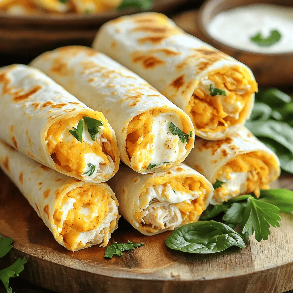 - 2 cups cooked chicken, shredded - 1 cup shredded mozzarella cheese - 1/2 cup cream cheese, softened to room temperature - 3 cloves garlic, minced - 1 tablespoon olive oil - 1/2 teaspoon garlic powder - 1/2 teaspoon smoked paprika - 4 large flour tortillas - 1 cup fresh spinach leaves, washed and dried - Salt and pepper to taste - Chopped fresh parsley for garnish (optional) Each ingredient in cheesy garlic chicken wraps plays a key role. The cooked chicken adds protein and heartiness. Mozzarella cheese gives a creamy, melty texture. Cream cheese adds richness and binds the mix. Garlic boosts flavor, giving it a tasty kick. Olive oil adds moisture and helps blend the ingredients. Garlic powder enhances the garlic taste without extra work. Smoked paprika adds a touch of warmth and color. Flour tortillas hold everything together and add chewiness. Fresh spinach adds freshness and color. Salt and pepper elevate all the flavors. Parsley, while optional, adds a nice pop of green and freshness. You can easily swap some ingredients if needed. Use rotisserie chicken instead of cooking your own. For cheese, try cheddar or pepper jack for a different flavor. Greek yogurt can replace cream cheese for a lighter option. If you don’t have garlic, onion powder works in a pinch. Whole wheat tortillas can replace regular ones for a healthier choice. You can also use lettuce wraps for a low-carb option. If you want a vegan version, use chickpeas instead of chicken and vegan cheese. To make Cheesy Garlic Chicken Wraps, start with a large bowl. 1. Mix the Ingredients: In this bowl, combine 2 cups of cooked chicken, 1 cup of shredded mozzarella cheese, 1/2 cup of softened cream cheese, and 3 cloves of minced garlic. Add 1 tablespoon of olive oil, 1/2 teaspoon of garlic powder, and 1/2 teaspoon of smoked paprika. Season with salt and pepper. Use a spatula to mix well until creamy. 2. Prepare the Tortillas: Lay one large flour tortilla flat on a clean surface. Add a handful of fresh spinach leaves in the center. 3. Add the Filling: Spoon a generous amount of the cheesy chicken mixture over the spinach. Spread it slightly towards the edges, leaving space to fold. 4. Wrap It Up: Fold the sides of the tortilla toward the center. Then roll it tightly from the bottom to the top to secure the filling. Repeat this with the rest. 5. Cook the Wraps: Heat a non-stick skillet over medium heat. Place the wraps seam-side down in the skillet. Cook for about 3-4 minutes or until golden brown. Flip and cook for another 3-4 minutes. 6. Serve: Once done, take the wraps out and let them cool for a couple of minutes. Use a sharp knife to slice each wrap in half diagonally. - Mix Well: Ensure the chicken and cheese blend well. This makes the filling creamy and easy to spread. - Temperature Control: Cook on medium heat. This keeps the wraps from burning while ensuring they turn crispy. - Neat Wrapping: Fold tightly to prevent filling from leaking out. This keeps all the cheesy goodness inside. If you want a visual guide, look for a video that shows these steps. Watching someone else can make it easier to understand the process. You might find tips and tricks that help you, too! Check the Full Recipe for more details and a tasty meal experience. To make your cheesy wraps shine, start with great chicken. Use leftover roasted chicken or rotisserie chicken. This saves time and adds flavor. Mix the cheeses well. Cream cheese keeps the filling creamy, while mozzarella gives that perfect melt. Don’t skip the garlic! Fresh garlic adds a punch. If you want more flavor, add a dash of hot sauce. One mistake is overfilling the wraps. Too much filling makes them hard to roll. Leave space at the edges. Another mistake is not cooking the wraps long enough. You want them golden brown and crispy. If they are too soft, they won’t hold together. Lastly, avoid skipping the spinach. It adds freshness and color. You don’t need fancy gear for these wraps. A large mixing bowl is key for blending the filling. Use a spatula to mix well. A non-stick skillet ensures that your wraps cook evenly. A sharp knife helps you cut the wraps neatly. A colorful platter makes for a nice presentation. For the full recipe, check it out [here](#). {{image_4}} You can swap the chicken for many proteins. Try shredded turkey for a lighter option. Cooked shrimp can add a fun twist. Ground beef or pork works well too. Each protein brings its own unique taste. You can also use rotisserie chicken for an easy shortcut. This change keeps your meal exciting and fresh. If you want a vegetarian option, use beans or lentils. They provide great protein and texture. For a vegan choice, replace cheese with cashew cream or tofu. You can add grilled veggies like bell peppers and zucchini. These options are tasty and satisfying. You can still enjoy that cheesy goodness without the dairy. Adding spices can take your wraps to the next level. Try cumin or chili powder for a kick. Fresh herbs like basil or cilantro can brighten the flavors. A squeeze of lemon adds a fresh zing. You can also play with smoked paprika for a deeper taste. Mixing spices gives you a chance to create your own signature wrap. To keep your cheesy garlic chicken wraps fresh, store them in an airtight container. This keeps moisture out and avoids sogginess. Let the wraps cool down before sealing them. If you use foil or plastic wrap, make sure it is tight. Refrigerate the wraps and eat them within 3 days for the best taste. Reheating your wraps is easy! You can use a skillet or microwave. For a skillet, heat it on low. Place the wraps in the skillet for about 2-3 minutes on each side. This helps them stay crispy. If you use a microwave, wrap them in a damp paper towel. Heat them for 30 seconds at a time until they are warm. Check often to avoid making them too soft. If you want to freeze your wraps, first wrap them tightly in foil or plastic wrap. Then place them in a freezer bag. Be sure to remove as much air as possible. These wraps can last up to 2 months in the freezer. When you're ready to eat, thaw them overnight in the fridge. Reheat as mentioned above for best results. This makes meal prep easy and tasty! For the full recipe, check out the details above. You can make these wraps healthier by using whole grain or low-carb tortillas. Swap out cream cheese for Greek yogurt. Add more fresh veggies, like bell peppers or cucumbers, for crunch and nutrition. You can also use grilled chicken instead of fried for a leaner option. Yes, you can prepare the wraps in advance. Wrap them tightly in plastic wrap or foil. Store them in the fridge for up to a day. When you're ready to eat, just heat them in a skillet or microwave. This makes for a quick and easy meal. These wraps taste great with a range of dips. Ranch dressing adds a nice, creamy touch. You can also try garlic aioli for a bold flavor. Salsa or guacamole brings a fresh twist, too. Each dip complements the cheesy, garlicky goodness of the wraps. For the full recipe, check the section above. We covered all the key elements for making Cheesy Garlic Chicken Wraps. First, we looked at the important ingredients and their roles. Next, I shared step-by-step instructions for perfect cooking. I provided tips and tricks to avoid common mistakes. We also explored tasty variations for everyone. Lastly, I offered useful storage info and answers to common questions. With this guide, you can create amazing wraps. Enjoy trying new flavors, and don’t hesitate to get creative!