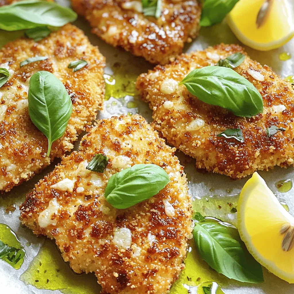 To make Italian Basil Chicken Cutlets, you need fresh and simple ingredients. Here’s what you’ll need: - 4 boneless, skinless chicken breasts - 1 cup fresh basil leaves, finely chopped - 1/2 cup freshly grated Parmesan cheese - 1 cup panko breadcrumbs - 2 large eggs - 1/4 cup all-purpose flour - 2 cloves garlic, finely minced - 1 teaspoon dried oregano - Salt and pepper, to taste - Olive oil, for frying - Lemon wedges, for serving These ingredients come together to create a tasty dish. The chicken is tender and juicy, while the herbs and cheese add great flavor. I love using fresh basil; it brings a bright and aromatic touch. The panko breadcrumbs give a nice crunch, making each bite delightful. When gathering your ingredients, choose high-quality chicken and fresh herbs. Fresh basil and Parmesan cheese make a big difference in taste. You can find panko breadcrumbs at most grocery stores, and they’re worth it for that extra crunch. Don't forget the lemon wedges! They brighten the dish and enhance the flavors. If you want to see the full recipe, check out the complete guide. Begin by placing each chicken breast between two sheets of plastic wrap. Use a meat mallet or a rolling pin to pound the chicken. Aim for an even thickness of about 1/2 inch. This step is key. It helps the chicken cook evenly and stay tender. Now, create a production line with three shallow bowls. In the first bowl, mix the flour with a pinch of salt and some freshly ground pepper. In the second bowl, whisk the eggs until they are smooth and creamy. The third bowl holds the panko breadcrumbs, grated Parmesan cheese, chopped basil, minced garlic, and dried oregano. Mix well to spread the flavors. Take one chicken cutlet and lightly coat it in the flour mixture. Make sure to shake off any extra flour. Next, dip the cutlet into the egg mixture, ensuring it is fully covered. Finally, press the cutlet into the breadcrumb mix. This step is crucial for a nice, crispy coating. Repeat for all chicken breasts. In a large skillet, heat about 1/4 inch of olive oil over medium heat. To check if the oil is hot, drop a small piece of breadcrumb into it. If it sizzles, you are ready. Carefully place the breaded chicken cutlets in the skillet. Avoid overcrowding the pan. Fry each cutlet for about 4 to 5 minutes on each side. Look for a golden brown color to know they are done. Cook in batches if needed. Once cooked, move the chicken cutlets to a plate lined with paper towels. This helps soak up any extra oil. Serve the cutlets warm. Garnish with more chopped basil and add lemon wedges on the side. Squeezing the lemon over the cutlets adds a refreshing touch. Enjoy this flavorful dish! You can find the Full Recipe to guide you through every step. To make your Italian Basil Chicken Cutlets shine, use fresh herbs. Fresh basil truly adds a bright taste. You can also mix in oregano and thyme. A pinch of red pepper flakes gives a nice kick. For some zest, try lemon zest or a splash of lemon juice. These flavors will dance on your palate. Panko breadcrumbs are the secret to a crunchy cutlet. They are lighter and crispier than regular breadcrumbs. To get the most crunch, toast the panko lightly in a dry pan first. This step adds color and flavor. Be sure to press the breadcrumbs firmly onto the cutlets. This helps them stick during frying, ensuring a perfect texture. When frying, watch the oil temperature closely. If the oil is too hot, the cutlets will burn. If it’s too cool, they will absorb too much oil. Always fry in batches. Overcrowding the pan cools the oil down. This can lead to soggy cutlets. Cook until they are golden brown and always check for doneness with a meat thermometer. The chicken should reach 165°F for safety. {{image_4}} If you want to mix it up, try different options. For chicken, you can use turkey cutlets or pork chops. Both stay juicy and flavorful. Instead of panko breadcrumbs, you can use regular breadcrumbs or crushed crackers for a different texture. When it comes to cheese, try mozzarella or even feta for a tangy twist. You do not have to fry the chicken. You can bake or air-fry it. For oven-baking, preheat to 400°F. Place the breaded cutlets on a baking sheet lined with parchment paper. Bake for about 20 minutes or until golden and cooked through. For air-frying, set your air fryer to 375°F and cook for 10-12 minutes, flipping halfway through. Both methods keep the chicken tender and tasty. Want to add more flavors? Think about Mediterranean touches. Mix sun-dried tomatoes or olives into the breadcrumb mix. You can also add some Italian herbs like thyme or rosemary for an extra kick. These small changes can give your dish a whole new vibe while still keeping it simple and delicious. For the full recipe, check out the detailed instructions to make these flavorful cutlets. To store leftovers, let the chicken cutlets cool first. Place them in an airtight container. You can keep them in the fridge for up to three days. If you want to save them longer, freeze the cutlets. Wrap each cutlet in plastic wrap and then place them in a freezer bag. They will last up to three months in the freezer. Reheating chicken cutlets can be tricky. You want to keep them crispy. The best way is to use an oven. Preheat the oven to 375°F (190°C). Place the cutlets on a baking sheet. Heat them for about 10-15 minutes. You can also use an air fryer. Set it to 350°F (175°C) and heat for about 5-7 minutes. This keeps the outside crispy while warming the inside. The shelf life of Italian Basil Chicken Cutlets depends on how you store them. In the fridge, they stay fresh for about three days. If frozen, they can last up to three months. Just make sure to label the container with the date. Always check for signs of spoilage before eating. When properly stored, these cutlets remain tasty and safe to enjoy! For a great meal, pair these cutlets with simple sides. I recommend: - Garlic mashed potatoes - Steamed green beans - A fresh garden salad - Roasted vegetables - Pasta with olive oil and herbs These sides balance the flavors and make a complete meal. To check if the chicken is done, use a meat thermometer. The thickest part of the chicken should reach 165°F. If you don’t have a thermometer, cut into the thickest part of a cutlet. The juices should run clear, not pink. Always trust your senses to ensure safety. Yes, you can easily make this dish gluten-free. Use gluten-free breadcrumbs instead of regular panko. For the flour, swap it out for a gluten-free blend. These changes keep the taste while making it safe for those avoiding gluten. Absolutely! This dish is perfect for meal prep. You can bread and cook the cutlets ahead of time. Store them in the fridge for up to three days. Reheat them in the oven to keep them crispy. It saves time on busy days while still tasting fresh. For the complete recipe for Italian Basil Chicken Cutlets, check out the [Full Recipe]. This blog post covered how to make Italian Basil Chicken Cutlets. You learned about the key ingredients, like chicken, basil, and Parmesan. I walked you through step-by-step instructions for preparation, breading, and frying. We discussed tips for flavor and crispiness, plus some variations to try. In closing, with these easy methods and tips, you can create a delicious dish. Enjoy experimenting with flavors and cooking methods to make it your own!