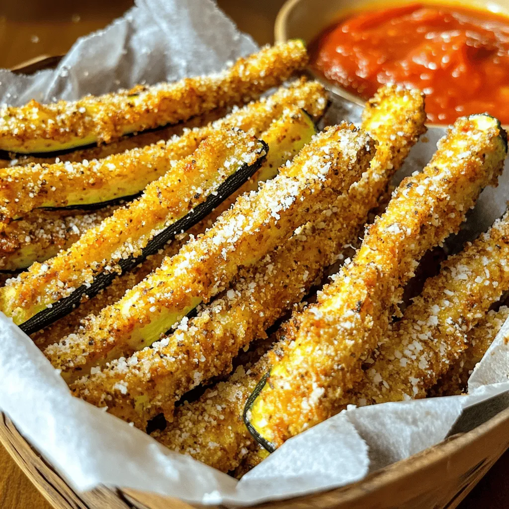 - 2 medium zucchinis, sliced into fry-shaped sticks - 1 cup almond flour - 1/2 cup freshly grated Parmesan cheese - 2 large eggs - 1 teaspoon garlic powder - 1 teaspoon onion powder - 1 teaspoon dried oregano - Salt and freshly ground black pepper to taste - Olive oil cooking spray - Calories per serving: About 150 calories - Total carbs per serving: Approximately 8 grams - Macros breakdown: - Protein: 6 grams - Fat: 10 grams - Fiber: 2 grams Zucchini fries are a great snack. They are low in carbs and gluten-free. Each serving gives you a nice boost of healthy fats and protein, too. Almond flour and Parmesan make them crispy and tasty. You can enjoy these fries without the guilt! When you make this dish, you get fresh zucchinis packed with nutrients. Plus, you can customize the spices to match your taste. I love adding garlic and onion powder for extra flavor. It all comes together in a yummy way. For the full experience, check out the Full Recipe. This recipe makes it easy to enjoy a healthy snack that feels indulgent. 1. Preheat your oven to 425°F (220°C). This high heat helps the fries crisp up nicely. 2. Line a baking sheet with parchment paper. This prevents the fries from sticking and makes cleanup easy. 1. In a shallow dish, mix the almond flour, Parmesan cheese, garlic powder, onion powder, and oregano. Add a pinch of salt and pepper for flavor. 2. In another bowl, crack the two eggs and beat them until they are frothy. This air helps the coating stick well. 1. Take each zucchini stick and dip it into the beaten eggs. Make sure both sides are coated. 2. Roll the egg-coated stick in the almond flour mix. Press lightly to cover the zucchini well. This creates the crispy outer layer. 1. Arrange the coated fries on your prepared baking sheet in a single layer. This allows hot air to circulate evenly. 2. Lightly spray the tops with olive oil. This aids in achieving a golden crisp. 3. Bake in the preheated oven for 20-25 minutes. Flip the fries halfway through for even crispiness. 4. Once they are golden brown and crispy, remove them from the oven. Let them cool for a few minutes on the baking sheet. This step enhances their crispiness. For the complete recipe, check out the [Full Recipe]. To get the best crispiness from your zucchini fries, space them well on the baking sheet. If they are too close, they will steam instead of crisp. A single layer works best. When you bake, preheat the oven to 425°F (220°C). This high heat helps the fries cook fast and crisp up nicely. Remember to flip them halfway through baking. This step ensures all sides get that golden crunch. Zucchini fries can be fun with flavor. You can add spices like paprika or cayenne for heat. A dash of smoked salt gives a great twist. For dipping sauces, marinara is a classic choice. Try ranch or garlic aioli for a fresh taste. You can even mix yogurt with herbs for a cool dip. These options will elevate your fries and make them even more tasty! To serve your crispy fries, use a basket lined with parchment paper. This gives it a fun, rustic look. You can sprinkle fresh herbs like parsley or chives on top for a pop of color. For a creative touch, serve your fries with a side of assorted dips. This makes it a fun dining experience. You can even add a squeeze of lemon to brighten the flavors. Enjoy your crispy zucchini fries in style! {{image_4}} You can change up the coating for zucchini fries. Try using coconut flour or chickpea flour instead of almond flour. Each flour offers a different texture and flavor. You can also add herbs like thyme or rosemary to the coating. Spices like paprika or chili powder can give your fries a kick. Experiment with different flavors to find what you love. If you want a vegan version, switch the eggs for flaxseed meal. Mix one tablespoon of flaxseed meal with two and a half tablespoons of water. Let it sit for a few minutes to thicken. For a cheesy flavor, sprinkle in some nutritional yeast instead of Parmesan cheese. This makes your fries tasty and keeps them plant-based. Get creative with your zucchini fries by adding cheese blends to the coating. A mix of mozzarella and cheddar can give a richer taste. You can also use spices that reflect different cultures. Consider using curry powder for an Indian twist or taco seasoning for a Mexican flair. These little changes can take your fries from good to great. To keep your cooked zucchini fries fresh, let them cool first. Place them in an airtight container. I recommend using glass containers for the best results. They help prevent moisture build-up. You can store them in the fridge for up to 3 days. If you want to keep them longer, freezing is an option. When it's time to enjoy your leftovers, reheating is key for crispiness. The best method is to use an oven. Preheat it to 375°F (190°C). Place the fries on a baking sheet and reheat for about 10 minutes. This helps the fries regain their crunch. Avoid using a microwave if you can. Microwaving often makes fries soft and soggy. If you must use it, keep the time short, and check often. Always aim to keep that crispy texture. To make zucchini fries crispy, focus on a few key factors: - Dry the zucchini: Remove excess moisture by patting the zucchini strips dry with paper towels. - Use almond flour: Almond flour gives a great crunch. It coats well and crisps in the oven. - Space them out: Place the fries in a single layer without touching. This helps air circulate. - Spray with oil: Use olive oil cooking spray on top for extra crispiness. Yes, zucchini fries are healthy! Zucchini is low in calories and high in nutrients. - Low in carbs: They fit well in low-carb diets. - Rich in vitamins: Zucchini is full of vitamin C and potassium. - High in fiber: Fiber helps with digestion and keeps you full longer. You can freeze gluten-free zucchini fries! Here’s how: - Before baking: Coat the zucchini fries as usual. - Lay them flat: Place them on a baking sheet and freeze until solid. - Store in bags: Once frozen, transfer to freezer bags. This prevents clumping. - Thaw before baking: When ready to eat, thaw in the fridge and bake as usual. Zucchini fries pair well with many sides and dips! Here are some ideas: - Dipping sauces: Marinara, ranch, or garlic aioli work great. - Sides: Serve with a fresh salad or grilled chicken. - Toppings: Sprinkle with fresh herbs for added flavor. Zucchini fries last up to three days in the fridge. Here are some tips: - Store in a container: Use an airtight container to keep them fresh. - Reheat properly: Use an oven or air fryer to keep them crispy when reheating. - Check for spoilage: If they look or smell off, it’s best to discard them. For the full recipe, check out the Crispy Zucchini Fries 🥒 section! Zucchini fries are a great snack with a tasty twist. We covered the key ingredients, step-by-step cooking, and tips for maximum crispiness. Plus, we discussed fun flavor variations and easy storage methods. Enjoy these healthy bites as a snack or side. With the right techniques, you can elevate any meal. Don't forget to get creative with spices and sauces. Your kitchen will become a hub of delicious flavors. Dive in and savor the joy of making zucchini fries!