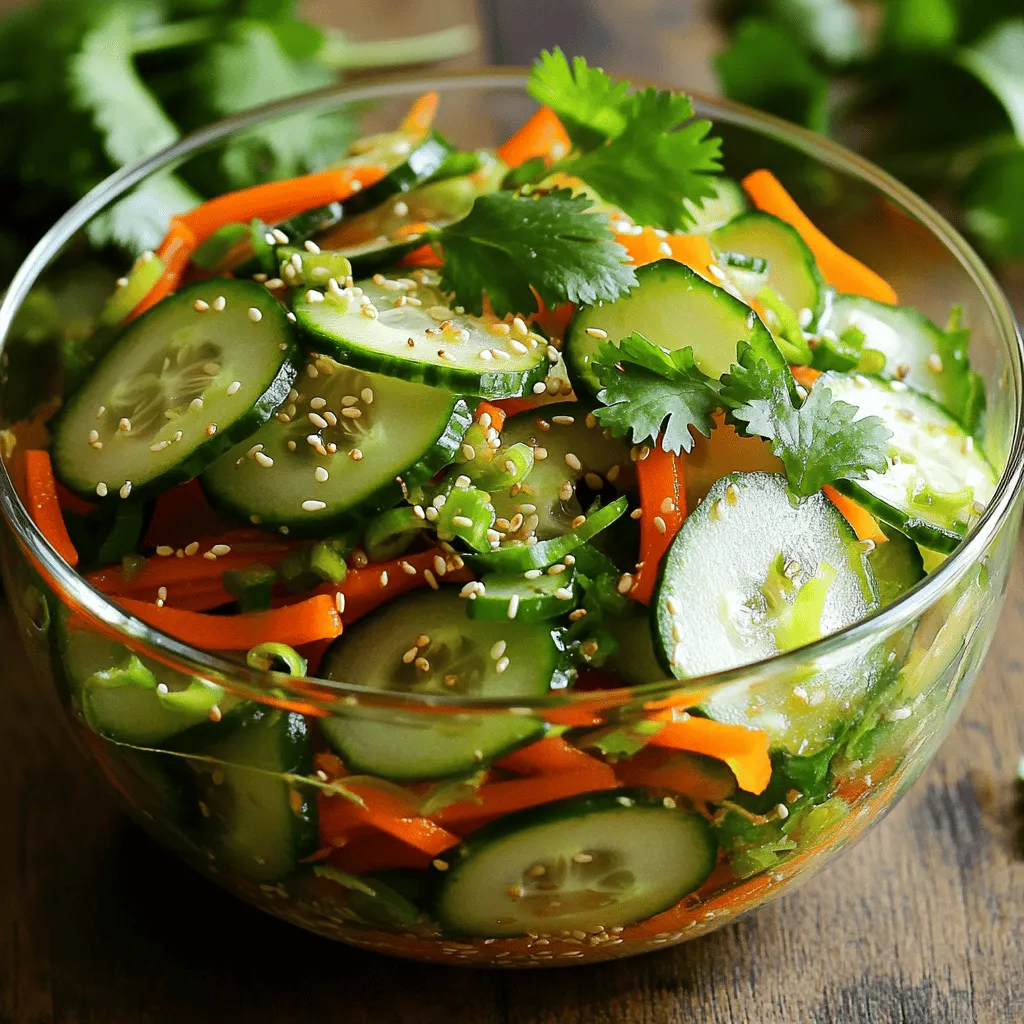 - 2 large cucumbers, thinly sliced - 1 cup carrots, julienned - 1 red bell pepper, thinly sliced - Rice vinegar, soy sauce, honey or maple syrup - Sesame oil, ginger, and garlic - Fresh cilantro, green onions, toasted sesame seeds To create a bright and refreshing Asian cucumber salad, you need fresh ingredients and a tasty dressing. The main ingredients bring crunch and color to the dish. The cucumbers provide a crisp base. Carrots add sweetness and extra crunch. Red bell peppers offer a pop of color and flavor. For the dressing, rice vinegar gives a tangy kick. Soy sauce adds a savory depth. Honey or maple syrup balances the tanginess with sweetness. Sesame oil brings a rich, nutty flavor. Fresh ginger and garlic add zing to the mix. Together, these ingredients create a dressing that enhances the salad. To finish, you sprinkle fresh cilantro and green onions on top. They add a burst of freshness. Toasted sesame seeds bring a delightful crunch. This salad is not only light but also full of flavor, making it a perfect side dish or snack. If you want the full recipe, check out the Crisp Asian Cucumber Delight. To get the crispiest cucumbers, start by slicing them thin. I like to sprinkle salt on the slices. This draws out moisture, making them crunchy. Let them sit in a colander for about 15 minutes. After that, rinse the cucumbers under cold water. This will remove excess salt. Finally, pat them dry with a paper towel. Next, let’s prep the other veggies. For carrots, use a sharp knife to cut them into thin strips. This method is called julienning. It gives nice texture and looks great. For the red bell pepper, cut off the top and bottom. Remove the seeds and slice it thinly. You want all the pieces to be about the same size. Now, let’s make the dressing. In a small bowl, combine rice vinegar, soy sauce, honey, sesame oil, ginger, and minced garlic. Use a whisk to mix everything well. This is key for a balanced flavor. Whisk until the mixture is smooth. A good dressing should slightly emulsify, meaning it blends well and doesn’t separate. With all the ingredients ready, it’s time to combine. In a large bowl, add the cucumbers, carrots, bell pepper, green onions, and cilantro. Drizzle the dressing over the salad. Gently toss everything together. Make sure every piece is coated in the dressing. Let the salad rest for at least 10 minutes. This helps all the flavors mix together. Just before serving, toss it again lightly. This ensures a fresh and vibrant dish. For the full recipe, check out [Full Recipe]. To make your Asian cucumber salad pop, add more spice or sweetness. For spice, include a pinch of red pepper flakes or a drizzle of sriracha. You can also add a dash of chili oil for a warm kick. If you like it sweeter, try adding more honey or maple syrup. Adjusting salt and acidity is key. Start with a small amount of salt. Taste as you mix. If it feels flat, add more vinegar. Rice vinegar gives a nice tang. You want a balance between sweet and sour. A beautiful salad is all about how you serve it. Use a clear glass bowl. This lets the colors shine through. Layer your ingredients for a more inviting look. Garnishes can elevate your dish. Fresh cilantro adds vibrant green. A sprinkle of sesame seeds brings a nice crunch. You may even add thinly sliced red chili for a splash of color. Chopping veggies can take time. Use a sharp knife for easy slicing. For cucumbers, try a mandoline. It helps you get thin, even slices quickly. To keep cucumbers fresh, store them in water. This helps maintain their crunch. If you salt them before mixing, let them sit for a bit. Rinse and dry before adding to your salad. For the full recipe, check out the Crisp Asian Cucumber Delight. {{image_4}} You can easily change up the ingredients in this salad. To keep it gluten-free, use tamari instead of soy sauce. This option provides the same rich flavor without the gluten. For added protein, consider adding shrimp or tofu. Both options make this salad more filling and satisfying. Shrimp brings a sweet flavor, while tofu offers a nice, soft texture. You can adapt this salad based on the seasons. In the summer, add fresh tomatoes or radishes for extra crunch. In fall, try roasted butternut squash. Each season brings unique flavors that can enhance your salad. You can also adjust the recipe based on your flavor likes. Adding fruits like mango or citrus can create a bright, fresh taste. The dressing is where you can really get creative. While the original recipe is tasty, try different dressings for a new twist. You can use peanut sauce or a spicy sesame dressing. Adding herbs like mint or basil gives the salad a fresh, bright flavor. Spices like chili flakes can bring heat if you like a kick. Each change adds a new layer of flavor to your dish. For the full recipe, check the link provided. To keep your Asian cucumber salad fresh, store it in the fridge. Use an airtight container. This prevents moisture loss and keeps the salad crisp. Avoid metal containers, as they can react with the vinegar. Instead, opt for glass or BPA-free plastic. Make sure to seal the lid tightly. This helps maintain the salad's bright flavors. Asian cucumber salad will stay fresh for about 3 days in the fridge. After that, it may lose its crunch. Look for signs of spoilage. If the cucumbers become slimy or the colors fade, it’s time to toss it. Always trust your senses. A sour smell also means it’s no longer good. You can prepare this salad ahead for quick meals. Chop the vegetables and store them separately in the fridge. Mix them with the dressing just before serving. This keeps everything fresh and crunchy. You may want to adjust the salt and acidity when you prepare it ahead. Taste the salad again after mixing. This allows the flavors to shine through. For this salad, I recommend using English cucumbers. They are long and thin, with a smooth skin. Their seeds are smaller, making them less bitter. Regular cucumbers, on the other hand, have a thicker skin and larger seeds. This can make them taste more bitter and watery. If you want a crisp bite, stick with English cucumbers. They add a nice crunch and freshness to your salad. Yes, you can make this salad in advance. Prepare it a few hours before serving for the best flavor. Store the salad in the fridge in an airtight container. If you want to keep it fresh, add the dressing just before serving. This prevents the salad from getting soggy. It tastes even better after the flavors mingle for a bit. This salad pairs well with many dishes. You can serve it with grilled chicken or shrimp for protein. It also goes nicely with rice or noodles. For a light meal, try it with tofu or vegetable stir-fry. You can create a full meal by adding some spring rolls on the side too. The salad adds a refreshing crunch to any meal. You can easily customize this recipe. Try adding sliced radishes for more crunch. If you like heat, add some chopped chili peppers. For a sweeter taste, include mango or pineapple chunks. You can also swap out the vegetables. Use bell peppers or snap peas for variety. Feel free to play with the dressing, too. Add lime juice for a zesty kick or swap honey for agave syrup. Yes, you can make the dressing vegan. Instead of honey, use maple syrup or agave nectar. Both options keep the sweetness without using animal products. You can also add a splash of lemon juice for extra freshness. This keeps the flavors bright and delicious. Your salad will still taste great with these changes. Enjoy your light and crunchy delight! This cucumber salad is simple and fresh. You learned about key ingredients, dressing, and enhancements. I covered preparation steps and tips for good results. You can try variations and customize it to your taste. Store it well and enjoy it for days. This salad is a healthy addition to any meal. With a bit of creativity, you can make it your own. Enjoy your cooking journey!