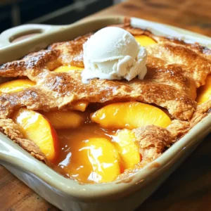 - Fresh peaches: The star of this dish! Peaches bring juicy sweetness and a lovely aroma. They create a warm, comforting flavor that pairs well with the sweet batter. Make sure to pick ripe peaches for the best taste. They should feel slightly soft to the touch. - Essential pantry items: - 1 cup granulated sugar (divided): This sweetens the peaches and the batter. - 2 tablespoons fresh lemon juice: This adds brightness and balances the sweetness. - 1 teaspoon pure vanilla extract: This gives a warm, sweet flavor. - 1 tablespoon cornstarch: This helps thicken the peach mixture. - 1 ½ cups all-purpose flour: This forms the base of the batter. - 1 tablespoon baking powder: This makes the batter rise. - ½ teaspoon fine salt: This enhances all the flavors. - ¼ teaspoon ground cinnamon: This adds a hint of spice. - ½ cup unsalted butter, melted: This enriches the batter. - 1 cup whole milk: This keeps the batter moist. - 1 large egg: This helps bind the ingredients. - ½ cup packed brown sugar: This adds a rich, caramel flavor. - 1 cup boiling water: This creates a lovely topping. - Optional toppings for serving: - Vanilla ice cream: This melts into the warm cobbler and adds creaminess. - Whipped cream: This adds a light, airy touch. - A light sprinkle of cinnamon: This gives a nice finish and aroma. For the full recipe, check the details above. Each ingredient plays a key role, making your peach cobbler a simple and tasty dish. Greasing the baking dish is key. It stops the cobbler from sticking. I use butter for this. Make sure to cover the dish well, especially the corners. Preheating your oven to 350°F (175°C) is next. This step helps the cobbler bake evenly. If you skip this, your cobbler may not rise well. To peel peaches, start by boiling water. Dip the peaches for 30 seconds. Then, place them in ice water. The skins will slip off easily. Slice the peaches into thin pieces. In a large bowl, mix the sliced peaches with ½ cup of granulated sugar. This helps draw out the juices. Add 2 tablespoons of lemon juice, 1 teaspoon of vanilla extract, and 1 tablespoon of cornstarch. Toss everything together gently. You want the peaches fully coated, but not mushy. In a medium bowl, mix 1 ½ cups of flour, 1 tablespoon of baking powder, ½ teaspoon of fine salt, and ¼ teaspoon of ground cinnamon. Then, add the remaining ½ cup of granulated sugar. In another bowl, whisk together ½ cup of melted butter, 1 cup of milk, and 1 large egg. Gradually pour the wet mix into the dry mix. Stir gently until just combined. Do not over-mix or your batter will be tough. Now, you’re ready to combine everything. Pour the batter over the peaches in the baking dish. Do not stir. Let the batter float on top. This creates layers for texture and flavor. Sprinkle ½ cup of packed brown sugar on top. Carefully pour 1 cup of boiling water over the whole dish. This step is important. It helps form a crispy topping while keeping the peaches juicy. Now you have everything set for baking! For the complete process, refer to the Full Recipe. To get a great texture in your peach cobbler, you need to layer the ingredients right. Start with the peach mixture at the bottom. This helps keep the peaches juicy. Pour the batter gently over the peaches. Do not mix them! This way, the batter stays on top, creating a nice crust. When baking, keep an eye on the time and temperature. I suggest baking at 350°F (175°C). Check your cobbler after 45 minutes. It should be golden brown. If it looks pale, let it bake a little longer. If it's browning too fast, cover it with foil. This protects the crust while the filling cooks through. For a tasty treat, serve your peach cobbler warm. It pairs well with vanilla ice cream or whipped cream. The cold cream melts slightly over the hot cobbler, creating a lovely mix of flavors. Think about presentation too! Use a big spoon to serve. Add a scoop of ice cream on top, then sprinkle some cinnamon for extra flavor. You can also serve it in small bowls for guests. This makes it feel special. Everyone will love this sweet dish! For the full recipe, check out the detailed steps above. {{image_4}} You can switch up the fruit in this recipe. Try using berries like blueberries or raspberries. Apples also work great. Each fruit adds its own unique taste. If you pick berries, you might want to cut back on sugar since they are often sweeter. For apples, add a pinch of nutmeg for added warmth. Mixing fruits can give your cobbler a fun twist. Just remember to keep the same amount of fruit as in the Full Recipe. If you need a gluten-free version, swap the all-purpose flour for a gluten-free blend. Look for blends that work well in baking. For a dairy-free option, use almond milk or oat milk instead of whole milk. You can also use coconut oil in place of butter. These swaps keep the flavor while fitting your diet. Just be sure to taste as you go. Each change can alter the flavor, but with the right adjustments, it will still be delicious. To store your peach cobbler, let it cool first. Cover it tightly with plastic wrap or foil. This keeps it tasty and stops it from drying out. You can keep it in the fridge for about 3 to 4 days. For the best flavor, eat it within this time. If you want to save it longer, freezing is a great option. Cut the cobbler into pieces. Wrap each piece in plastic wrap, then place them in a freezer bag. This way, it stays fresh for up to 3 months. When you're ready to enjoy it, thaw it in the fridge overnight. To reheat, preheat your oven to 350°F (175°C). Place the cobbler in an oven-safe dish. Cover it with foil to keep it moist. Heat for about 20-25 minutes or until it’s warm throughout. Enjoy your delicious peach cobbler just like fresh! For the full recipe, check out the [Full Recipe]. Yes, you can make peach cobbler ahead of time. Prepare it fully, then cover it with plastic wrap. Store it in the fridge for up to two days. When ready to serve, just bake it until hot. This way, you save time and still enjoy that fresh taste. For this peach cobbler, a 9x13-inch baking dish works best. This size allows for even baking and ensures the cobbler has enough room to rise. If you use a smaller dish, the cobbler might overflow. Check if the top is golden brown. You can also insert a toothpick into the batter. If it comes out clean, your cobbler is ready. The peaches should be bubbling around the edges, showing that they are cooked through. Yes, you can swap some ingredients. If you lack fresh peaches, use canned or frozen ones. Just make sure to drain canned peaches well. For sugar, try brown sugar in place of granulated sugar. If you don’t have cornstarch, use flour to thicken the peach mixture. Each swap may change the flavor slightly, but it will still taste great! In this post, we explored how to make a delicious peach cobbler. Fresh peaches offer great flavor, while pantry staples like flour and sugar complete the dish. I shared tips on preparing the oven and baking dish, along with the step-by-step process to create a rich batter. You learned ways to achieve the perfect texture and served ideas to impress guests. We also discussed variations for different fruits and dietary needs. Remember, your cobbler can be stored short-term in the fridge or long-term in the freezer. Enjoy your baking adventure!