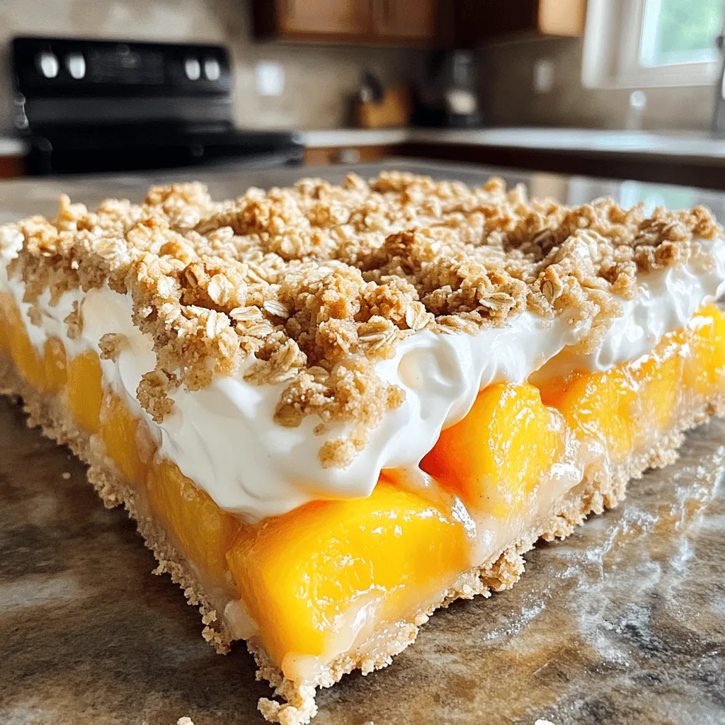 - 4 ripe peaches, peeled and sliced - 1 cup heavy cream - 1 cup granulated sugar - 2 cups all-purpose flour - 1 cup old-fashioned oats - 1/2 cup packed brown sugar - 1 teaspoon vanilla extract - 1/2 teaspoon almond extract - 1/2 teaspoon baking powder - 1/4 teaspoon salt - 1/2 cup unsalted butter, melted - 1 tablespoon cornstarch - Zest of 1 lemon The ingredients for Peaches and Cream Crumble Bars are simple yet delicious. Each one plays a key role in creating that wonderful flavor. You can switch out the peaches for berries or apples if you like. This adds new tastes to the dish. If you want a dairy-free option, use coconut cream instead of heavy cream. For those needing gluten-free, almond flour or oat flour can replace all-purpose flour. These swaps let you enjoy this recipe in many ways. They keep the spirit of the dessert alive while catering to your needs. Try different fruits or creams to find your favorite mix! For the full recipe, check out the detailed instructions and tips to guide you through this treat. Error: Error code: 429 - {'error': {'message': 'Rate limit reached for gpt-4o-mini in organization org-zFeAnX8gJvsCtEtJubNX3NN3 on tokens per min (TPM): Limit 200000, Used 200000, Requested 2328. Please try again in 698ms. Visit https://platform.openai.com/account/rate-limits to learn more.', 'type': 'tokens', 'param': None, 'code': 'rate_limit_exceeded'}} To get the right crumble texture, start by mixing the dry ingredients well. Use your fingers to combine the melted butter with the flour, oats, and sugars. Aim for a mix that has small clumps. If it looks too dry, add a bit more butter. Avoid overworking the mixture; clumps give the best texture. Common mistakes to avoid include using cold butter, which won’t blend well. Also, don’t skip the chilling step if you use butter straight from the fridge. A well-mixed crumble will bake evenly and taste great. You can enjoy Peaches and Cream Crumble Bars warm or cold. They taste amazing on their own but pair well with vanilla ice cream. A drizzle of caramel sauce can add sweetness. You could also top it with fresh whipped cream for a richer treat. For a fruity twist, serve with a side of berries. For storage, keep the bars in an airtight container. This keeps them fresh for up to three days. If you want to store them longer, you can freeze them. Wrap them tightly in plastic wrap and then foil. To reheat, place a bar in the microwave for about 15-20 seconds. This brings back that fresh-out-of-the-oven taste. Enjoy them warm for the best flavor! Check out the Full Recipe for more details. {{image_4}} You can change up the flavors in your bars. Add spices like cinnamon or nutmeg for warmth. Vanilla and almond extracts create a lovely taste, but you can also try lemon or orange zest. Mixing in other fruits like berries or apples adds new layers of flavor. Each fruit gives a unique twist to the bars, making them fun and fresh. For vegan options, swap the heavy cream with coconut cream. Use maple syrup instead of sugar for a low-sugar version. You can also use almond or oat milk for a lighter filling. These changes keep the bars tasty while meeting different dietary needs. They let everyone enjoy the dessert without worry. Seasonal fruits can add excitement to your bars. In fall, use chopped apples or pears. In winter, cranberries give a lovely tartness. For summer, try strawberries or blueberries. Each season brings new flavors, keeping your dessert game strong. You can even make themed variations for holidays, like adding pumpkin spice for Thanksgiving or peppermint for Christmas. These twists keep your dessert fresh and fun all year round. To keep your Peaches and Cream Crumble Bars fresh, store them in an airtight container. This helps prevent them from drying out. You can also place parchment paper between layers to keep them intact. They will stay fresh for about 3 to 5 days at room temperature. If you want to keep them longer, consider refrigerating them. You have two options for freezing these bars. You can freeze them before baking or after. If you freeze them before baking, wrap the unbaked mixture tightly in plastic wrap and then foil. When you are ready to bake, thaw them in the fridge overnight and then bake as directed. If you freeze after baking, let the bars cool completely first. Then, cut them into squares and wrap them well. They can be frozen for up to three months. To enjoy them later, thaw the bars in the fridge. You can reheat them in the oven at 350°F for about 10 minutes for the best results. Can I use frozen peaches instead of fresh? Yes, you can use frozen peaches. Just thaw them first. Drain excess liquid before using. This keeps your bars from getting too soggy. Fresh peaches give the best flavor, but frozen works well. How do I know when the bars are done baking? The bars are done when the top is golden brown. You should see peach juices bubbling around the edges. A toothpick inserted in the middle should come out mostly clean. Can I make these ahead of time? Yes, you can make these bars a day ahead. Just cool them completely and store them in the fridge. They taste great cold or warmed up. What to do if the crumble is too dry/wet? If the crumble is too dry, add a bit more melted butter. Mix in small amounts until it holds together. If it’s too wet, add a little more flour or oats. This helps create the right texture. What if the cream doesn’t whip properly? If the cream doesn’t whip, make sure it’s cold. Use chilled bowls and beaters for best results. If it still won’t whip, it may be too old. Start fresh with new cream. Caloric breakdown per serving Each bar has about 200 calories. This depends on the size you cut them. They are a tasty treat, but enjoy in moderation. Information on dietary restrictions These bars contain dairy and gluten. For a dairy-free option, use coconut cream. For gluten-free, substitute the flour with gluten-free flour. Always check labels to ensure your ingredients meet your needs. We covered the key ingredients and steps to make delicious Peaches and Cream Crumble Bars. You learned about substitutions and variations to fit different tastes. We also shared tips for perfecting your crumble and storing your bars. These tips will help you create a great dessert every time. Enjoy exploring new flavors and sharing your tasty treats. Keep these methods in mind, and happy baking!
