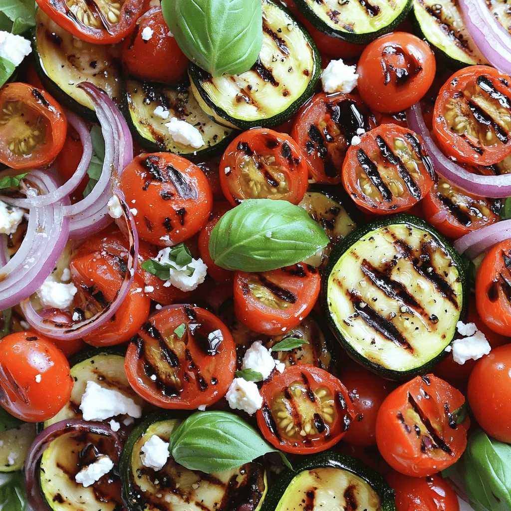 To make this grilled zucchini salad, you need simple, fresh ingredients. Here’s what you’ll need: - 3 medium zucchinis, sliced into 1/4-inch rounds - 1 red bell pepper, sliced into strips - 1 cup cherry tomatoes, halved - 1/2 red onion, thinly sliced - 2 tablespoons extra-virgin olive oil - 1 teaspoon garlic powder - Sea salt and freshly cracked black pepper to taste - 1/4 cup crumbled feta cheese - Fresh basil leaves for garnish - Balsamic glaze for drizzling (optional) These ingredients work well together. The zucchini gives a soft texture, while the bell pepper adds crunch. You can customize your salad with these extra touches: - Avocado slices for creaminess - Toasted nuts for crunch - Different cheeses like goat cheese or mozzarella - A squeeze of lemon juice for brightness These toppings can enhance the flavors in your salad. Feel free to mix and match based on your taste. You will need a few handy tools to prepare this dish: - A grill or grill pan - A sharp knife for slicing vegetables - A large mixing bowl for tossing - A serving platter for presentation Having these tools ready makes cooking easier. With the right setup, you can create a beautiful and tasty salad. For the complete recipe, check out the Full Recipe section. To start, preheat your grill to medium heat. The grill needs to be hot enough for nice grill marks. This step is key for flavor and texture. If your grill has grates, clean them well before heating. A clean grill helps keep your veggies from sticking. Next, take a large mixing bowl and add your sliced zucchinis, red bell pepper strips, halved cherry tomatoes, and thinly sliced red onion. Drizzle on the extra-virgin olive oil. Then, sprinkle garlic powder, sea salt, and cracked black pepper over the veggies. Toss gently until everything is well coated. This mix brings out the best flavors. Now, it’s time to grill. Carefully place the zucchini and bell pepper slices on the grill. Grill for about 3-4 minutes per side. Look for those lovely grill marks. The veggies should be tender but still a bit crisp. This balance makes every bite enjoyable. Once cooked, remove them from the grill and let them cool slightly. When ready to serve, take a large platter or bowl. Arrange the grilled zucchinis and bell peppers, then add the halved cherry tomatoes and sliced red onion. This makes a pretty display. Next, sprinkle the crumbled feta cheese over the top for creaminess. Finish with fresh basil leaves for a pop of color. If you like, drizzle balsamic glaze for extra flavor. Enjoy your fresh and flavorful grilled zucchini salad! For a complete guide, check the Full Recipe. When selecting zucchini, look for firm, shiny skin. Choose medium-sized zucchinis. They are sweeter and less watery than larger ones. Avoid zucchinis with soft spots or blemishes. The color should be bright green, with no yellowing. Fresh zucchinis will give your salad the best flavor. To get the best flavor from your zucchini, preheat your grill. Medium heat works well for grilling. Lightly oil the grill grates to prevent the veggies from sticking. Grill the zucchini slices for 3-4 minutes on each side. Look for nice grill marks and a slight tenderness. This ensures a smoky, charred flavor that enhances your salad. This grilled zucchini salad is easily made vegetarian or vegan. Simply skip the feta cheese for a vegan option. You can add avocado for creaminess instead. If you want extra protein, consider chickpeas or black beans. They add texture and flavor without meat. Enjoy this fresh salad while keeping it plant-based! {{image_4}} You can easily boost the flavor and nutrition of your grilled zucchini salad by adding protein. Chicken and shrimp work great. For chicken, grill it until it's cooked through, then slice it. For shrimp, season them with olive oil, salt, and pepper before grilling. Grill the shrimp for about 2-3 minutes on each side until they turn pink. This adds a nice, savory touch to your salad. Dressings can change the whole vibe of your salad. A simple lemon vinaigrette adds a bright, zesty taste. Mix lemon juice, olive oil, salt, and pepper in a jar. Shake it up! If you want something richer, try a creamy ranch or a balsamic vinaigrette. Both dressings enhance the fresh flavors of the grilled veggies. Feel free to swap out the vegetables based on what’s in season. Grilled asparagus, bell peppers, or even eggplant can add new flavors. Each season brings different veggies to the table. Experimenting with these options keeps your salad fresh and exciting. You can even add some corn in summer or roasted butternut squash in fall for a cozy touch. For the full recipe, check out the detailed steps to make this delightful dish! To keep your salad fresh, store it in an airtight container. Make sure to let it cool to room temperature first. This helps prevent moisture build-up. If you have leftover feta, keep it separate to avoid sogginess. You can store the salad in the fridge for up to three days. For meal prep, consider chopping your veggies ahead of time. Store each type of vegetable separately in the fridge. This keeps them fresh until you are ready to grill. When you want to assemble the salad, mix the veggies together, grill them, and then combine everything. This method makes it easy to enjoy a fresh salad all week. Grilled zucchini salad tastes best fresh, but it can be stored for later. As mentioned, it lasts up to three days in the fridge. If you want to reheat it, use a skillet over low heat. This warms the salad gently without losing its texture. You may also enjoy it cold or at room temperature. For the full recipe, check the earlier sections! Yes, you can use many vegetables. Try bell peppers, eggplant, or asparagus. These veggies add color and taste. Grilling brings out their natural sweetness. Feel free to mix and match to your liking. If you want a cheese swap, try goat cheese or ricotta. They both add creaminess. You can also use vegan cheese if you prefer. Nutritional yeast gives a cheesy flavor as a non-dairy option. Yes, this salad is gluten-free! All ingredients are naturally free of gluten. It’s a great choice for anyone with gluten sensitivities or celiac disease. Enjoy without worry! You can prepare the veggies and grill them in advance. Store them in an airtight container. Just add the cheese and basil right before serving. This keeps the salad fresh and tasty. This salad pairs well with grilled meats like chicken or fish. You can also serve it with crusty bread or quinoa. It’s a versatile dish that complements many meals. For the full recipe, check out the details above! Grilled zucchini salad is fresh, easy, and tasty. We covered the main ingredients and optional toppings to boost flavor. I shared simple steps for grilling, serving, and storing the salad. You learned ways to customize and make it even better. Remember, grilled zucchini can pair with many foods. Enjoy your cooking journey, and don’t hesitate to experiment with flavors. Making this dish will bring joy to your table.