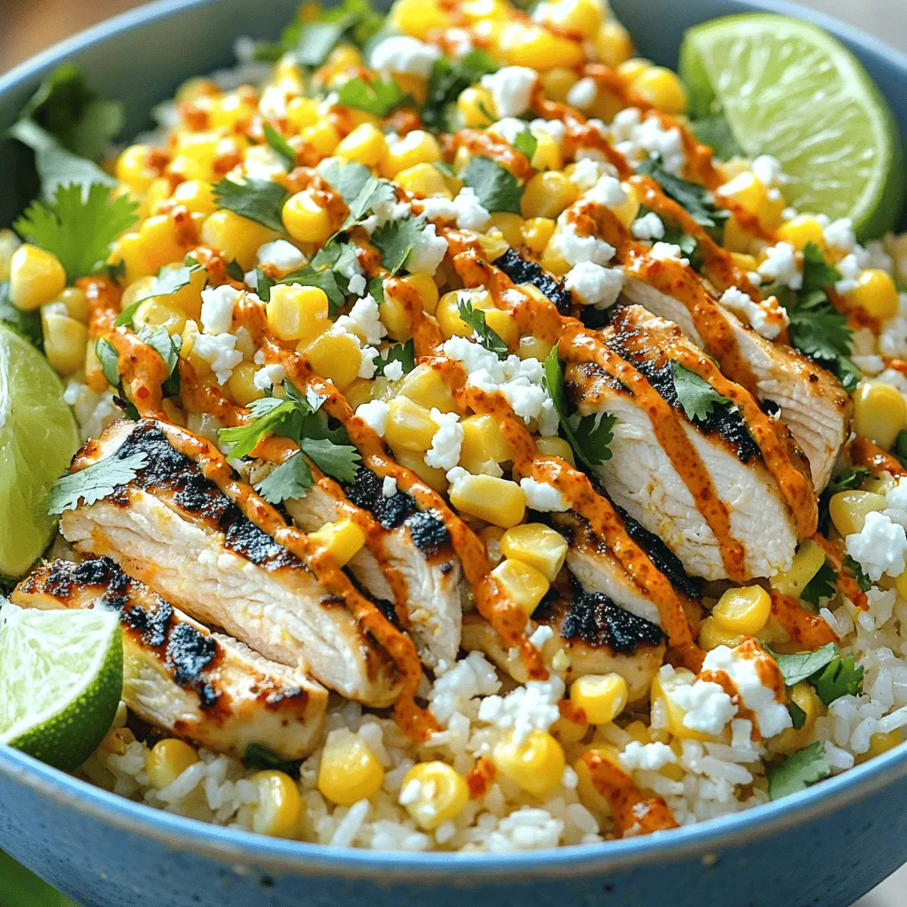 - 1 cup cooked jasmine rice - 2 grilled chicken breasts, sliced into strips - 1 cup sweet corn kernels (either fresh off the cob or canned) - 1/2 cup feta cheese, crumbled - 1/4 cup mayonnaise - 1 tablespoon freshly squeezed lime juice - 1 teaspoon chili powder - 1/2 teaspoon garlic powder - 2 tablespoons fresh cilantro, finely chopped - Salt and pepper to taste - Lime wedges, for garnish To create the Street Corn Chicken Rice Bowl, you need simple yet fresh ingredients. Start with jasmine rice. It has a soft texture and sweet flavor. Next, grab some grilled chicken breasts. They should be juicy and flavorful. If using fresh corn, you can grill it for a smoky taste. If not, canned corn works great too. Feta cheese adds a salty creaminess. Mayonnaise, lime juice, chili powder, and garlic powder create a zesty sauce. Cilantro gives a fresh kick. Lastly, salt and pepper balance the flavors. Each ingredient plays a key role in making this dish tasty. When combined, they create a colorful and satisfying meal. Check out the Full Recipe for all the steps to make your bowl shine! To get perfect corn, start by grilling fresh corn. Grill the ears over medium-high heat for about 5-7 minutes. Turn them often until the kernels turn dark and soft. Let the corn cool, then slice off the kernels. If you prefer canned corn, just drain it and set it aside for later. Now, let's make a creamy sauce. Grab a small bowl and mix mayonnaise, lime juice, chili powder, garlic powder, and a pinch of salt and pepper. Stir it well until everything blends together. Taste it! Adjust the seasoning as needed. This sauce adds a rich flavor to your bowl. Start building your rice bowl. Add a good layer of jasmine rice to the bottom. Next, place sliced grilled chicken on top of the rice. Then, sprinkle sweet corn kernels evenly over the chicken. This makes your bowl colorful and inviting. Drizzle the creamy sauce over the chicken and corn. For extra flavor, sprinkle crumbled feta cheese and chopped cilantro on top. These ingredients balance the flavors and make the dish pop visually. Finish off your bowl by adding a lime wedge on the side. When you're ready to eat, squeeze the lime over the top. This boosts the dish's freshness and makes it even tastier. For the full recipe, refer to the earlier sections for detailed ingredient lists and instructions. Enjoy your cooking experience! Grilling chicken can be simple. Use a medium-high heat on your grill. Marinate your chicken for at least 30 minutes. This adds flavor and keeps it juicy. Cook until it reaches 165°F. Let it rest before slicing. This helps keep the juices inside. To keep rice fluffy, rinse jasmine rice before cooking. This removes excess starch. Use a ratio of 1 cup rice to 1.5 cups water. Bring it to a boil, then cover and reduce to low heat. Cook for 15 minutes, then let it sit. Fluff it with a fork before serving. Adjusting spice levels is easy. Start with a small amount of chili powder. Taste as you go. Add more only if you want heat. You can also mix in fresh lime juice for a zesty kick. Fresh herbs can greatly improve taste. I love using cilantro in this dish. It adds brightness and freshness. You can also try fresh parsley or green onions for a different flavor. For a visually appealing serving, layer your rice, chicken, and corn neatly. Use a large bowl to give it space. This makes it look more inviting. Use colorful ingredients to create a feast for the eyes. The bright yellow corn and green cilantro contrast well. Crumbled feta adds a nice white touch. A lime wedge on the side adds a pop of color and freshness. Explore the [Full Recipe] for a complete guide and enjoy your meal! {{image_4}} You can easily switch chicken for tofu or tempeh. Tofu is soft and absorbs flavors well. Tempeh has a nutty taste and adds texture. Cut either into bite-sized pieces and grill or sauté until golden. For the sauce, replace mayonnaise with vegan mayo. This keeps it creamy and plant-based. Want to add some heat? Toss in jalapeños or a splash of hot sauce. You can mix diced jalapeños into the corn or sprinkle them on top. For the dressing, increase the chili powder to kick up the flavor. This adds a zesty punch that many will love. If jasmine rice isn’t your thing, try brown rice or quinoa. Brown rice has a chewy texture and more fiber. Quinoa is light and packed with protein. Cook brown rice as per package instructions. For quinoa, use a 2:1 water-to-quinoa ratio and simmer until fluffy. Each grain brings a unique taste, making your bowl special. You can find the full recipe here to guide you in making a delicious Street Corn Chicken Rice Bowl. Store leftovers in the fridge right away. Use airtight containers to keep them fresh. Glass or plastic containers work well. Make sure to cool the rice bowl before sealing it. This helps prevent moisture buildup. To freeze the rice bowl, pack it tightly in a freezer-safe container. Leave some space at the top for expansion. Label it with the date, so you know when to use it. When ready to eat, move it to the fridge to defrost overnight. For faster results, you can use the microwave. Heat it gently to maintain texture. In the fridge, the Street Corn Chicken Rice Bowl lasts about 3 days. In the freezer, it can last up to 3 months. Always check for signs of spoilage. Look for off smells or changes in color. If you see any of these signs, it’s best to throw it away. A Street Corn Chicken Rice Bowl is a fun and tasty dish. It blends grilled chicken, sweet corn, and creamy sauce over jasmine rice. The bright flavors come from fresh ingredients like lime, cilantro, and feta cheese. Main Ingredients: - Cooked jasmine rice - Grilled chicken breasts - Sweet corn kernels - Feta cheese - Mayonnaise - Lime juice - Chili powder - Garlic powder - Fresh cilantro - Salt and pepper This dish is colorful and easy to make. You can serve it warm or cold, making it perfect for any meal. To make this dish gluten-free, focus on your ingredients. Use gluten-free mayonnaise. Most spices are gluten-free, but check the labels. Jasmine rice is naturally gluten-free, so you can use it without worry. Yes, you can meal prep the Street Corn Chicken Rice Bowl! Cook the rice and chicken in advance. Store them in separate containers. You can add corn and sauce when ready to eat. This keeps everything fresh and tasty. You can serve simple sides with this dish. Try tortilla chips for crunch. A light salad pairs well too. You might enjoy guacamole or salsa for added flavor. To make this bowl healthier, swap out the mayo for Greek yogurt. You can also use less cheese or choose a low-fat version. Add more veggies like bell peppers or spinach for extra nutrients. These swaps keep the dish delicious while boosting its health benefits. For the full recipe, check the main article! This blog post covered a tasty Street Corn Chicken Rice Bowl. You learned about the key ingredients, the step-by-step method, and some helpful tips to enhance flavor. We also explored variations for different diets and how to store leftovers properly. In closing, this dish is easy to customize and fun to make. Try it out for a meal that brings joy to your table. Enjoy your cooking adventure!