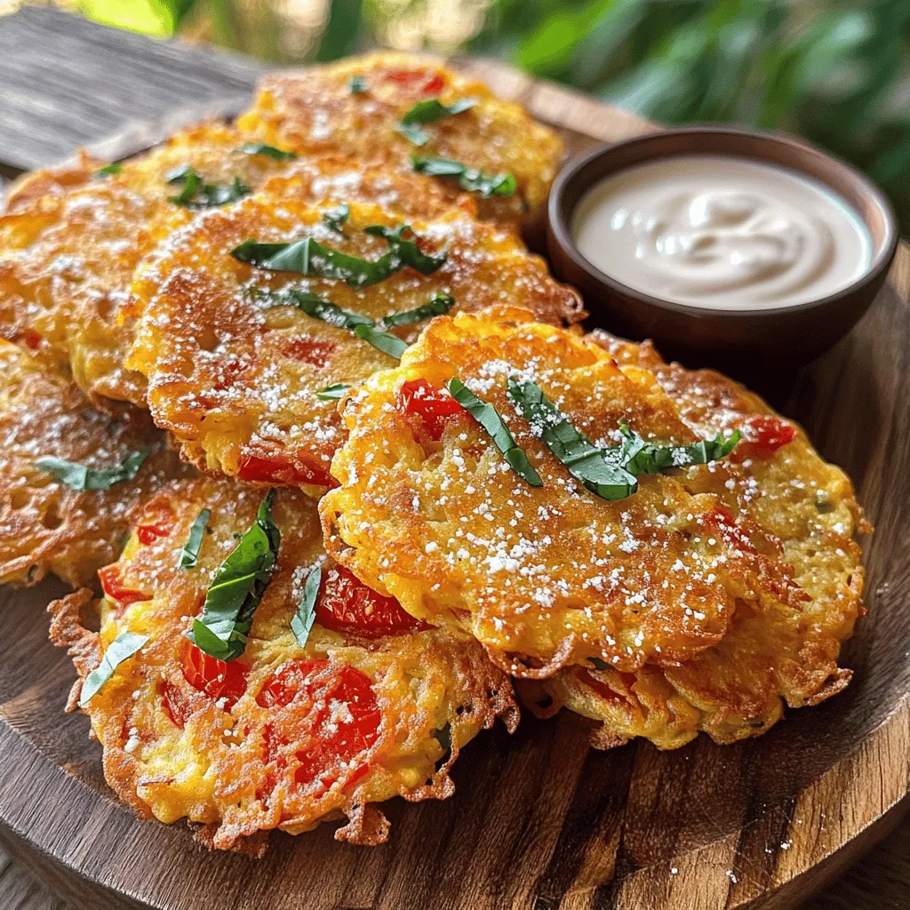 To make tasty tomato fritters, you need the following items: - 2 large, ripe tomatoes, diced into small pieces - 1 cup all-purpose flour - 1/2 cup cornmeal - 1 teaspoon baking powder - 1 teaspoon garlic powder - 1/2 teaspoon onion powder - 1/2 teaspoon smoked paprika - Salt and freshly ground black pepper, to taste - 1/4 cup fresh basil leaves, finely chopped - 1/2 cup grated Parmesan cheese (optional, for added richness) - 1/2 cup water (adjust as needed for batter consistency) - Vegetable oil, for frying You can add more flavor to your fritters with these extras: - Grated Parmesan cheese for a richer taste - Fresh herbs like parsley or dill for a unique twist Choosing the right ingredients makes a big difference. Here are some tips: - Look for ripe tomatoes that are firm yet slightly soft. They should smell sweet. - Fresh basil should be bright green and fragrant. - If using cheese, choose high-quality Parmesan for the best flavor. You can find the full recipe above for all the steps to create these delicious fritters! Start by mixing the dry ingredients in a large bowl. Combine the all-purpose flour, cornmeal, baking powder, garlic powder, onion powder, smoked paprika, salt, and pepper. Make sure everything is even. Next, add the diced tomatoes to this mix. Gently fold them in. This helps keep their shape and adds moisture to the batter. If you want, you can also add fresh basil and Parmesan cheese at this stage. Now it's time to adjust the batter. Gradually pour in the water while stirring. You want a thick batter that holds its shape. If it feels too dry, add a bit more water. If it seems too loose, sprinkle in some extra flour. The goal is to find that perfect balance. A good batter is key to tasty fritters. Heat about one inch of vegetable oil in a deep skillet over medium heat. To check if the oil is hot, drop in a small spoonful of batter. If it sizzles, you're ready! Using a spoon or small scoop, drop spoonfuls of batter into the hot oil. Be sure not to overcrowd the pan. Fry each fritter for about 3-4 minutes per side. They should turn golden brown and crispy. Once cooked, use a slotted spoon to transfer them to a paper towel-lined plate. This helps remove any extra oil. Serve warm with your favorite dip for a tasty snack. For the full recipe, you can refer to the section above. To prevent sticking, use enough oil. Heat it to medium. Drop a bit of batter in; it should sizzle. This means the oil is ready. Fry only a few fritters at once. Overcrowding can lower the oil's heat. Tomato fritters taste great with dips. Try sour cream or a creamy yogurt dip. You can also serve them with spicy salsa or pesto. Fresh herbs make a nice touch too. Avoid overcooking by keeping an eye on the fritters. They should turn golden brown in 3-4 minutes. If they are dark, the oil might be too hot. Under-cooking makes them soggy. If they stay pale, cook them a bit longer. {{image_4}} To make vegan tomato fritters, you can swap out the eggs and dairy. Use a mix of ground flaxseed and water instead of eggs. This mix binds the ingredients well. For the cheese, try nutritional yeast for a cheesy flavor without dairy. Adding a bit of coconut yogurt can also add creaminess. If you need gluten-free fritters, use gluten-free flour instead of all-purpose flour. You can also mix in cornmeal for texture. This keeps the fritters light and crispy. Many brands offer gluten-free blends that work great. Always check labels to ensure they meet your needs. Spices can elevate your fritters. Try adding cumin or chili powder for heat. You can also mix in chopped bell peppers or zucchini for extra veggies. Fresh herbs like cilantro or parsley can add a nice touch. Don’t hesitate to get creative with flavors to make them your own. For the full recipe, check the section above. To keep your fritters fresh, place them in an airtight container. Use parchment paper to layer between fritters. This helps prevent them from sticking together. Store them in the fridge for up to three days. When ready to eat, you can reheat them for a tasty snack. To keep fritters crispy, use the oven or an air fryer. Preheat your oven to 400°F (200°C). Place fritters on a baking sheet lined with parchment paper. Bake for about 10-15 minutes until hot and crisp. If using an air fryer, set it to 350°F (175°C) and cook for about 5-7 minutes. This method helps restore their crunch. If you want to freeze fritters, first let them cool completely. Place them in a single layer on a baking sheet and freeze until solid. Then, transfer them to a freezer bag or container. They can last for up to three months. To thaw, leave them in the fridge overnight before reheating. Enjoy your crispy tomato fritters anytime! To make your tomato fritters crispy, follow these simple tips: - Use cold water: Cold water helps keep the batter light. This adds to the crunch. - Don’t overcrowd the pan: Fry fritters in small batches. This allows for even cooking. - Maintain oil temperature: Keep the oil hot. If the oil is too cool, the fritters will soak up oil and turn soggy. - Drain excess oil: After frying, place fritters on a paper towel. This helps remove extra oil, keeping them crisp. These steps ensure you get a delicious crunch in every bite. Yes, you can bake tomato fritters if you prefer a healthier option. Here’s how: - Preheat your oven: Set it to 400°F (200°C) for even baking. - Use parchment paper: Line a baking sheet with parchment. This helps prevent sticking. - Brush with oil: Lightly coat the fritters with oil before baking. This adds flavor and helps them crisp up. - Bake until golden: Cook for about 20 minutes, flipping halfway through. Look for a golden color and firm texture. Baking gives a different texture but still tastes great. Tomato fritters pair well with various dips and sides. Here are some tasty ideas: - Sour cream: A classic choice for creamy contrast. - Yogurt dip: Mix yogurt with herbs for a fresh twist. - Marinara sauce: Adds a rich, tomato flavor that complements the fritters. - Salad: A crisp side salad balances the fritters' richness. - Fresh herbs: Scatter some basil or parsley on top for an added burst of flavor. These options enhance your fritters and make for a delightful snack. For the full recipe, check out the details above. In this blog post, we explored how to make delicious tomato fritters. We covered essential ingredients, like ripe tomatoes and flour. I shared steps for prepping your batter and frying techniques for crispiness. We also discussed tips for cooking, common mistakes, and fun variations, like vegan options. Remember, quality ingredients make a big difference. Enjoy experimenting with flavors and serving ideas. Have fun cooking, and make these fritters your own!