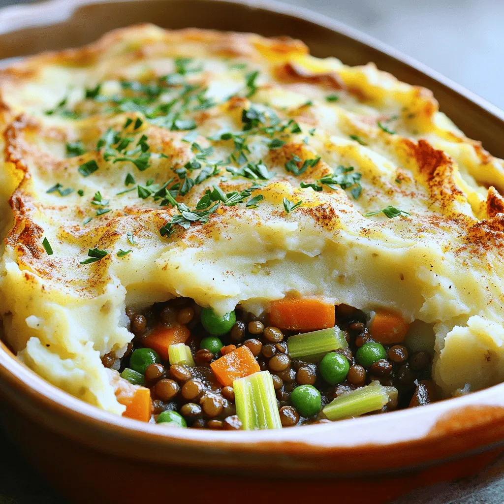 The ingredients for a delicious Vegetarian Shepherd's Pie are simple and wholesome. Here’s what you need: - 2 cups cooked lentils (green or brown) - 1 large onion, finely chopped - 2 medium carrots, diced - 2 celery stalks, diced - 2 cloves garlic, minced - 1 bell pepper, diced (choose any color you like) - 1 cup frozen peas - 1 tablespoon tomato paste - 1 tablespoon soy sauce - 2 teaspoons fresh thyme (or 1 teaspoon dried thyme) - 1 teaspoon smoked paprika - Salt and freshly ground black pepper, to taste - 4 large potatoes, peeled and diced (for the mash) - 1/4 cup milk (can substitute with plant-based milk) - 2 tablespoons butter (or vegan butter for a dairy-free option) - Fresh parsley, chopped (for garnish) Each ingredient adds flavor and texture. The lentils provide protein. The vegetables bring color and crunch. Seasonings like thyme and smoked paprika give it warmth. Potatoes make a creamy topping that everyone loves. You can find the full recipe in the article above. Enjoy cooking this hearty meal! Start by cooking the potatoes. Place the diced potatoes in a large pot. Fill the pot with salted water. Bring the water to a rapid boil. Cook until the potatoes are tender, about 15 to 20 minutes. You can check them by piercing with a fork. Once cooked, drain the potatoes and return them to the pot. Now, let’s mash the potatoes. Add the butter and milk to the drained potatoes. Use a potato masher or fork to mash them. Aim for a smooth and creamy texture. Season with salt and freshly ground black pepper. Set your mash aside for later. Next, heat a splash of olive oil in a large skillet over medium heat. Add the chopped onion and minced garlic first. After a minute, add the diced carrots, celery, and bell pepper. Sauté this mixture for about 5 to 7 minutes. You want the vegetables to soften and smell great. Now, you’ll mix the lentils with the vegetables. Stir in the cooked lentils, tomato paste, and soy sauce. Add fresh thyme, smoked paprika, salt, and pepper. Cook everything together for about 5 minutes. This helps the flavors blend well. Finally, add the frozen peas and cook for another 2 minutes until they are warm. Preheat your oven to 400°F (200°C). In a baking dish, spread the lentil and vegetable mixture evenly as the base. Make sure it covers the bottom of the dish. Then, generously top it with the creamy potato mash. Spread the mash evenly to cover the filling completely. Place the assembled pie in the preheated oven. Bake for about 25 to 30 minutes. Check for doneness when the top is golden and a bit crisp. After baking, remove the pie from the oven and let it cool slightly. As a finishing touch, sprinkle freshly chopped parsley on top. This adds a fresh flavor and makes the dish look nice. You can serve the pie directly from the baking dish. For a fancier look, portion it onto plates and add extra parsley. Enjoy your hearty Vegetarian Shepherd’s Pie! For the complete recipe, check out the [Full Recipe]. - Choosing the right variety: Use green or brown lentils. They hold their shape well. Avoid red lentils; they turn mushy. - Cooking tips for optimal flavor: Rinse lentils before cooking. Add salt only after they are tender. This keeps them firm. - Types of potatoes to use: Use russet or Yukon Gold potatoes. They are starchy and mash easily. - Secret ingredients for creaminess: Add butter and milk or plant-based milk. Cream cheese can also add richness. - Additional herbs and spices: Try adding rosemary, sage, or bay leaves. They bring out great flavors in the filling. - Suggestions for homemade seasonings: Mix garlic powder, onion powder, and a pinch of cayenne. This adds depth and warmth to your dish. For the full recipe, check the complete guide to create your own Vegetarian Shepherd’s Pie! {{image_4}} You can easily make this dish gluten-free. One simple way is to replace soy sauce. Use tamari, a gluten-free soy sauce, for the same rich flavor. Always check labels on your ingredients to ensure they are gluten-free. Look for certified gluten-free products to avoid any cross-contamination. If you want a vegan version, swap out dairy and butter. Use plant-based milk like almond or oat milk for the mash. For butter, try vegan butter or olive oil. You can also boost plant-based protein by adding chickpeas or black beans to the lentils. This keeps the dish hearty and filling. Feel free to play with your veggies! Use seasonal options like zucchini, mushrooms, or sweet potatoes. They add unique flavors and textures. For extra taste, think about adding cheese on top or spices like cumin or chili powder. These can elevate the dish and make it your own. To keep your Vegetarian Shepherd’s Pie fresh, use airtight containers. Glass or plastic containers work well. Let the pie cool before sealing it. Store it in the fridge if you plan to eat it within a few days. For longer storage, freeze portions. Make sure to wrap them tightly in plastic wrap or aluminum foil. This helps prevent freezer burn. For the best texture, reheat the pie in the oven. Preheat it to 350°F (175°C). Place the pie in an oven-safe dish, covered with foil. Heat for about 20 to 25 minutes. If you prefer a microwave, cut a slice and microwave it for 2 to 3 minutes. Check if it's warm all the way through. In the fridge, Vegetarian Shepherd’s Pie lasts about 3 to 5 days. If frozen, it can stay good for up to 3 months. Always check for signs of spoilage before eating. If you see mold or smell something off, it’s best to toss it. Enjoy your meals safely! Making Vegetarian Shepherd’s Pie takes about 60 minutes. You spend 20 minutes getting everything ready. Then, you cook it for about 40 minutes. This time includes making the mash and baking the pie. Yes, you can switch up the vegetables! Feel free to try: - Zucchini - Mushrooms - Spinach - Sweet potatoes instead of regular potatoes These options add unique tastes and textures. Just chop them into small pieces for even cooking. Absolutely! You can prepare the filling and mash a day before. Just store them in the fridge. When you are ready, assemble and bake. This makes it easy for busy days. You can also freeze it for later. Just thaw overnight in the fridge before baking. Enjoy the tasty warmth of this dish anytime! Check the Full Recipe for more tips. In this article, we covered how to make a delicious Vegetarian Shepherd’s Pie. We outlined key ingredients like lentils, fresh veggies, and steps for perfect mashed potatoes. You learned about sautéing, combining, and baking the pie, plus important storage tips. You now have the tools to create a warm and flavorful dish. Be creative with flavors and ingredients to make it your own. Enjoy sharing this hearty meal with others!