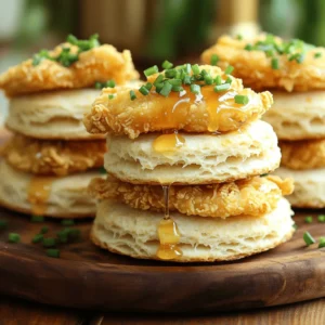 To make these Easy Hot Honey Chicken Biscuits, gather the following ingredients: - 2 cups all-purpose flour - 1 tablespoon baking powder - 1 teaspoon salt - 1/2 teaspoon baking soda - 1/4 cup unsalted butter, cold and cubed - 3/4 cup buttermilk - 1 pound chicken tenders - 1 cup buttermilk (for marinating) - 1 cup hot honey - High-smoke point oil for frying - Fresh chives or parsley for garnish These ingredients come together to create a tasty dish. The chicken stays juicy from the buttermilk marinade. The hot honey brings a sweet and spicy kick. The biscuits add a flaky texture. When you combine these elements, you create a perfect blend of flavors. Each bite will make your taste buds dance! Enjoy the process of gathering these items. It sets the stage for your cooking adventure. For the complete recipe, check the [Full Recipe]. To start, marinate the chicken tenders in buttermilk. Use a medium bowl and make sure each piece is well-coated. Cover the bowl with plastic wrap and place it in the fridge. The best marinating time is at least 30 minutes. For even more flavor, go for two hours. Next, we will make the biscuits. In a large mixing bowl, whisk together the dry ingredients: flour, baking powder, salt, and baking soda. Now, let's add the cold butter. You can use a pastry cutter or your fingers. Mix until you see coarse crumbs. You want pieces of butter about the size of peas. For frying, heat oil in a deep skillet over medium-high heat. You want enough oil to cover the bottom. After marinating, take the chicken out and let the excess buttermilk drip off. Fry the chicken tenders in batches. This will take about 5 to 7 minutes. They should be golden brown and fully cooked. Place them on a plate lined with paper towels to catch extra oil. Now, it's time to bake the biscuits! Preheat your oven to 425°F (220°C). Arrange your cut biscuits on a baking sheet lined with parchment paper. Bake for 12 to 15 minutes. You want them to turn a lovely golden-brown color. Once the biscuits cool a bit, slice each one in half. On the bottom half, add a crispy chicken tender. Drizzle with hot honey for that sweet and spicy kick. Top it off with the other half of the biscuit. This layering really brings the dish together. For the full recipe, check out the earlier sections! For the best biscuits, use cold butter. Cold butter helps create flaky layers. When you mix it with flour, it should stay in small pieces. This gives the biscuit a nice rise. Avoid overworking the dough. Too much mixing makes the biscuits tough. Mix just until you can see small lumps of butter. You can make your own hot honey blend. Just mix honey with a pinch of cayenne pepper. This lets you control the heat. Start with a small amount. You can always add more heat later. Adjust the heat level based on your taste. Some like it mild, while others enjoy a fiery kick. Display your dish on a rustic platter for a warm look. Drizzle extra hot honey on top for shine. It adds flavor and looks great. You can also garnish with fresh chives or parsley. This adds color to your plates. Serve with pickles or coleslaw to give a nice crunch. {{image_4}} You can switch up the flour for a gluten-free option. Almond flour or rice flour works well. Just remember to adjust the liquid in your recipe. If you want to go plant-based, you can swap chicken for tofu. Use firm tofu, press it to remove excess moisture, and marinate it like the chicken. This will give you a great texture and flavor. Adding herbs to your biscuits can lift their taste. Try some fresh rosemary or thyme for a nice twist. You can even mix in cheese like cheddar or parmesan for extra richness. Also, don't be afraid to experiment with different types of honey. Try clover honey for a milder taste or spicy honey for an extra kick. Each type adds its own unique flavor profile. These hot honey chicken biscuits pair well with sides. Coleslaw adds a crunchy, refreshing element. Pickles can bring a nice tang that balances the sweetness of the honey. For drinks, sweet tea or lemonade works great. They both complement the dish and keep the meal light and fun. For the full recipe, check out the complete guide to making these tasty treats! To keep your hot honey chicken biscuits fresh, store them in an airtight container. Place the biscuits and chicken in separate containers to maintain their texture. Refrigerate them within two hours of cooking to avoid spoilage. This method helps keep the biscuits soft and the chicken juicy. - Best practices: - Use an airtight container. - Separate biscuits and chicken. To keep the biscuits from getting soggy, avoid stacking them. It’s best to lay them flat. You can also place a paper towel in the container. This will absorb excess moisture and keep the biscuits from getting too soft. When you’re ready to enjoy your leftovers, reheating is key. For the best results, use the oven or air fryer. Both methods help keep the chicken crispy and biscuits warm. - Recommended methods: - Oven: Preheat to 350°F (175°C). Place biscuits and chicken on a baking sheet. Heat for about 10-15 minutes. - Air fryer: Set to 350°F (175°C). Heat for about 5-8 minutes. Avoid microwaving your biscuits, as this can make them soggy. Always check that the chicken is heated through. The internal temperature should reach 165°F (74°C). This ensures safety and keeps the dish tasty. For tips on the full recipe, explore how to prepare these delicious treats from scratch! Yes, you can prepare the biscuits in advance. Make the biscuit dough and cut out the shapes. Place them on a baking sheet and freeze until firm. Then, transfer them to a freezer bag. When ready to bake, you can bake them straight from the freezer. Just add a few extra minutes to the baking time for perfect results. If you don’t have buttermilk, you can use milk with a splash of vinegar or lemon juice. Mix one cup of milk with one tablespoon of either vinegar or lemon juice. Let it sit for about five minutes. This trick makes a good substitute that works well for marinating chicken. To check if the chicken is done, look for a few signs. The chicken should be golden brown. The juices should run clear when pierced. Use a meat thermometer if you have one. The internal temperature should reach 165°F (75°C) for safe eating. Yes, you can freeze the assembled biscuits. After frying the chicken and making the biscuits, let them cool. Wrap them tightly in plastic wrap or foil. Store them in a freezer bag. When you want to eat them, thaw in the fridge overnight. Reheat them in the oven to keep them crispy. This blog post detailed a delicious recipe for hot honey chicken biscuits. You learned how to marinate chicken, make flaky biscuits, and fry them perfectly. I shared tips to enhance flavor and presentation, plus variations for personal tastes. Remember, cooking can be simple and fun. Don't hesitate to experiment with ingredients and flavors. Enjoy your cooking journey while making this tasty dish!