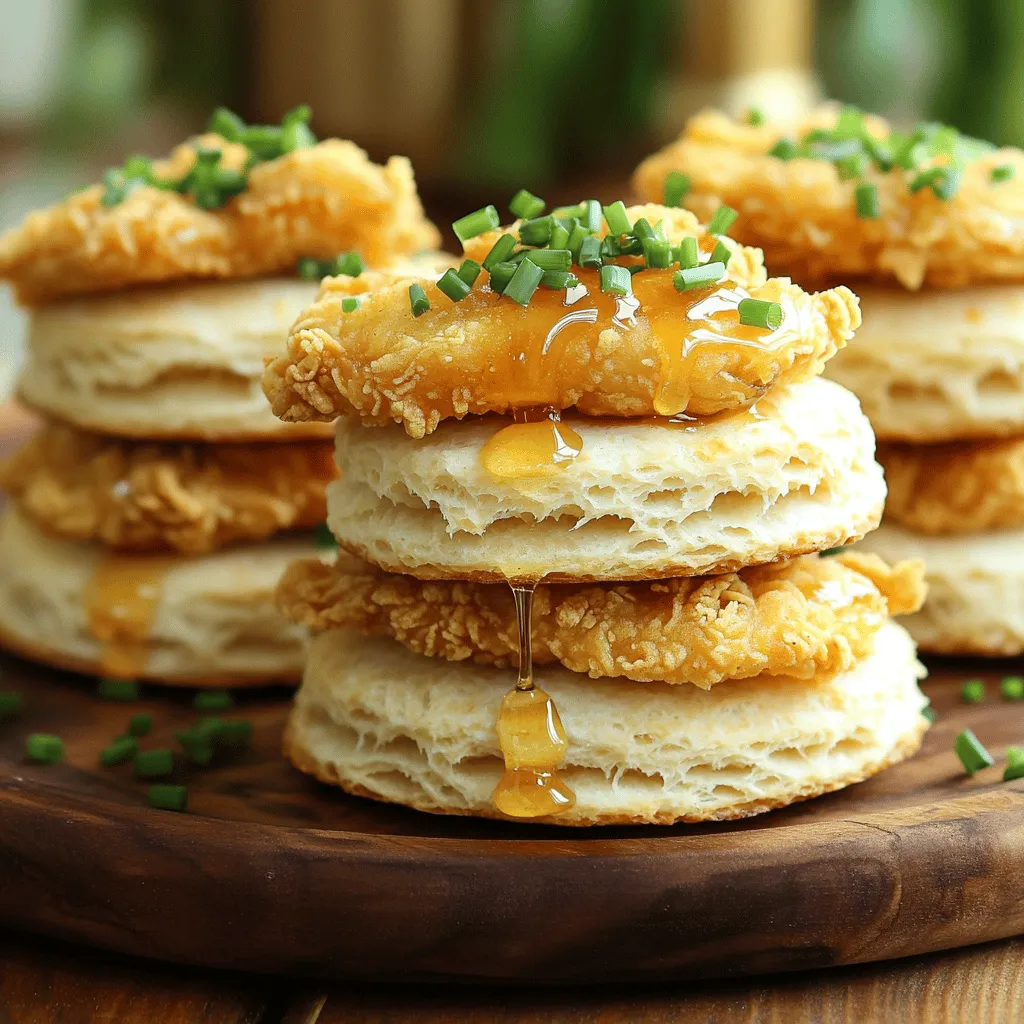 To make these Easy Hot Honey Chicken Biscuits, gather the following ingredients: - 2 cups all-purpose flour - 1 tablespoon baking powder - 1 teaspoon salt - 1/2 teaspoon baking soda - 1/4 cup unsalted butter, cold and cubed - 3/4 cup buttermilk - 1 pound chicken tenders - 1 cup buttermilk (for marinating) - 1 cup hot honey - High-smoke point oil for frying - Fresh chives or parsley for garnish These ingredients come together to create a tasty dish. The chicken stays juicy from the buttermilk marinade. The hot honey brings a sweet and spicy kick. The biscuits add a flaky texture. When you combine these elements, you create a perfect blend of flavors. Each bite will make your taste buds dance! Enjoy the process of gathering these items. It sets the stage for your cooking adventure. For the complete recipe, check the [Full Recipe]. To start, marinate the chicken tenders in buttermilk. Use a medium bowl and make sure each piece is well-coated. Cover the bowl with plastic wrap and place it in the fridge. The best marinating time is at least 30 minutes. For even more flavor, go for two hours. Next, we will make the biscuits. In a large mixing bowl, whisk together the dry ingredients: flour, baking powder, salt, and baking soda. Now, let's add the cold butter. You can use a pastry cutter or your fingers. Mix until you see coarse crumbs. You want pieces of butter about the size of peas. For frying, heat oil in a deep skillet over medium-high heat. You want enough oil to cover the bottom. After marinating, take the chicken out and let the excess buttermilk drip off. Fry the chicken tenders in batches. This will take about 5 to 7 minutes. They should be golden brown and fully cooked. Place them on a plate lined with paper towels to catch extra oil. Now, it's time to bake the biscuits! Preheat your oven to 425°F (220°C). Arrange your cut biscuits on a baking sheet lined with parchment paper. Bake for 12 to 15 minutes. You want them to turn a lovely golden-brown color. Once the biscuits cool a bit, slice each one in half. On the bottom half, add a crispy chicken tender. Drizzle with hot honey for that sweet and spicy kick. Top it off with the other half of the biscuit. This layering really brings the dish together. For the full recipe, check out the earlier sections! For the best biscuits, use cold butter. Cold butter helps create flaky layers. When you mix it with flour, it should stay in small pieces. This gives the biscuit a nice rise. Avoid overworking the dough. Too much mixing makes the biscuits tough. Mix just until you can see small lumps of butter. You can make your own hot honey blend. Just mix honey with a pinch of cayenne pepper. This lets you control the heat. Start with a small amount. You can always add more heat later. Adjust the heat level based on your taste. Some like it mild, while others enjoy a fiery kick. Display your dish on a rustic platter for a warm look. Drizzle extra hot honey on top for shine. It adds flavor and looks great. You can also garnish with fresh chives or parsley. This adds color to your plates. Serve with pickles or coleslaw to give a nice crunch. {{image_4}} You can switch up the flour for a gluten-free option. Almond flour or rice flour works well. Just remember to adjust the liquid in your recipe. If you want to go plant-based, you can swap chicken for tofu. Use firm tofu, press it to remove excess moisture, and marinate it like the chicken. This will give you a great texture and flavor. Adding herbs to your biscuits can lift their taste. Try some fresh rosemary or thyme for a nice twist. You can even mix in cheese like cheddar or parmesan for extra richness. Also, don't be afraid to experiment with different types of honey. Try clover honey for a milder taste or spicy honey for an extra kick. Each type adds its own unique flavor profile. These hot honey chicken biscuits pair well with sides. Coleslaw adds a crunchy, refreshing element. Pickles can bring a nice tang that balances the sweetness of the honey. For drinks, sweet tea or lemonade works great. They both complement the dish and keep the meal light and fun. For the full recipe, check out the complete guide to making these tasty treats! To keep your hot honey chicken biscuits fresh, store them in an airtight container. Place the biscuits and chicken in separate containers to maintain their texture. Refrigerate them within two hours of cooking to avoid spoilage. This method helps keep the biscuits soft and the chicken juicy. - Best practices: - Use an airtight container. - Separate biscuits and chicken. To keep the biscuits from getting soggy, avoid stacking them. It’s best to lay them flat. You can also place a paper towel in the container. This will absorb excess moisture and keep the biscuits from getting too soft. When you’re ready to enjoy your leftovers, reheating is key. For the best results, use the oven or air fryer. Both methods help keep the chicken crispy and biscuits warm. - Recommended methods: - Oven: Preheat to 350°F (175°C). Place biscuits and chicken on a baking sheet. Heat for about 10-15 minutes. - Air fryer: Set to 350°F (175°C). Heat for about 5-8 minutes. Avoid microwaving your biscuits, as this can make them soggy. Always check that the chicken is heated through. The internal temperature should reach 165°F (74°C). This ensures safety and keeps the dish tasty. For tips on the full recipe, explore how to prepare these delicious treats from scratch! Yes, you can prepare the biscuits in advance. Make the biscuit dough and cut out the shapes. Place them on a baking sheet and freeze until firm. Then, transfer them to a freezer bag. When ready to bake, you can bake them straight from the freezer. Just add a few extra minutes to the baking time for perfect results. If you don’t have buttermilk, you can use milk with a splash of vinegar or lemon juice. Mix one cup of milk with one tablespoon of either vinegar or lemon juice. Let it sit for about five minutes. This trick makes a good substitute that works well for marinating chicken. To check if the chicken is done, look for a few signs. The chicken should be golden brown. The juices should run clear when pierced. Use a meat thermometer if you have one. The internal temperature should reach 165°F (75°C) for safe eating. Yes, you can freeze the assembled biscuits. After frying the chicken and making the biscuits, let them cool. Wrap them tightly in plastic wrap or foil. Store them in a freezer bag. When you want to eat them, thaw in the fridge overnight. Reheat them in the oven to keep them crispy. This blog post detailed a delicious recipe for hot honey chicken biscuits. You learned how to marinate chicken, make flaky biscuits, and fry them perfectly. I shared tips to enhance flavor and presentation, plus variations for personal tastes. Remember, cooking can be simple and fun. Don't hesitate to experiment with ingredients and flavors. Enjoy your cooking journey while making this tasty dish!
