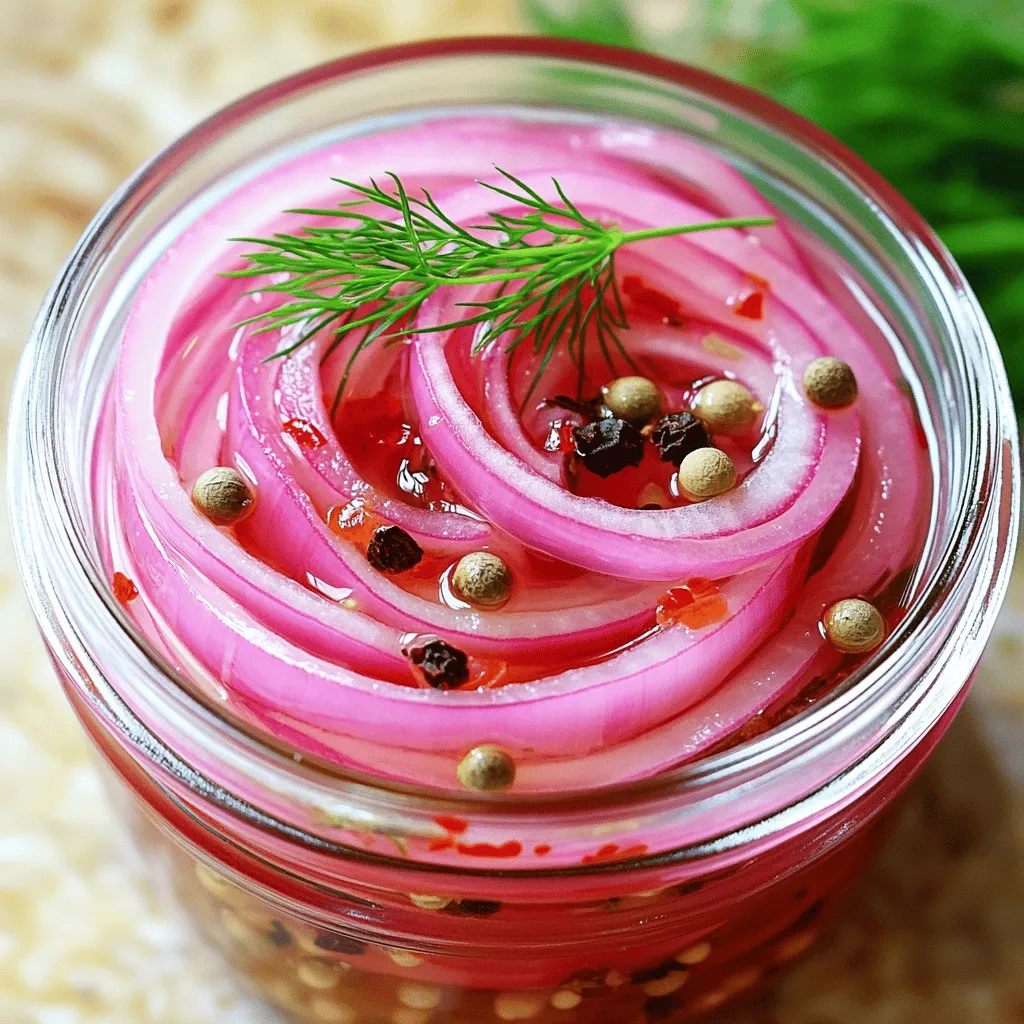 - 1 large red onion, thinly sliced - 1 cup apple cider vinegar - 1 cup water - 2 tablespoons granulated sugar - 1 tablespoon sea salt - 1 teaspoon whole black peppercorns - 1/2 teaspoon red pepper flakes (optional) - Fresh herbs (such as dill or thyme, optional) To make quick pickled onions, gather your ingredients first. The red onion gives a sweet, tangy taste. Apple cider vinegar adds a nice zing. Water helps balance the flavors. Sugar adds sweetness, while salt enhances the taste. Black peppercorns bring warmth, and red pepper flakes can add spice if you want. Fresh herbs like dill or thyme provide a lovely aroma and taste, boosting the flavor even more. Using fresh ingredients makes a big difference. You can find red onions at any grocery store. Apple cider vinegar is a great choice for pickling because of its mild flavor. If you want to experiment, feel free to swap in other vinegars, but this recipe shines with apple cider vinegar. Remember, the quality of your ingredients matters. When fresh, your pickled onions will taste amazing and add zest to many dishes. For the full recipe, check out the recipe section for instructions on making these flavorful pickled onions! Slice the red onion thinly. Use a sharp knife to make clean cuts. Place the slices into a clean, heatproof jar or a mixing bowl. Ensure your container is large enough to hold all the onion slices comfortably. This step is key for proper pickling. In a medium saucepan, combine: - 1 cup apple cider vinegar - 1 cup water - 2 tablespoons granulated sugar - 1 tablespoon sea salt - 1 teaspoon whole black peppercorns - 1/2 teaspoon red pepper flakes (optional) Stir the mixture well to mix the ingredients. Set the saucepan on medium heat. Stir it occasionally to help the sugar and salt dissolve. Heat the mixture until it gently simmers, but do not let it boil. This keeps the flavors balanced. Carefully remove the saucepan from the heat. Pour the hot brine over the sliced onions in your jar or bowl. Make sure all the onions are fully submerged in the brine. If you desire, add fresh herbs like dill or thyme for extra flavor. Let the mixture cool to room temperature for about 10-15 minutes. After it cools, seal the jar or cover the bowl with plastic wrap. For the best taste, refrigerate the pickled onions for at least 15 minutes. They can stay fresh in the fridge for up to a week. The flavors will deepen over time. Find the full recipe for these quick and zesty pickled onions to enhance your dishes. To get the best taste from your quick pickled onions, adjust the sweetness and spice. If you like a sweeter bite, add more sugar. For extra heat, increase the red pepper flakes. Start with small changes and taste as you go. Fresh herbs can elevate your pickled onions. I love adding dill or thyme. These herbs give a nice twist to the flavor. Just toss them in when you pour the brine over the onions. Want to speed up the brining process? After pouring the hot brine over the onions, cover the jar with a lid. This traps heat and helps them pickle faster. You can also place the jar in a cold water bath. This helps cool it down quickly. To keep your onions crisp, make sure not to overcook the brine. Heat just enough to dissolve the sugar and salt. This way, your onions stay crunchy and fresh. When serving pickled onions, make them pop! Use them as toppings for tacos or fresh salads. They add a bright color and a zesty flavor. Garnish with extra herbs for a nice touch. These onions pair well with many dishes. Try them on sandwiches, burgers, or grain bowls. Their sharp taste complements rich foods nicely. You can also use them to brighten up a simple dish. For the full recipe, check out the details above. {{image_4}} You can switch the vinegar for a new taste. White vinegar gives a sharper flavor. Rice vinegar offers a milder and sweeter option. Both work well, just remember to adjust the sugar if needed. Each vinegar brings its own charm, so feel free to experiment! Why not add more colors and flavors? Carrots, jalapeños, or radishes can join the onions. Slice the carrots thinly or cut the jalapeños into rings. These veggies add crunch and spice. Mixing different vegetables makes your pickles even more fun. It’s a great way to use what you have at home. Use seasonal fruits or herbs to change things up. In spring, try adding fresh herbs like basil or mint. In summer, fruit like peaches or mangoes can add a sweet twist. In fall, pumpkin or apples could be delightful. Adapting your pickles keeps them fresh and exciting. You can find new flavors all year round! For the full recipe, check out the Quick & Zesty Pickled Onions section. Pickled onions stay fresh in the fridge for about a week. After you make them, the flavor deepens over time. You can enjoy them for up to seven days, but they taste best within the first few days. If you notice any off smells or changes in color, it's best to toss them. Use a clean glass jar with a tight lid for storage. This helps keep air out and maintains crispness. Avoid plastic containers, as they can absorb flavors. - Recommended Containers: - Glass jars with tight seals - Mason jars To prevent spoilage, always ensure the onions are fully submerged in the brine. If you see any air pockets, push the onions down gently. Don’t throw away that leftover brine! It’s packed with flavor and can be used in many ways. Here are some ideas: - Use it to pickle other vegetables like carrots or cucumbers. - Add it to salad dressings for an extra zing. - Mix it into marinades for meats or tofu. - Use it in soups or stews for added depth. This brine is a treasure trove of flavor that enhances many dishes! The whole process takes just 20 minutes. First, you slice the red onion. This step only takes about five minutes. Next, you make the brine by heating vinegar, water, sugar, and salt. This part takes about ten minutes. Finally, you pour the brine over the onions and let them cool for a few minutes. After 15 minutes in the fridge, they are ready to eat! Yes, you can make pickled onions ahead of time! They store well in the fridge for up to a week. Just keep the onions in a sealed jar or bowl. The flavors get better the longer they sit. If you want to save them for later, just make sure they stay in the fridge. Pickled onions can be healthy! They are low in calories and packed with nutrients. Onions contain vitamins C and B6, which help your body stay strong. The vinegar in the brine may aid digestion too. Just watch out for too much salt if you have health concerns. Overall, they make a tasty and nutritious addition to your meals. Enjoy them with tacos, salads, or sandwiches for a flavor boost! Pickling onions is simple and fun. We covered the essential ingredients and step-by-step instructions. You learned how to make tasty brine and perfect your flavors. We also discussed variations and storage tips. Pickled onions add zest to many dishes and store well. Try making them your way for extra flavor. Happy pickling!