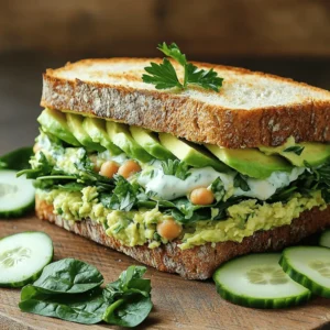 - 1 cup cooked and cooled chickpeas, drained - 1/2 cup creamy Greek yogurt - 1/4 cup tahini - 1 tablespoon fresh lemon juice - 1 tablespoon apple cider vinegar - 1/2 ripe avocado, mashed - Fresh herbs: parsley and basil - 1 garlic clove, minced - Seasoning: salt and black pepper - 4 slices whole grain bread - 1 cup baby spinach or mixed greens - Fresh cucumber slices I love using chickpeas in this sandwich. They add a nice, hearty base. The creamy Greek yogurt gives a rich texture that feels indulgent. Tahini brings a nutty flavor, which works so well with the other ingredients. Lemon juice gives a bright zing, while apple cider vinegar adds a tangy kick. The mashed avocado adds creaminess and a touch of healthy fat. Fresh herbs like parsley and basil give a burst of flavor. Garlic adds depth, making the taste more robust. For the bread, I prefer whole grain. It adds fiber and has a nice, nutty taste. I always layer baby spinach or mixed greens for a fresh crunch. Lastly, fresh cucumber slices add a refreshing bite. This combination makes the Green Goddess Salad Sandwich not just tasty but also a healthy choice. You can find the full recipe below to make this delicious sandwich at home. - Mixing the ingredients for the Green Goddess spread In a large bowl, add the cooked chickpeas, Greek yogurt, tahini, lemon juice, apple cider vinegar, and mashed avocado. This combo gives the spread a rich and creamy base. - Mashing and combining the mixture Use a fork or potato masher to blend everything together. Aim for a mix that is smooth but still has some chunks. This texture adds interest to your spread. - Toasting the whole grain bread Lightly toast the slices of whole grain bread. A golden brown color makes the bread crispy and tasty. It creates a nice contrast with the creamy filling. - Assembling the sandwich Take two slices of the toasted bread and spread a generous layer of the green goddess mixture on each. Top with baby spinach or mixed greens and fresh cucumber slices. Finally, place the other two slices on top to complete the sandwich. - How to serve the Green Goddess Salad Sandwich Slice each sandwich in half for easy eating. Arrange the sandwiches on a rustic wooden board. Add extra cucumber slices on the side for a fresh touch. Garnish with a sprig of parsley to make it look inviting. Enjoy this fresh and flavorful meal right away for the best taste. To really make this Green Goddess Salad Sandwich shine, you can adjust the seasoning. Start with the salt and pepper, then taste and tweak as needed. If you like it spicy, add a pinch of red pepper flakes. For a zesty kick, toss in some chopped pickles or a touch of hot sauce. You can also explore adding different herbs. Chives or dill can add a unique twist to the spread. Want to change things up? Try adding diced bell peppers or shredded carrots for extra crunch and color. You can also mix in some nuts or seeds, like sunflower seeds, for added texture and nutrition. Toasting your bread is key to a great sandwich. I recommend using a toaster, but you can also use a skillet. If you choose a skillet, heat it over medium heat. Add a little olive oil or butter to get that golden crust. Toast each slice for about 2-3 minutes on each side. You want the bread to be crispy and sturdy enough to hold all the tasty filling. Try toasting the bread just before you assemble the sandwich. This keeps it warm and crunchy. A perfect bite awaits! {{image_4}} For the Greek yogurt, you can use sour cream or silken tofu. Both offer a creamy base and will still give you a rich taste. If you want a dairy-free option, try using cashew cream or coconut yogurt instead. For tahini, sunflower seed butter works well. It adds a nutty flavor without the sesame. You could also use almond butter if you prefer. When it comes to bread, whole grain is great, but don’t stop there! Try sourdough, rye, or even a gluten-free option. Each bread brings a different taste and texture. You can also use pita or wraps for a fun twist. To make your sandwich even more exciting, think about adding toppings. You can layer in juicy tomatoes or crisp bell peppers for extra crunch. Thinly sliced radishes add a peppery bite that pairs well with the creamy spread. If you want more greens, try arugula or thinly sliced kale. For spreads, hummus adds a nice layer of flavor. You can also spread some pesto for a fresh taste. Don't forget to sprinkle some seeds or nuts on top for added crunch. These small changes can turn your Green Goddess Salad Sandwich into a new favorite dish. To keep your Green Goddess Salad Sandwich fresh, wrap it well. Use plastic wrap or a reusable container. Store it in the fridge for up to two days. If you notice any sogginess, you can separate the filling from the bread. This keeps both parts fresh longer. For best taste, eat the sandwich the same day you make it. However, if you do have leftovers, consider adding extra greens or cucumbers just before eating. For quick assembly, prep your ingredients ahead of time. Cook and cool the chickpeas a day before. Mix the Green Goddess spread and store it in an airtight container. Chop the herbs and keep them in a small bag in the fridge. Toast the bread right before you want to eat. This way, you enjoy a crisp and fresh sandwich without a lot of fuss. You can make this meal even faster by preparing double the batch. Just follow the Full Recipe. A Green Goddess Salad Sandwich is a fresh, vibrant meal. It features a creamy spread made from chickpeas, Greek yogurt, tahini, and herbs. The main components include: - Cooked chickpeas for protein - Creamy Greek yogurt for richness - Tahini for a nutty flavor - Fresh herbs like parsley and basil - Bright lemon juice for zing - Crunchy vegetables like cucumber - Whole grain bread for a hearty base This sandwich is colorful and packed with flavor, making it a fun meal option. Yes, you can easily make this recipe vegan! To do this, swap the Greek yogurt for a plant-based yogurt. You can also replace the tahini with a nut or seed butter. Here are your options: - Use almond or cashew yogurt instead of Greek yogurt. - Choose sunflower seed butter if you need a nut-free option. This way, you keep the flavor while making it vegan-friendly. The Green Goddess spread lasts about three days in the fridge. To keep it fresh, store it in an airtight container. Here are some tips: - Keep the spread covered to prevent it from drying out. - If it looks a bit brown, stir it well before using. Make sure to use it within three days for the best taste! In this blog post, we explored the Green Goddess Salad Sandwich. You learned the key ingredients like chickpeas, yogurt, tahini, and fresh herbs. We went through each preparation step, from mixing to toasting. Serving tips for the sandwich helped you create a delightful meal. I shared ways to enhance flavors and offered alternatives for the recipe. With proper storage and meal prep tips, this sandwich stays fresh and tasty. Enjoy making this fun dish and experiment with your own twists!