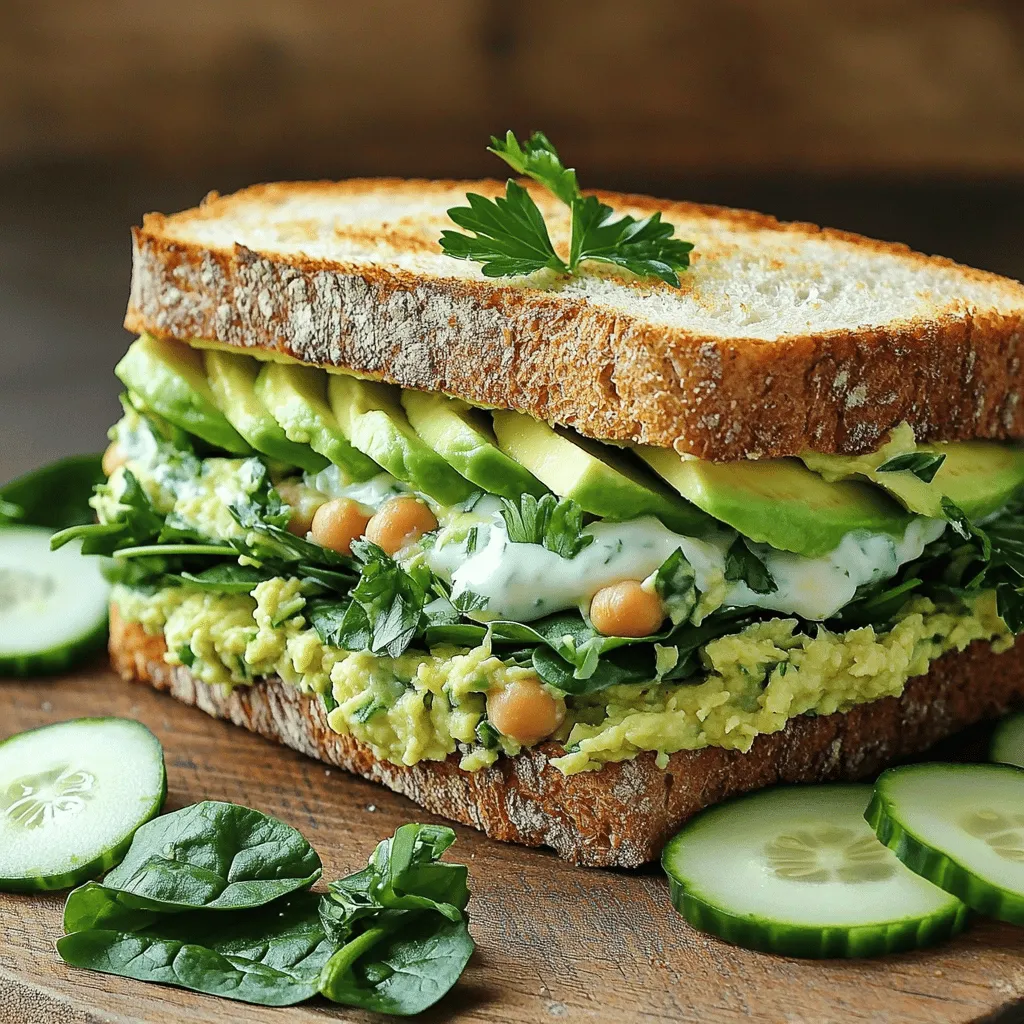 - 1 cup cooked and cooled chickpeas, drained - 1/2 cup creamy Greek yogurt - 1/4 cup tahini - 1 tablespoon fresh lemon juice - 1 tablespoon apple cider vinegar - 1/2 ripe avocado, mashed - Fresh herbs: parsley and basil - 1 garlic clove, minced - Seasoning: salt and black pepper - 4 slices whole grain bread - 1 cup baby spinach or mixed greens - Fresh cucumber slices I love using chickpeas in this sandwich. They add a nice, hearty base. The creamy Greek yogurt gives a rich texture that feels indulgent. Tahini brings a nutty flavor, which works so well with the other ingredients. Lemon juice gives a bright zing, while apple cider vinegar adds a tangy kick. The mashed avocado adds creaminess and a touch of healthy fat. Fresh herbs like parsley and basil give a burst of flavor. Garlic adds depth, making the taste more robust. For the bread, I prefer whole grain. It adds fiber and has a nice, nutty taste. I always layer baby spinach or mixed greens for a fresh crunch. Lastly, fresh cucumber slices add a refreshing bite. This combination makes the Green Goddess Salad Sandwich not just tasty but also a healthy choice. You can find the full recipe below to make this delicious sandwich at home. - Mixing the ingredients for the Green Goddess spread In a large bowl, add the cooked chickpeas, Greek yogurt, tahini, lemon juice, apple cider vinegar, and mashed avocado. This combo gives the spread a rich and creamy base. - Mashing and combining the mixture Use a fork or potato masher to blend everything together. Aim for a mix that is smooth but still has some chunks. This texture adds interest to your spread. - Toasting the whole grain bread Lightly toast the slices of whole grain bread. A golden brown color makes the bread crispy and tasty. It creates a nice contrast with the creamy filling. - Assembling the sandwich Take two slices of the toasted bread and spread a generous layer of the green goddess mixture on each. Top with baby spinach or mixed greens and fresh cucumber slices. Finally, place the other two slices on top to complete the sandwich. - How to serve the Green Goddess Salad Sandwich Slice each sandwich in half for easy eating. Arrange the sandwiches on a rustic wooden board. Add extra cucumber slices on the side for a fresh touch. Garnish with a sprig of parsley to make it look inviting. Enjoy this fresh and flavorful meal right away for the best taste. To really make this Green Goddess Salad Sandwich shine, you can adjust the seasoning. Start with the salt and pepper, then taste and tweak as needed. If you like it spicy, add a pinch of red pepper flakes. For a zesty kick, toss in some chopped pickles or a touch of hot sauce. You can also explore adding different herbs. Chives or dill can add a unique twist to the spread. Want to change things up? Try adding diced bell peppers or shredded carrots for extra crunch and color. You can also mix in some nuts or seeds, like sunflower seeds, for added texture and nutrition. Toasting your bread is key to a great sandwich. I recommend using a toaster, but you can also use a skillet. If you choose a skillet, heat it over medium heat. Add a little olive oil or butter to get that golden crust. Toast each slice for about 2-3 minutes on each side. You want the bread to be crispy and sturdy enough to hold all the tasty filling. Try toasting the bread just before you assemble the sandwich. This keeps it warm and crunchy. A perfect bite awaits! {{image_4}} For the Greek yogurt, you can use sour cream or silken tofu. Both offer a creamy base and will still give you a rich taste. If you want a dairy-free option, try using cashew cream or coconut yogurt instead. For tahini, sunflower seed butter works well. It adds a nutty flavor without the sesame. You could also use almond butter if you prefer. When it comes to bread, whole grain is great, but don’t stop there! Try sourdough, rye, or even a gluten-free option. Each bread brings a different taste and texture. You can also use pita or wraps for a fun twist. To make your sandwich even more exciting, think about adding toppings. You can layer in juicy tomatoes or crisp bell peppers for extra crunch. Thinly sliced radishes add a peppery bite that pairs well with the creamy spread. If you want more greens, try arugula or thinly sliced kale. For spreads, hummus adds a nice layer of flavor. You can also spread some pesto for a fresh taste. Don't forget to sprinkle some seeds or nuts on top for added crunch. These small changes can turn your Green Goddess Salad Sandwich into a new favorite dish. To keep your Green Goddess Salad Sandwich fresh, wrap it well. Use plastic wrap or a reusable container. Store it in the fridge for up to two days. If you notice any sogginess, you can separate the filling from the bread. This keeps both parts fresh longer. For best taste, eat the sandwich the same day you make it. However, if you do have leftovers, consider adding extra greens or cucumbers just before eating. For quick assembly, prep your ingredients ahead of time. Cook and cool the chickpeas a day before. Mix the Green Goddess spread and store it in an airtight container. Chop the herbs and keep them in a small bag in the fridge. Toast the bread right before you want to eat. This way, you enjoy a crisp and fresh sandwich without a lot of fuss. You can make this meal even faster by preparing double the batch. Just follow the Full Recipe. A Green Goddess Salad Sandwich is a fresh, vibrant meal. It features a creamy spread made from chickpeas, Greek yogurt, tahini, and herbs. The main components include: - Cooked chickpeas for protein - Creamy Greek yogurt for richness - Tahini for a nutty flavor - Fresh herbs like parsley and basil - Bright lemon juice for zing - Crunchy vegetables like cucumber - Whole grain bread for a hearty base This sandwich is colorful and packed with flavor, making it a fun meal option. Yes, you can easily make this recipe vegan! To do this, swap the Greek yogurt for a plant-based yogurt. You can also replace the tahini with a nut or seed butter. Here are your options: - Use almond or cashew yogurt instead of Greek yogurt. - Choose sunflower seed butter if you need a nut-free option. This way, you keep the flavor while making it vegan-friendly. The Green Goddess spread lasts about three days in the fridge. To keep it fresh, store it in an airtight container. Here are some tips: - Keep the spread covered to prevent it from drying out. - If it looks a bit brown, stir it well before using. Make sure to use it within three days for the best taste! In this blog post, we explored the Green Goddess Salad Sandwich. You learned the key ingredients like chickpeas, yogurt, tahini, and fresh herbs. We went through each preparation step, from mixing to toasting. Serving tips for the sandwich helped you create a delightful meal. I shared ways to enhance flavors and offered alternatives for the recipe. With proper storage and meal prep tips, this sandwich stays fresh and tasty. Enjoy making this fun dish and experiment with your own twists!