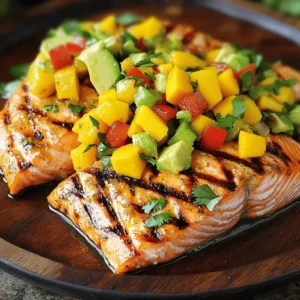 - 4 salmon fillets (6 oz each) - 2 tablespoons extra virgin olive oil - Fresh ingredients for mango salsa - 1 teaspoon garlic powder - 1 teaspoon smoked paprika - Salt and freshly ground black pepper to taste - Juice of 1 juicy lime - Veggies for salsa: mango, avocado, red onion, red bell pepper, jalapeño - Fresh herbs: cilantro In this dish, the salmon shines with its rich flavor and tender texture. The mango salsa adds a burst of freshness and sweetness. You can use fresh ingredients for the salsa to enhance the overall taste. Each component plays a key role in building flavor. For the seasoning, garlic powder and smoked paprika bring warmth and depth. The lime juice adds brightness. Salt and pepper balance everything perfectly. The mango salsa is where the magic happens. You’ll chop ripe mango, creamy avocado, and crisp veggies. The jalapeño gives a nice kick, while cilantro brightens it all up. This mix creates a colorful, tasty topping for your salmon. When you gather these ingredients, you set the stage for a meal that is vibrant and delicious. Try using fresh herbs and ripe fruits for the best results. Follow the Full Recipe for step-by-step guidance on making this delightful dish. To start, gather your ingredients. In a small bowl, whisk together: - 2 tablespoons extra virgin olive oil - 1 teaspoon garlic powder - 1 teaspoon smoked paprika - Juice of 1 juicy lime - Salt and freshly ground black pepper, to taste Mix until it looks smooth. This marinade will add great flavor to the salmon. Next, take your four salmon fillets and place them in a shallow dish. Pour the marinade over the salmon. Make sure every fillet is well coated. Cover the dish with plastic wrap. Let it rest in the fridge for 15-20 minutes. This helps the flavors soak in. While the salmon marinates, let’s make the mango salsa. In a medium bowl, combine: - 1 ripe mango, peeled and diced - 1 ripe avocado, peeled and diced - 1 small red onion, finely chopped - 1 red bell pepper, diced - 1 small jalapeño, deseeded and finely minced - ¼ cup fresh cilantro leaves, chopped Gently toss these ingredients together. Add a pinch of salt and pepper to taste. Set the salsa aside for the flavors to blend. Now, it's time to grill! Preheat your grill to medium-high heat. If using a grill pan, heat it on the stovetop over medium-high heat. When hot, place the salmon fillets skin-side down on the grill. Grill for about 4-5 minutes on each side. The salmon should become opaque and flake easily. You’ll see those lovely grill marks! Once the salmon is done, carefully remove it from the grill. Let it rest for a couple of minutes. This helps keep it juicy. To serve, place each salmon fillet on a plate. Top it with a generous scoop of your fresh mango salsa. Enjoy this tropical flavor explosion! For the full recipe, check out the details above! To get tasty grill marks and perfect doneness, follow these steps: - Preheat your grill to medium-high heat. This makes sure it’s hot enough. - Oil the grill grates lightly. Use a paper towel dipped in oil and tongs. - Place the salmon skin-side down on the grill. This keeps the fish moist. - Don’t move the salmon around. Let it sear for about 4-5 minutes. - Flip gently using a spatula when it’s time. Grill the other side for 4-5 minutes. - To check doneness, make sure the fish flakes easily with a fork. With these tips, your salmon will shine on the grill. Want to switch things up? Here are some spices and herbs to try: - Cumin adds a warm, earthy note. - Dill brings a fresh taste, perfect with fish. - Chili powder can kick up the heat a notch. - Thyme gives a subtle, woodsy flavor. - Lemon zest brightens up the dish nicely. Mix and match these to find your favorite flavor combo. Make your grilled salmon pop on the plate with these ideas: - Serve on a colorful platter to add vibrancy. - Add lime wedges for a splash of color and zest. - Use fresh cilantro on top for a bright finish. - Arrange your mango salsa in a neat pile on top of the salmon. - Garnish with extra diced mango for a sweet touch. These small details will make your dish look as good as it tastes. For the full recipe, check out the Tropical Grilled Salmon with Mango Salsa. {{image_4}} You can switch up the salsa for a fun twist. Try using pineapple instead of mango. Pineapple adds a sweet, juicy flavor. You can also mix in peaches or kiwi. These fruits work well with salmon too. Just keep the same idea: fresh, colorful, and vibrant. A berry salsa is another great option. Combine diced strawberries or blueberries with lime juice. This adds a tangy taste that balances the rich salmon. Each fruit brings its unique flair to the dish. If grilling isn't for you, don't worry. You can also bake or pan-sear the salmon. For baking, preheat your oven to 400°F (200°C). Place the salmon on a baking sheet. Brush it with olive oil and season as you like. Bake for about 12-15 minutes. The fish should be opaque and flake easily. For pan-searing, heat a skillet over medium-high heat. Add oil and place the salmon skin-side down. Cook for 4-5 minutes, then flip and cook for another 4-5 minutes. This method gives a nice crispy skin. You can make this dish fit your diet. For a gluten-free option, just ensure all ingredients are gluten-free. Use fresh spices instead of processed ones. If you want a low-carb meal, skip the avocado or use less. You can also swap out the mango for more veggies. Chopped cucumbers or radishes add crunch without the carbs. By making these small adjustments, you can enjoy grilled salmon with mango salsa in many ways! To store leftover salmon and salsa, follow these steps. First, let the salmon cool to room temperature. Wrap each fillet in plastic wrap or place it in an airtight container. Store it in the fridge for up to three days. For the mango salsa, transfer it into a separate airtight container. It can also last for three days. Make sure to keep it sealed to prevent browning. To reheat the salmon, use the oven or a skillet. Preheat your oven to 350°F (175°C). Place the salmon on a baking sheet and cover it with foil. Heat for about 10-15 minutes. This keeps the fish moist. If using a skillet, add a little olive oil over medium heat. Heat the salmon for about 2-3 minutes on each side. For salsa, serve it cold. If you prefer warm salsa, heat it gently in a pan for a few minutes. When stored correctly, grilled salmon can last up to three days in the fridge. The mango salsa also stays good for three days. If you want to keep it longer, you can freeze the salmon. Wrap it tightly and store it in a freezer-safe bag. It can last for up to two months in the freezer. However, the salsa does not freeze well. Enjoy it fresh for the best taste! You typically grill salmon for about 8 to 10 minutes. Cook each side for 4 to 5 minutes. You want the fish to turn opaque and flake easily. Keep an eye on it to avoid overcooking. Yes, you can use frozen salmon. Make sure to thaw it completely first. Place it in the fridge overnight or run it under cold water. This helps keep the salmon moist. Fresh salmon offers better taste, but frozen works well too. Some great sides are: - Steamed asparagus - Quinoa salad - Roasted vegetables - Garlic mashed potatoes For drinks, try a crisp white wine or a light beer. These pair well with the fish and salsa. Absolutely! You can prepare mango salsa a day in advance. Keep it in the fridge in an airtight container. Just remember to add a little lime juice before serving. This keeps the salsa fresh and bright. For the full recipe, check out the Tropical Grilled Salmon with Mango Salsa. This blog post covered everything you need for a delicious grilled salmon dish. We discussed key ingredients and how to make a vibrant mango salsa. You learned step-by-step instructions for marinating and grilling the salmon, along with helpful tips for presentation. Explore variations to suit your taste, and follow my storage tips for leftovers. With these easy techniques, you can enjoy fresh, tasty meals that impress. Now it’s time to fire up that grill and enjoy every bite!