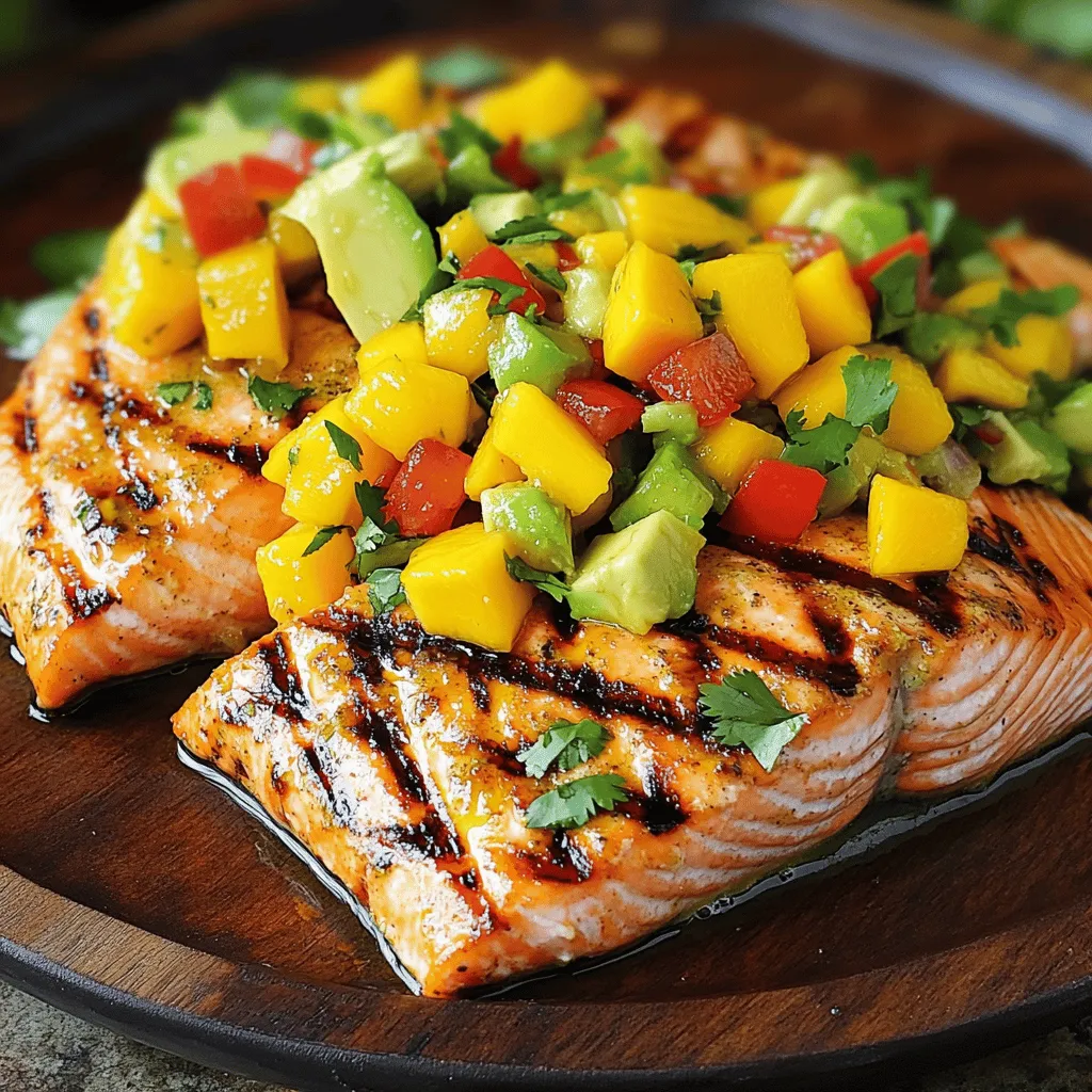 - 4 salmon fillets (6 oz each) - 2 tablespoons extra virgin olive oil - Fresh ingredients for mango salsa - 1 teaspoon garlic powder - 1 teaspoon smoked paprika - Salt and freshly ground black pepper to taste - Juice of 1 juicy lime - Veggies for salsa: mango, avocado, red onion, red bell pepper, jalapeño - Fresh herbs: cilantro In this dish, the salmon shines with its rich flavor and tender texture. The mango salsa adds a burst of freshness and sweetness. You can use fresh ingredients for the salsa to enhance the overall taste. Each component plays a key role in building flavor. For the seasoning, garlic powder and smoked paprika bring warmth and depth. The lime juice adds brightness. Salt and pepper balance everything perfectly. The mango salsa is where the magic happens. You’ll chop ripe mango, creamy avocado, and crisp veggies. The jalapeño gives a nice kick, while cilantro brightens it all up. This mix creates a colorful, tasty topping for your salmon. When you gather these ingredients, you set the stage for a meal that is vibrant and delicious. Try using fresh herbs and ripe fruits for the best results. Follow the Full Recipe for step-by-step guidance on making this delightful dish. To start, gather your ingredients. In a small bowl, whisk together: - 2 tablespoons extra virgin olive oil - 1 teaspoon garlic powder - 1 teaspoon smoked paprika - Juice of 1 juicy lime - Salt and freshly ground black pepper, to taste Mix until it looks smooth. This marinade will add great flavor to the salmon. Next, take your four salmon fillets and place them in a shallow dish. Pour the marinade over the salmon. Make sure every fillet is well coated. Cover the dish with plastic wrap. Let it rest in the fridge for 15-20 minutes. This helps the flavors soak in. While the salmon marinates, let’s make the mango salsa. In a medium bowl, combine: - 1 ripe mango, peeled and diced - 1 ripe avocado, peeled and diced - 1 small red onion, finely chopped - 1 red bell pepper, diced - 1 small jalapeño, deseeded and finely minced - ¼ cup fresh cilantro leaves, chopped Gently toss these ingredients together. Add a pinch of salt and pepper to taste. Set the salsa aside for the flavors to blend. Now, it's time to grill! Preheat your grill to medium-high heat. If using a grill pan, heat it on the stovetop over medium-high heat. When hot, place the salmon fillets skin-side down on the grill. Grill for about 4-5 minutes on each side. The salmon should become opaque and flake easily. You’ll see those lovely grill marks! Once the salmon is done, carefully remove it from the grill. Let it rest for a couple of minutes. This helps keep it juicy. To serve, place each salmon fillet on a plate. Top it with a generous scoop of your fresh mango salsa. Enjoy this tropical flavor explosion! For the full recipe, check out the details above! To get tasty grill marks and perfect doneness, follow these steps: - Preheat your grill to medium-high heat. This makes sure it’s hot enough. - Oil the grill grates lightly. Use a paper towel dipped in oil and tongs. - Place the salmon skin-side down on the grill. This keeps the fish moist. - Don’t move the salmon around. Let it sear for about 4-5 minutes. - Flip gently using a spatula when it’s time. Grill the other side for 4-5 minutes. - To check doneness, make sure the fish flakes easily with a fork. With these tips, your salmon will shine on the grill. Want to switch things up? Here are some spices and herbs to try: - Cumin adds a warm, earthy note. - Dill brings a fresh taste, perfect with fish. - Chili powder can kick up the heat a notch. - Thyme gives a subtle, woodsy flavor. - Lemon zest brightens up the dish nicely. Mix and match these to find your favorite flavor combo. Make your grilled salmon pop on the plate with these ideas: - Serve on a colorful platter to add vibrancy. - Add lime wedges for a splash of color and zest. - Use fresh cilantro on top for a bright finish. - Arrange your mango salsa in a neat pile on top of the salmon. - Garnish with extra diced mango for a sweet touch. These small details will make your dish look as good as it tastes. For the full recipe, check out the Tropical Grilled Salmon with Mango Salsa. {{image_4}} You can switch up the salsa for a fun twist. Try using pineapple instead of mango. Pineapple adds a sweet, juicy flavor. You can also mix in peaches or kiwi. These fruits work well with salmon too. Just keep the same idea: fresh, colorful, and vibrant. A berry salsa is another great option. Combine diced strawberries or blueberries with lime juice. This adds a tangy taste that balances the rich salmon. Each fruit brings its unique flair to the dish. If grilling isn't for you, don't worry. You can also bake or pan-sear the salmon. For baking, preheat your oven to 400°F (200°C). Place the salmon on a baking sheet. Brush it with olive oil and season as you like. Bake for about 12-15 minutes. The fish should be opaque and flake easily. For pan-searing, heat a skillet over medium-high heat. Add oil and place the salmon skin-side down. Cook for 4-5 minutes, then flip and cook for another 4-5 minutes. This method gives a nice crispy skin. You can make this dish fit your diet. For a gluten-free option, just ensure all ingredients are gluten-free. Use fresh spices instead of processed ones. If you want a low-carb meal, skip the avocado or use less. You can also swap out the mango for more veggies. Chopped cucumbers or radishes add crunch without the carbs. By making these small adjustments, you can enjoy grilled salmon with mango salsa in many ways! To store leftover salmon and salsa, follow these steps. First, let the salmon cool to room temperature. Wrap each fillet in plastic wrap or place it in an airtight container. Store it in the fridge for up to three days. For the mango salsa, transfer it into a separate airtight container. It can also last for three days. Make sure to keep it sealed to prevent browning. To reheat the salmon, use the oven or a skillet. Preheat your oven to 350°F (175°C). Place the salmon on a baking sheet and cover it with foil. Heat for about 10-15 minutes. This keeps the fish moist. If using a skillet, add a little olive oil over medium heat. Heat the salmon for about 2-3 minutes on each side. For salsa, serve it cold. If you prefer warm salsa, heat it gently in a pan for a few minutes. When stored correctly, grilled salmon can last up to three days in the fridge. The mango salsa also stays good for three days. If you want to keep it longer, you can freeze the salmon. Wrap it tightly and store it in a freezer-safe bag. It can last for up to two months in the freezer. However, the salsa does not freeze well. Enjoy it fresh for the best taste! You typically grill salmon for about 8 to 10 minutes. Cook each side for 4 to 5 minutes. You want the fish to turn opaque and flake easily. Keep an eye on it to avoid overcooking. Yes, you can use frozen salmon. Make sure to thaw it completely first. Place it in the fridge overnight or run it under cold water. This helps keep the salmon moist. Fresh salmon offers better taste, but frozen works well too. Some great sides are: - Steamed asparagus - Quinoa salad - Roasted vegetables - Garlic mashed potatoes For drinks, try a crisp white wine or a light beer. These pair well with the fish and salsa. Absolutely! You can prepare mango salsa a day in advance. Keep it in the fridge in an airtight container. Just remember to add a little lime juice before serving. This keeps the salsa fresh and bright. For the full recipe, check out the Tropical Grilled Salmon with Mango Salsa. This blog post covered everything you need for a delicious grilled salmon dish. We discussed key ingredients and how to make a vibrant mango salsa. You learned step-by-step instructions for marinating and grilling the salmon, along with helpful tips for presentation. Explore variations to suit your taste, and follow my storage tips for leftovers. With these easy techniques, you can enjoy fresh, tasty meals that impress. Now it’s time to fire up that grill and enjoy every bite!