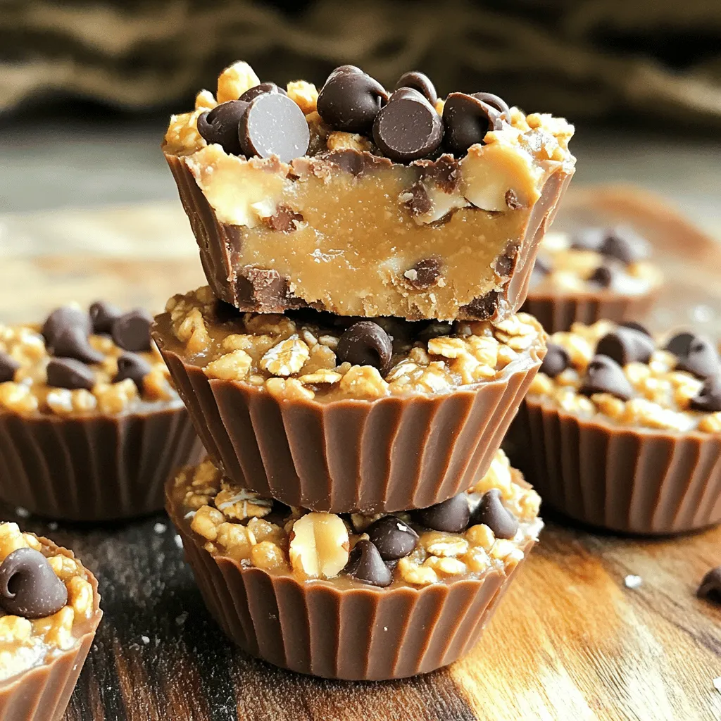- 1 cup rolled oats - 1/2 cup natural peanut butter - 1/4 cup honey or maple syrup - 1/4 cup mini chocolate chips - 1/4 cup chopped nuts (such as almonds or walnuts) - 1 teaspoon vanilla extract - A pinch of salt Gather these ingredients first. Rolled oats provide a great base. Natural peanut butter gives rich flavor and protein. Honey or maple syrup sweetens the mix. Mini chocolate chips add fun bites. Chopped nuts bring crunch. Vanilla extract enhances all the flavors. A pinch of salt balances the sweetness. - Different nut butters - Dried fruits - Seeds like chia or flaxseed You can switch up nut butters for variety. Try almond or cashew butter for a twist. Dried fruits add natural sweetness and chewiness. Consider raisins, cranberries, or apricots. Chia or flaxseed packs extra nutrition. These add-ins make the cups even more exciting! - Mixing bowls - Microwave-safe bowl - Muffin tin - Spoon or spatula You will need a few tools for this recipe. Mixing bowls help combine the dry and wet ingredients. Use a microwave-safe bowl to melt the peanut butter and syrup. A muffin tin shapes your oat cups. A spoon or spatula lets you mix and serve easily. This recipe is simple and fun, allowing you to enjoy delicious no-bake peanut butter oat cups. Remember to check the full recipe for detailed steps. - Begin by placing 1 cup of rolled oats in a large bowl. - Add a pinch of salt to the oats. - Stir them together until they mix well. - In a microwave-safe bowl, add 1/2 cup of natural peanut butter and 1/4 cup of honey or maple syrup. - Heat this mixture for about 30 seconds to 1 minute. - Stir it until the mix is warm and smooth. - Add 1 teaspoon of vanilla extract and mix well. - Pour the warm peanut butter mixture over the oats in the large bowl. - Stir thoroughly to coat all of the oats. - Gently fold in 1/4 cup of mini chocolate chips and 1/4 cup of chopped nuts. - Line a muffin tin with paper or silicone liners. - Use a spoon to evenly distribute the oat mixture into each cup. - Press down firmly to make sure they hold together. - Place the muffin tin in the refrigerator. - Let the oat cups chill for at least 30 minutes. - This helps them firm up and keeps their shape. For the full recipe, check the details above. Enjoy making your no-bake peanut butter oat cups! You can make these cups your own. Try different flavors like almond butter or cashew butter. Add dried fruits like cranberries or raisins for extra taste. You can also mix in seeds like chia or flaxseed for nutrition. Adjust the sweetness by adding more or less honey or maple syrup. Taste as you go for the best results. Make your oat cups look fancy! Drizzle melted chocolate or extra peanut butter on top. This adds appeal and taste. Use decorative plates to serve them. A nice presentation makes these treats even more special for friends and family. Sometimes, things don’t go as planned. If your mixture seems too crumbly, add more peanut butter. This will help it stick together. If your cups fall apart when you take them out, they might need more chilling. Ensure they are cold enough before serving. This helps them hold their shape. {{image_4}} You can make your no bake peanut butter oat cups even better! A popular choice is chocolate peanut butter oat cups. Just add 1/4 cup of cocoa powder to the peanut butter mix. This gives a rich flavor that pairs well with the oats. If you want a nut-free option, use sunflower seed butter instead of peanut butter. This keeps the same creamy texture and taste without nuts. For those who follow a vegan diet, you can substitute honey with maple syrup. This makes your cups vegan-friendly and just as tasty. If you need gluten-free options, use certified gluten-free oats. This ensures that everyone can enjoy these treats without worry. Pair your oat cups with yogurt or fresh fruits. This adds a nice contrast in texture and flavor. You can also use them as a topping for desserts like ice cream or puddings. The crunchy cups work great on soft desserts, adding fun and flavor. Store your no bake peanut butter oat cups in an airtight container. This keeps them fresh and tasty. They will last for up to one week in the fridge. Each time you grab one, it will taste just as good as the first. If you want a longer shelf life, freeze the oat cups. They freeze well and are easy to thaw. Simply take them out before serving. Let them sit at room temperature or place them in the fridge to thaw overnight. Always label your containers with dates. This way, you know how long they have been stored. It helps you keep track of freshness. Additionally, keep them away from direct sunlight. Sunlight can cause them to spoil faster, losing that yummy flavor. No-bake peanut butter oat cups last up to one week in the fridge. Store them in an airtight container to keep them fresh. If you want them to last longer, you can freeze them. They will stay good for about three months in the freezer. Just remember to thaw them in the fridge before you eat them. Yes, you can make these cups ahead of time. They are great for meal prep. Just follow the recipe and store them in an airtight container in the fridge. This way, you can enjoy a tasty treat anytime. They will stay fresh for about a week. If you need a nut-free option, try sunflower seed butter or soy nut butter. Both work well and taste great. You can also use pumpkin seed butter. Each of these spreads gives a different flavor profile, so feel free to experiment. Yes, you can add protein powder to these cups. Just mix in one or two tablespoons of your favorite protein powder with the dry oats. This will boost the protein content without changing the taste too much. Try to choose a flavor that complements the peanut butter. You can use maple syrup or agave nectar instead of honey. Both will add sweetness and work well in the recipe. If you want a sugar-free option, try using mashed bananas or a sugar substitute. Just keep in mind that it might change the texture a bit. In this blog post, I shared a simple recipe for no-bake peanut butter oat cups. We covered the ingredients, step-by-step instructions, and helpful tips for customization. These tasty cups are easy to make and fun to adapt. You can experiment with flavors and choices to fit your needs. Whether for a snack or dessert, these treats are sure to please. Enjoy making this recipe and sharing it with others!