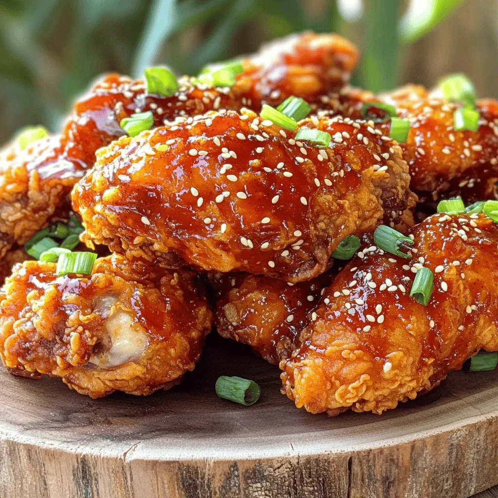 - Chicken wings or drumsticks - All-purpose flour - Cornstarch - Baking powder - Salt - Black pepper - Garlic powder - Ginger powder For this crispy delight, I start with fresh chicken wings or drumsticks. These pieces have great flavor and cook well. I use all-purpose flour and cornstarch to create the perfect coating. The cornstarch helps make the chicken extra crispy. I season the coating with baking powder, salt, black pepper, garlic powder, and ginger powder. The baking powder helps the chicken puff up during frying. Garlic and ginger add a nice kick, making each bite tasty. - Gochujang (Korean red pepper paste) - Honey - Soy sauce - Sesame oil - Toasted sesame seeds (for garnish) - Green onions (for garnish) The sauce is key to great Korean fried chicken. I use gochujang for that spicy, sweet flavor. Honey balances the heat, while soy sauce adds depth. A touch of sesame oil gives the sauce a nutty flavor. To finish, I sprinkle toasted sesame seeds and chopped green onions on top. These garnishes add a nice crunch and a pop of color. For the full recipe, check out the details above! Start by rinsing the chicken wings or drumsticks under cold, running water. This step helps wash away any bacteria. After rinsing, pat the chicken dry with paper towels. Drying is very important. It allows the chicken to get crispy when frying. If the chicken is wet, the batter won’t stick well, and you won’t get that crunchy texture. In a large mixing bowl, combine the dry ingredients. You need all-purpose flour, cornstarch, baking powder, salt, black pepper, garlic powder, and ginger powder. Whisk these together until they are evenly mixed. Gradually pour in cold water while stirring. You want a smooth batter that is thick enough to coat the chicken. If it’s too thin, it won’t stick. In a deep frying pan or pot, add enough vegetable oil to measure about 2 inches deep. Heat the oil over medium-high heat until it reaches about 180°C (350°F). When the oil is hot, carefully add the chicken pieces in batches. Make sure not to overcrowd the pan. Fry each batch for 8-10 minutes. Look for a golden brown color and crispy texture. Use a meat thermometer to check the chicken’s internal temperature. It should reach at least 75°C (165°F). Now you can enjoy making Korean Fried Chicken with this full recipe! For crispy chicken, the batter thickness matters. A thicker batter gives a better crunch. It clings well, creating that crunch we all love. Mix flour and cornstarch in equal parts for the best results. Frying technique is key too. Heat your oil to about 180°C (350°F). This temperature helps form a golden crust. Fry the chicken in small batches. Crowding the pan lowers the heat and makes the chicken soggy. You can adjust the spice levels with gochujang. If you like it spicier, add a bit more. If you prefer milder flavors, use less. Mix the sauce until it’s smooth and well-blended. Using alternative sweeteners is also an option. Honey is great, but you can try maple syrup or agave. These can add a unique twist to the sauce. Korean fried chicken pairs well with simple sides. Try serving it with pickled radish or coleslaw. These add freshness and balance the rich flavors. For drinks, a light beer works well. It complements the spicy chicken perfectly. You can also try a sweet tea or lemonade for a refreshing touch. If you want to start cooking, check out the Full Recipe for all the details! {{image_4}} You can make Korean fried chicken even better with tasty sauces. - Sweet and spicy variations: Combine gochujang with honey for a sweet kick. This mix gives a nice heat. You can adjust the heat by adding more or less gochujang. - Garlic soy sauce option: Mix soy sauce with minced garlic and a splash of sesame oil. This sauce adds a rich flavor and pairs well with the crispy chicken. Add some fun flavors and textures to your chicken. - Adding sesame seeds or scallions: Sprinkle toasted sesame seeds on top for crunch. Chopped scallions add a fresh taste and color. Both are great garnishes. - Incorporating other spices: Try adding paprika or cayenne pepper to the batter. These spices give extra flavor and heat to your chicken. You can choose different ways to cook your chicken. - Baking vs. frying: Frying gives the best crispiness, but baking is a healthier option. If you bake, use a high heat to get a nice crunch. - Air-fryer instructions for a healthier version: Coat the chicken as you normally would. Set your air fryer to 200°C (400°F) and cook for 20-25 minutes. This method keeps the chicken crispy with less oil. For the full recipe, check the main section above. When you have leftover Korean fried chicken, store it safely. First, let the chicken cool down to room temperature. Then, place it in an airtight container. You can keep it in the fridge for up to four days. This helps keep it fresh and tasty. For the best taste, don’t stack the chicken pieces too closely. This keeps them from getting soggy. If you want to reheat it later, use your oven instead of the microwave. This helps maintain the crispiness of the skin. Freezing your Korean fried chicken is a great way to save it for later. To freeze it properly, first, let the chicken cool completely. Wrap each piece in plastic wrap. Then, place the wrapped pieces in a freezer bag or container. This way, the chicken stays fresh for about three months. When you are ready to eat it again, take the chicken out of the freezer. Let it thaw in the fridge overnight. Once thawed, reheat it in an oven at 180°C (350°F) for about 15-20 minutes. This ensures the chicken remains crispy. For more details, check the Full Recipe. Korean fried chicken has a unique texture. It is super crispy and light. The batter uses cornstarch, which helps achieve this crunch. The frying method also plays a big role. We double fry the chicken to make it extra crispy. This method cooks the chicken fully while keeping it juicy inside. The result? A delightful crunch that you won’t find in regular fried chicken. Yes, you can make gluten-free Korean fried chicken. Use gluten-free flour instead of all-purpose flour. You can also use rice flour for a lighter texture. Make sure to check your cornstarch too; it should be gluten-free. This way, you can enjoy the same crispy delight without gluten. The best way to reheat Korean fried chicken is in the oven. Preheat your oven to 190°C (375°F). Place the chicken on a baking sheet. Bake for 10 to 15 minutes. This method helps restore the crispiness. Avoid using the microwave, as it will make the chicken soggy. Korean fried chicken loves dipping sauces! Here are some great options: - Gochujang sauce: It adds spice and sweetness. - Soy garlic sauce: A classic choice with strong flavors. - Honey mustard sauce: For a sweet and tangy kick. Try these sauces to enhance your meal experience. They will take your fried chicken to the next level! Korean Fried Chicken is a tasty dish. You learned about the main ingredients, the sauce, and how to prepare, cook, and store it. I shared tips for making it crispy and ideas for variations. Try different sauces and spices to find your favorite. Remember to store leftovers right and reheat them well. Enjoy your Korean Fried Chicken experience and impress your friends with your cooking skills!