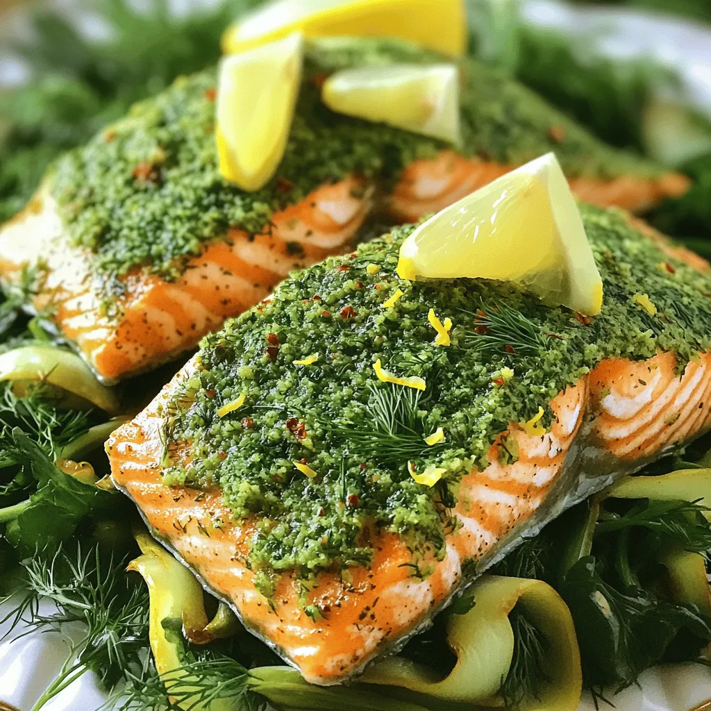 - 2 salmon fillets (approximately 6 ounces each) - 1 tablespoon extra virgin olive oil - 2 cloves garlic, finely minced - 1 tablespoon fresh parsley, finely chopped - 1 tablespoon fresh dill, finely chopped - 1 teaspoon freshly grated lemon zest - 1 teaspoon smoked paprika - Sea salt and freshly ground black pepper, to taste - Fresh lemon wedges for serving For this air fryer salmon recipe, you need fresh salmon fillets. Pick fillets that are firm and bright in color. You can also choose wild-caught salmon for a richer taste and better nutrition. Add olive oil for moisture and flavor. Minced garlic will enhance the dish. Fresh herbs like parsley and dill bring freshness. Lemon zest adds brightness and a hint of tartness. Smoked paprika gives a warm, smoky flavor that balances well with the fish. Use sea salt and black pepper to season the mix. Fresh lemon wedges offer a perfect finish. You can serve them alongside your salmon for a lovely touch. If you want the full recipe, make sure to follow the steps carefully for a delightful meal. Preheat your air fryer to a crisp 400°F (200°C). This step is key. Preheating helps cook the salmon evenly. It also gives you that lovely, crispy texture. If you skip this, your salmon might not cook right. In a mixing bowl, combine these ingredients: - 1 tablespoon extra virgin olive oil - 2 cloves garlic, finely minced - 1 tablespoon fresh parsley, finely chopped - 1 tablespoon fresh dill, finely chopped - 1 teaspoon freshly grated lemon zest - 1 teaspoon smoked paprika - Sea salt and freshly ground black pepper, to taste Stir well to form a fragrant herb paste. Use a fork or a spoon to mix evenly. The more you blend, the better the flavors will be. This herb mixture is what makes your salmon pop with flavor. First, gently pat the salmon fillets dry with paper towels. This helps achieve a nice sear. Place the fillets skin-side down on a clean plate. Next, spread the herb mixture generously over the top of each fillet. Press down gently with the back of a spoon. This helps the herbs stick well. Now, carefully arrange the salmon fillets in the air fryer basket. Make sure they do not touch each other. This allows for even cooking and good air flow. Cook the salmon in the air fryer for 10 to 12 minutes. Check if it is done by seeing if it flakes easily with a fork. It should appear opaque. Once finished, use tongs to remove the salmon. Let it rest for one minute. This keeps it juicy. Serve your crispy herb-crusted salmon with fresh lemon wedges for extra flavor. For the full recipe, refer to the earlier section. Enjoy your meal! To cook salmon just right, pay attention to time and heat. I recommend cooking at 400°F (200°C). For fillets about 6 ounces, cook for 10 to 12 minutes. Check the salmon near the end. The fish should look opaque and flake easily with a fork. Using a meat thermometer can help you get it perfect. Aim for an internal temperature of 145°F (63°C). This will ensure your salmon stays juicy and delicious. To add more flavor, try different herbs and spices. Fresh thyme, rosemary, or basil work great. If you like a kick, add some red pepper flakes. You can also switch up the seasoning based on what you enjoy. Adjust the salt and pepper to your taste. Start with a little, then add more if needed. Always remember, it’s easier to add than to take away! For more ideas, check out the Full Recipe for even more flavor tips. {{image_4}} You can change up the flavor of your air fryer salmon in tasty ways. For an Asian twist, try using soy sauce, ginger, and sesame oil. This combo gives the salmon a savory and rich taste. Add green onions and sesame seeds for a nice touch. For a Mediterranean flair, use olive oil, lemon juice, and oregano. This mix brightens the dish. You can also throw in some capers or olives for a salty bite. Both options give you a new spin on the basic recipe. If you need gluten-free options, the recipe is easy to adapt. Just skip any sauces with gluten. You can still enjoy the great taste of salmon. For those who avoid dairy, this recipe is naturally dairy-free. The olive oil and herbs keep it rich and flavorful without any cream. You can also try different fish if you want. Trout, tilapia, or even chicken can work in the air fryer, too. Just adjust the cooking time based on the thickness of the fish. This way, you can keep dinner exciting and fit your diet. For the full recipe, check out the complete instructions above. To store leftover salmon, cool it down first. Wrap the salmon tightly in plastic wrap or place it in an airtight container. This keeps the flavors fresh and prevents drying out. Cooked salmon lasts in the fridge for about 3 days. Make sure your fridge is at 40°F (4°C) or lower to keep it safe to eat. If you want to keep it longer, consider freezing it. When it’s time to reheat, I suggest using the air fryer again. Set it to 350°F (175°C) and warm the salmon for about 5 minutes. This method keeps the skin crispy. You can also reheat salmon in the microwave. Place it on a microwave-safe plate and cover it with a damp paper towel. Heat for 30 seconds at a time to avoid overcooking. To keep salmon moist, add a splash of water or lemon juice before reheating. This adds flavor and prevents dryness. Enjoy your tasty leftovers! You can tell if salmon is cooked well when it looks opaque and flakes easily with a fork. The flesh should be a lovely pink color inside. If you have a meat thermometer, check for a temperature of 145°F (63°C) at the thickest part. It is also key to let the salmon rest for about a minute after cooking. This resting time helps keep it juicy and allows the flavors to settle. Yes, you can cook frozen salmon in the air fryer! Just follow these steps: 1. Preheat your air fryer to 400°F (200°C). 2. Place the frozen fillets in the basket. 3. Cook for about 12 to 15 minutes, depending on thickness. 4. Check for doneness and adjust cooking time as needed. You may not need to add oil or seasonings until halfway through since the frost will melt. Air fryer salmon goes well with many side dishes. Here are some tasty options: - Roasted vegetables like asparagus or broccoli - Quinoa or rice for a filling base - A fresh salad with greens and a light vinaigrette - Mashed potatoes for comfort food These sides make your meal balanced and full of flavor. You learned how to make air fryer salmon in this post. We covered ingredients, step-by-step cooking, tips for perfect salmon, and variations. Remember, fresh herbs and lemon zest boost flavor. Cooking time matters; check it for doneness. Store extras well, so they stay tasty. You can even try different fish or flavors. I hope this makes cooking easy and fun!