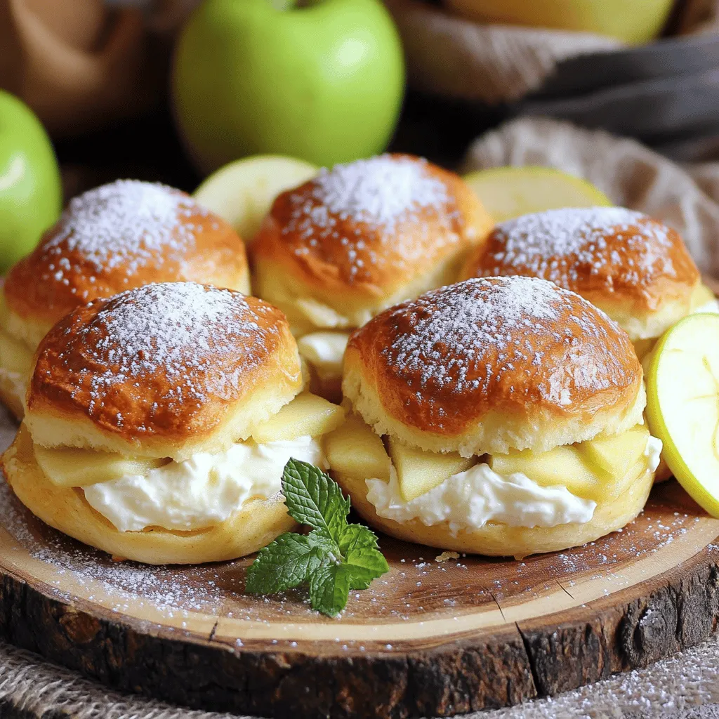 To make Apple Cheesecake Buns, gather these items: - 2 cups all-purpose flour - 1/2 cup granulated sugar - 1 tablespoon baking powder - 1/2 teaspoon salt - 1/2 cup whole milk - 1/4 cup unsalted butter, melted and slightly cooled - 1 large egg, at room temperature - 1 teaspoon pure vanilla extract - 1 cup cream cheese, softened to room temperature - 1/4 cup powdered sugar - 1 teaspoon ground cinnamon - 2 cups apples, peeled, cored, and diced (suggest Granny Smith or Honeycrisp) - 1 tablespoon fresh lemon juice - 1 tablespoon brown sugar - 1 teaspoon ground ginger Each ingredient plays a key role. If you need swaps, consider: - Use whole wheat flour for a healthier option. - Almond milk can replace whole milk for a dairy-free choice. - Coconut oil is a great substitute for unsalted butter. - For a lower sugar option, use a sugar substitute like stevia. Choosing good ingredients makes a big difference. Here are some tips: - For flour, look for brands that are unbleached. This helps with flavor. - Select fresh apples that are firm and free of bruises. - Use cream cheese that is full-fat for the best texture in your filling. - Always check the expiration date on dairy products to ensure freshness. These simple tips will help you create the best Apple Cheesecake Buns. For the full recipe, check the section above. To make these tasty apple cheesecake buns, gather your ingredients first. This will help you stay organized. You'll need flour, sugar, baking powder, salt, milk, butter, an egg, and vanilla. For the cream cheese filling, grab cream cheese, powdered sugar, and cinnamon. Don’t forget the apples, lemon juice, brown sugar, and ginger. 1. Preheat Oven: Start by setting your oven to 350°F (175°C). This ensures even baking. Grease a 9x13-inch pan with non-stick spray or butter. 2. Prepare Dough: Mix flour, sugar, baking powder, and salt in a bowl. In a second bowl, whisk milk, melted butter, egg, and vanilla. Pour the wet mix into the dry mix. Stir gently to avoid over-mixing. 3. Make Cream Cheese Filling: In another bowl, beat cream cheese with powdered sugar and cinnamon. Mix until smooth. Set this filling aside. 4. Prepare Apples: Combine diced apples with lemon juice, brown sugar, and ginger in a bowl. Toss well and let them sit for a few minutes. 5. Combine Ingredients: Roll out the dough into a rectangle about 1/4 inch thick on a floured surface. Spread the cream cheese filling evenly over the dough. Add the apple mixture on top. 6. Roll and Cut: Roll the dough into a tight log from one short edge. Cut the log into about 12 equal pieces. 7. Bake: Place the sliced buns in the greased pan with the cut sides up. Bake for 25-30 minutes until golden brown. 8. Cool and Serve: Let the buns cool for 10 minutes. For a tasty touch, drizzle them with a simple icing made from leftover cream cheese, powdered sugar, and a bit of milk. These steps create delicious apple cheesecake buns. Follow the Full Recipe to enjoy this treat! When making apple cheesecake buns, some errors can lead to less tasty results. First, don’t over-mix the dough. This makes the buns tough. Second, always use room temperature cream cheese. Cold cream cheese can create lumps in your filling. Lastly, watch your baking time closely. Overbaking will dry out your buns. For soft and fluffy buns, keep a few tips in mind. First, measure your flour correctly. Use the spoon and level method. This prevents using too much flour. Next, let the dough rest for a few minutes after mixing. This helps it relax and rise better. Lastly, bake until golden brown. This color shows they are done and will be soft inside. Apple cheesecake buns shine when served warm. You can dust them with powdered sugar for a sweet touch. Pair them with a scoop of vanilla ice cream for a delightful dessert. For a fun twist, serve with a side of caramel sauce for dipping. If you want to impress guests, drizzle a simple cream cheese icing over the top. You can find the full recipe to try these great ideas! {{image_4}} You can switch up the flavors in these Apple Cheesecake Buns easily. Try adding spices like nutmeg or cardamom for a warm kick. Chopped nuts, such as walnuts or pecans, add crunch and richness. You can even mix in some dried cranberries for a sweet-tart twist. Each change gives your buns a new taste. Toppings can make a big difference. Instead of cream cheese icing, try a simple glaze made with powdered sugar and milk. You can also sprinkle powdered sugar on top for a classic touch. For more flavor, drizzle with caramel sauce or add a scoop of vanilla ice cream. These options can take your buns to a new level. Want to make these buns gluten-free? Use a gluten-free flour blend instead of all-purpose flour. For a vegan version, substitute almond milk for whole milk and use a plant-based butter. Replace the egg with a flaxseed egg, which is made from ground flaxseed and water. These swaps let everyone enjoy this tasty treat. For the complete recipe, check out the Full Recipe section. To keep your leftover apple cheesecake buns fresh, place them in an airtight container. Make sure to let them cool completely before storing. If you want to enjoy them later, store them in the fridge. They will last about three to four days this way. Freezing is a great option if you want to save some buns for later. First, wrap each bun in plastic wrap. Then, place them in a freezer bag or container. Be sure to remove as much air as possible to prevent freezer burn. They can last in the freezer for up to three months. When you are ready to enjoy your frozen apple cheesecake buns, take them out of the freezer. Let them thaw in the fridge overnight. To reheat, place them in a preheated oven at 350°F (175°C) for about 10–15 minutes. This method keeps them soft and warm. You can also microwave them for 20-30 seconds if you’re in a hurry. For more details, check the Full Recipe. Apple Cheesecake Buns are sweet rolls filled with cream cheese and apples. They blend soft dough, creamy filling, and warm apples. Each bite offers a mix of flavors and textures. The apples add a fruity touch, while the cream cheese brings a rich taste. You can enjoy them as a dessert or treat with coffee. You can tell when the buns are done by checking their color. They should turn a lovely golden brown on top. You can also use a toothpick. Insert it into the center of a bun. If it comes out clean, the buns are ready. Bake them for 25-30 minutes for the best results. Yes, you can make the filling ahead of time. Mix the cream cheese, powdered sugar, and cinnamon. Store it in the fridge until you're ready to use it. This can save you time on baking day. Just remember to let it warm up a bit before spreading. You can find pre-made Apple Cheesecake Buns at some bakeries or grocery stores. Look in the bakery section for fresh options. Some larger stores may offer frozen versions too. However, making them at home is more fun and lets you control the flavors. For the full recipe, check the details above. To make Apple Cheesecake Buns, start with quality ingredients and follow each step closely. We explored important tips, from measuring to baking, ensuring you avoid common mistakes. Remember, experimenting with flavors or toppings can make your buns even better. Store any leftovers properly, and reheating them will keep them tasty. With the right methods and a little creativity, you can create delicious treats everyone will love. Enjoy baking these delightful buns again and again!