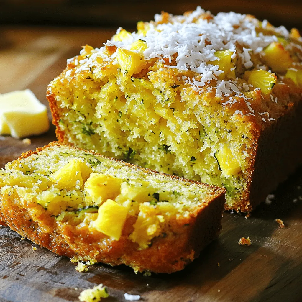 To make Pineapple Zucchini Bread, you need the following ingredients: - 1 medium zucchini, finely grated - 1 cup crushed pineapple, well-drained - 1/3 cup vegetable oil (or melted coconut oil for added flavor) - 1 large egg, at room temperature - 1 teaspoon pure vanilla extract - 1 ½ cups all-purpose flour - 1 teaspoon baking powder - 1 teaspoon baking soda - 1/2 teaspoon salt - 1 teaspoon ground cinnamon - 1/2 teaspoon ground nutmeg - 3/4 cup granulated sugar You can boost the flavor of your bread with these optional ingredients: - 1/2 cup chopped walnuts (for crunch) - 1/4 cup shredded coconut (for extra tropical flair) Having the right tools makes cooking easier. Here are some tools I recommend: - Mixing bowls (large and medium) - Whisk or fork - Measuring cups and spoons - Spatula or wooden spoon - 9x5 inch loaf pan - Wire rack for cooling This list covers everything you need to create a delicious Pineapple Zucchini Bread. For the full recipe, follow along with the preparation instructions. Start by preheating your oven to 350°F (175°C). Grab a 9x5 inch loaf pan. Grease it with butter or oil. Dust it with flour to keep the bread from sticking. In a large bowl, mix the grated zucchini, crushed pineapple, and vegetable oil. Add one large egg and pure vanilla extract. Use a whisk or fork to blend these well. Make sure there are no lumps. In a new bowl, whisk together the all-purpose flour, baking powder, baking soda, salt, ground cinnamon, and ground nutmeg. This step is key for even rising and flavor in your bread. Now, slowly add the dry mix to the wet ingredients. Stir gently with a spatula or wooden spoon. Do not overmix; this keeps the bread light and fluffy. Then, fold in the sugar, walnuts, and coconut if you choose. Pour the batter into the loaf pan, smoothing the top. Bake for 55-60 minutes. Check with a toothpick; it should come out clean or with a few moist crumbs. Let the bread cool in the pan for about 10 minutes. Then, move it to a wire rack to cool fully. Slice the bread warm and add a pat of butter on each slice. For a fun twist, you can top it with shredded coconut or a slice of fresh pineapple. Enjoy the bright, tropical flavors! To keep your pineapple zucchini bread moist, focus on two key factors. First, always use fresh zucchini. Squeeze out excess water from it before mixing. Second, make sure to drain the crushed pineapple well. Too much liquid can make the bread soggy. A good trick is to place the pineapple in a fine mesh strainer while you prep the other ingredients. This simple step ensures your bread stays fluffy and soft. One common mistake is overmixing the batter. This can make your bread dense and tough. Mix just until the dry and wet ingredients combine. Another mistake is not checking the oven temperature. An oven that is too hot can burn the top while the inside stays raw. Use an oven thermometer to ensure accuracy. Lastly, don’t skip the cooling step. Letting the bread cool helps the flavors develop and improves texture. You can easily boost the flavor of your bread. Adding spices like ginger or cloves can give it a warm kick. For a crunch, mix in some chopped nuts or seeds. Walnuts add a nice texture, and sunflower seeds bring a lovely nutty flavor. Want more tropical vibes? Toss in some shredded coconut. This gives the bread a sweet, chewy touch that pairs perfectly with pineapple. Check out the Full Recipe for all the details to make your bread even better! {{image_4}} You can easily make this bread gluten-free. Substitute all-purpose flour with a 1:1 gluten-free blend. Look for blends that include xanthan gum. This helps with texture and rise. For a vegan option, replace the egg with a flax egg. To make a flax egg, mix one tablespoon of ground flaxseed with three tablespoons of water. Let it sit for a few minutes until it thickens. You can also use applesauce as a substitute for oil. Use 1/3 cup of unsweetened applesauce instead of oil. To boost flavor, try adding spices like ginger or cloves. You can also mix in dried fruits like raisins or cranberries. For extra crunch, toss in chopped pecans or almonds. If you love coconut, consider adding more shredded coconut. Each of these choices can add a unique twist to your Pineapple Zucchini Bread. For the complete method to bake this tasty bread, check the Full Recipe. To keep your pineapple zucchini bread fresh, let it cool completely. Wrap it tightly in plastic wrap or aluminum foil. You can also store it in an airtight container. This method keeps moisture in and prevents it from drying out. Place the bread in a cool, dry place. It will stay fresh for about three days. If you want to save some for later, freezing is easy. First, slice the bread into pieces. Wrap each slice in plastic wrap. Then, place the wrapped slices in a freezer bag. Make sure to remove as much air as possible. This helps prevent freezer burn. You can freeze the bread for up to three months. When ready to eat, just thaw it in the fridge overnight. To enjoy your leftover bread, you can reheat it easily. Preheat your oven to 350°F (175°C). Place the slices on a baking sheet. Heat them for about 10 minutes. If you prefer the microwave, place a slice on a plate and heat for 15-20 seconds. Enjoy warm with butter or your favorite spread! For the full recipe, refer to the earlier instructions. Yes, you can use fresh pineapple. Just chop it finely. Make sure to drain excess juice. This keeps the bread from getting too wet. Fresh pineapple adds a bright flavor. You can check the bread with a toothpick. Insert it into the center of the loaf. If it comes out clean or with a few crumbs, it’s ready. The top should be golden brown and firm to the touch. If you don’t have zucchini, try using grated carrots or apples. Both add moisture and sweetness. They work well in this recipe. Just remember to adjust the amount based on your choice. Absolutely! This bread is a great choice for breakfast. It’s sweet, moist, and packed with flavor. You can enjoy it plain or with a bit of butter. It also pairs well with coffee or tea. To avoid dense bread, do not overmix the batter. Mix just until combined. Also, make sure to measure your flour correctly. Too much flour can make the bread heavy. Using the right amount of baking powder and soda helps too. For more details, check the Full Recipe. Now you know the key ingredients and steps to make Pineapple Zucchini Bread. You have details on flavors, tools, and tips for perfect texture. Remember, avoid common mistakes to get the best loaf. Feel free to try gluten-free or vegan options for variety. Store leftovers correctly to enjoy this treat later. With these tips, you’ll bake a delicious bread every time. Get started and impress your friends!