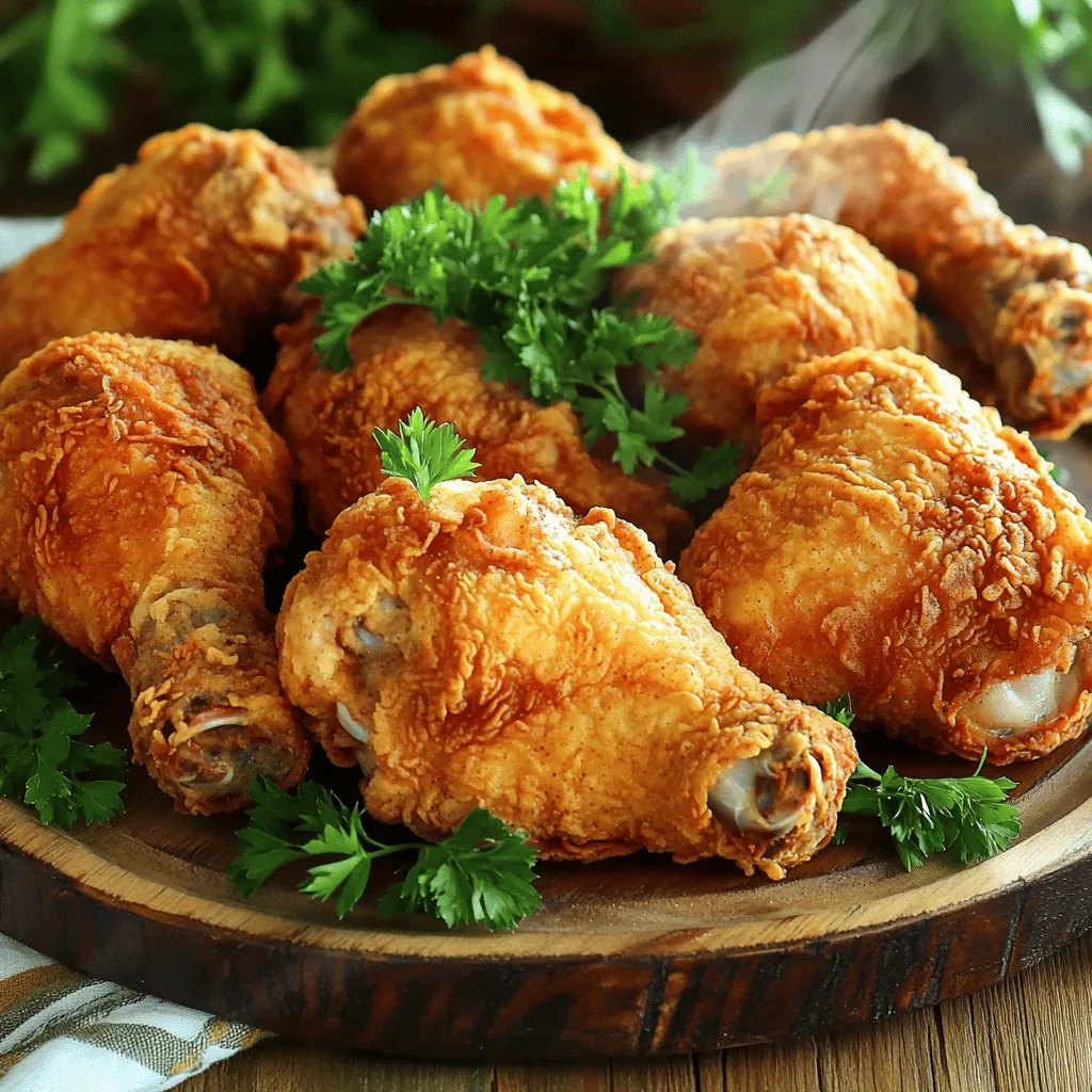 To make fried chicken without buttermilk, you need some key ingredients. Here’s what you’ll need: - 4 chicken thighs (bone-in, skin-on) - 4 chicken drumsticks (skin-on) - 1 cup all-purpose flour - 1 teaspoon paprika - 1 teaspoon garlic powder - 1 teaspoon onion powder - 1 teaspoon dried thyme - 1 teaspoon cayenne pepper (adjust to your spice preference) - 1 teaspoon salt - 1 teaspoon black pepper - 1 cup milk (or dairy-free alternative) - 1 tablespoon lemon juice (to create a buttermilk substitute) - Oil for frying (choose vegetable or peanut oil for the best results) These ingredients come together to create a crispy, flavorful fried chicken. If you don't have buttermilk, don’t worry! You can make a great substitute with just milk and lemon juice. Combine 1 cup of milk with 1 tablespoon of lemon juice. Let it sit for 5-10 minutes. This mixture will mimic the tanginess of buttermilk and help tenderize the chicken. You can also use other options. Try plain yogurt mixed with a bit of water. Or, use a dairy-free milk with lemon juice. Each option works well and gives you that nice, juicy chicken. Seasoning is key to great fried chicken. Here’s a blend that will elevate your dish: - Paprika adds a sweet, smoky flavor. - Garlic powder brings depth and warmth. - Onion powder adds a subtle sweetness. - Dried thyme gives an earthy touch. - Cayenne pepper adds a kick (adjust based on your spice level). - Salt enhances all the flavors. - Black pepper adds a nice bite. Mix these together in a large bowl with the flour. The blend creates a crispy coating that packs a punch. This way, you’ll have a fried chicken that tastes amazing and looks beautiful. For the full recipe, follow the steps outlined. Enjoy your cooking adventure! To make a buttermilk substitute, start by mixing milk and lemon juice. Use one cup of milk and add one tablespoon of lemon juice. Stir the mixture and let it sit for about 5-10 minutes. This lets the milk thicken, giving it the tangy taste of buttermilk. This step is key because it helps tenderize the chicken. Next, gather your dry ingredients for the coating. In a large bowl, mix together flour, paprika, garlic powder, onion powder, dried thyme, cayenne pepper, salt, and black pepper. Use a whisk to blend these ingredients evenly. This seasoned flour will give your chicken a great flavor. Now, take each chicken piece and dip it into the milk mixture. Make sure every part is coated well. Allow any extra liquid to drip back into the bowl. After this, roll the chicken in the seasoned flour. Press down gently to help the flour stick. Place the coated chicken on a plate or tray and get ready to fry. In a deep skillet, pour enough oil to cover the bottom by about 1-2 inches. Heat the oil over medium-high heat until it reaches around 350°F (175°C). You can check the temperature by dropping a bit of flour into the oil. If it sizzles right away, it’s ready. Carefully add the chicken pieces to the hot oil. Fry them in batches to avoid crowding the pan. This helps cook them evenly. Cook for about 10-12 minutes on each side. The chicken should turn golden brown, and the inside should reach 165°F (75°C). Once done, use tongs to remove the chicken and place it on a paper towel-lined plate. This helps soak up any extra oil. Let the chicken cool slightly before serving. Now, you’re ready to enjoy your crispy and flavorful fried chicken! For the complete recipe, check out the Full Recipe above. To get that perfect crispy coating, you need to follow a few steps. First, make sure to coat the chicken well in the milk mixture. This helps the flour stick. Next, press the chicken into the flour mix. This extra pressure helps create a thick crust. Let the coated chicken rest for a few minutes before frying. This allows the coating to set. Getting the oil temperature right is key. Heat your oil to about 350°F (175°C). If the oil is too cold, the chicken will soak up too much oil. If it’s too hot, the outside will burn before the inside cooks. A good way to test the oil is by dropping in a bit of flour. If it sizzles, you’re ready to fry. Avoid overcrowding the pan. When you add too many pieces, the temperature drops. This leads to soggy chicken. Fry in batches so each piece gets enough space. Also, do not skip the resting time after frying. Letting the chicken sit on paper towels helps remove excess oil. This makes your fried chicken even crispier. {{image_4}} To add heat to your fried chicken, use more cayenne pepper. Start with 1.5 teaspoons instead of 1. You can also add chili powder or hot sauce to your buttermilk substitute. This will give your chicken a spicy kick. If you like it even hotter, add some crushed red pepper flakes to the flour mix. This way, every bite packs a punch. If you need a gluten-free option, swap the all-purpose flour for gluten-free flour. Brands like almond or coconut flour work well. Just ensure your chicken is free from cross-contamination. The same spices can be used to keep the flavor strong. This way, you can enjoy crispy fried chicken without worry. You can change the taste of your fried chicken by using different herbs and spices. For a fresh twist, try adding rosemary or oregano to the flour mix. If you prefer a more savory flavor, use sage or dill. You can even add a hint of lemon zest to the flour for brightness. This makes the chicken taste unique and exciting. For the full recipe, check out the detailed steps provided above! To keep your fried chicken fresh, place it in an airtight container. Make sure it cools down to room temperature before sealing. This keeps moisture in while avoiding sogginess. If you have extra chicken, you can also wrap it tightly in foil or plastic wrap. Store it in the fridge if you plan to eat it within a few days. When you’re ready to enjoy your leftover fried chicken, the best way to reheat it is in the oven. Preheat your oven to 375°F (190°C). Place the chicken on a baking sheet lined with parchment paper. Heat for about 15-20 minutes, or until it reaches a crispy texture again. You can also reheat it in an air fryer for 10 minutes at 350°F (175°C) for extra crispiness. Leftover fried chicken can last in the fridge for about 3-4 days. If you want to store it longer, consider freezing it. Wrap the chicken pieces tightly in plastic wrap and then in foil to prevent freezer burn. It can last up to 3 months in the freezer. To thaw, move it to the fridge overnight before reheating. For the best flavor and texture, consume it sooner rather than later. Yes, you can use other dairy substitutes. Almond milk, soy milk, or oat milk work well. These options give the chicken a nice flavor. They also help keep the meat moist. Just remember to add lemon juice to these substitutes too. This creates a tangy taste similar to buttermilk. To check if your chicken is fully cooked, use a meat thermometer. Insert it into the thickest part of the chicken. The internal temperature should reach 165°F (75°C). If you don’t have a thermometer, look for a golden-brown color. The juices should run clear, not pink. Cutting the chicken open will also help you see if it’s done. Fried chicken pairs well with many sides. Here are some of my favorites: - Creamy coleslaw - Mashed potatoes with gravy - Buttered corn - Baked beans - Macaroni and cheese These sides add flavor and texture to your meal. You can mix and match depending on your mood. Enjoy your crispy fried chicken with these tasty options! Fried chicken is a delight that you can make at home. Using the right ingredients and techniques brings out great flavor. The tips and tricks shared help ensure a perfect crispy coating. You can also try variations to suit your taste, from spicy to gluten-free. With proper storage and reheating methods, your leftovers will stay tasty. Now you have the knowledge to fry delicious chicken confidently. Enjoy your cooking adventure!