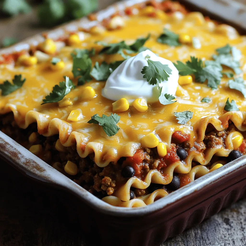 When making Taco Lasagna, the right ingredients make all the difference. Let’s break down what you need. - Ground meat options (beef or turkey): You can use one pound of either ground beef or ground turkey. Both add great flavor. Choose beef for a rich taste or turkey for a leaner option. - Alternative ingredients (vegetarian options): If you want a meat-free dish, swap the meat for lentils or more beans. Black beans work well. They keep the dish hearty and filling. You can also add chopped vegetables like bell peppers or zucchini for extra nutrients. - Optional toppings and garnishes: Feel free to get creative with toppings! You can add sliced jalapeños for heat or avocado for creaminess. Fresh cilantro is a great garnish. You can also serve with extra salsa or sour cream on the side for a zesty kick. Using high-quality ingredients will enhance the flavors. This Taco Lasagna is sure to impress anyone at your table. For the complete ingredient list, check the Full Recipe. 1. Preheat Oven: First, preheat your oven to 375°F (190°C). This prepares it for baking. 2. Cook Noodles: Boil water in a large pot. Add the lasagna noodles. Cook them until they are al dente. Drain the noodles and set them aside. 3. Prepare Meat: In a large skillet, heat over medium heat. Add your choice of ground beef or turkey. Cook until the meat is browned and no longer pink. Break it up with a spatula. Drain any extra fat. Stir in taco seasoning, garlic powder, and onion powder. Add 2 tablespoons of water. Cook for an additional 2 minutes to blend flavors. 1. Combine Ingredients: In a large bowl, mix the rinsed black beans, corn, salsa, and diced green chilies. Stir until mixed well. 2. Layer the Dish: In a 9x13 inch baking dish, start layering. Spread a thin layer of the meat mixture on the bottom. Place 3 lasagna noodles on top. Add half of the bean and corn mixture next. Follow it with half of the sour cream and a third of the shredded cheddar cheese. 3. Repeat Layering: Layer again by adding more meat, noodles, the rest of the bean and corn mixture, the remaining sour cream, and more cheese. Finish with a final layer of 3 noodles on top. 4. Add Final Toppings: Spread the remaining salsa over the last layer of noodles. Top with the last of the shredded cheese. 1. Cover and Bake: Cover the baking dish with aluminum foil. This stops it from browning too much. Bake in the preheated oven for 25 minutes. 2. Check for Doneness: After 25 minutes, carefully remove the foil. Bake for an additional 15 minutes. Check that the cheese is fully melted and bubbly. Following these steps will give you a delicious Taco Lasagna. For the complete recipe, refer to the [Full Recipe]. - How to cook noodles without sticking To cook noodles without sticking, use plenty of water. Bring the water to a rolling boil before adding the noodles. Stir them gently for the first minute. This helps keep them separated. - Making meat preparation easier Use a non-stick skillet for easy meat cooking. Ground beef or turkey cooks faster in a hot pan. Break the meat apart with a spatula as it cooks. This helps it brown evenly. - Best practices for layering Start with a thin layer of meat on the bottom. This helps prevent sticking. Alternate layers of noodles, meat, and beans. Try to keep the layers even for better cooking. - Ingredient substitutions for enhanced flavor You can swap ground beef for turkey or even beans for a veggie option. Use spicy salsa for more kick. Fresh herbs like cilantro add a bright touch. - Adding spice and heat (if desired) If you want more heat, add jalapeños to the layers. You can also sprinkle chili powder or cayenne pepper into the meat. This adds depth and makes each bite exciting. For the detailed recipe, check out the Full Recipe. {{image_4}} Vegetarian Taco Lasagna To make a vegetarian version, simply swap the meat for more beans or lentils. You can use a mix of black beans, kidney beans, and pinto beans. This adds protein and keeps the dish hearty. Also, try adding some chopped mushrooms or zucchini for extra flavor and texture. Gluten-free options for noodles If you need a gluten-free option, use gluten-free lasagna noodles. They cook and layer just like regular noodles. Always check the package to ensure they fit your needs. Your taco lasagna will still taste great and be safe for those with gluten sensitivities. Customizing with favorite veggies You can add your favorite veggies to enhance taste. Consider bell peppers, spinach, or corn. These veggies bring color and nutrients. Just chop them up and mix them into your layers. They will cook nicely in the oven. Exploring different types of cheese Feel free to experiment with different cheeses. Monterey Jack, pepper jack, or even queso fresco can add unique flavors. Mixing cheeses can create a creamy, delicious topping. Choose what you love most for a personal touch. For the full recipe, check out the section above. To keep your Taco Lasagna fresh, use airtight containers. Glass or plastic containers with tight lids work best. They help prevent air from spoiling your food. You can refrigerate the lasagna for up to four days. If you want to store it longer, freezing is a great option. Wrap the lasagna tightly in plastic wrap, then place it in a freezer bag or container. This method keeps the taste and texture intact for about three months. When reheating Taco Lasagna, the oven is the best choice. Preheat the oven to 350°F (175°C). Cover the lasagna with foil to keep it moist. Bake for about 20-25 minutes or until it is heated through. If you’re in a hurry, the microwave works too. Place a slice on a microwave-safe plate. Heat for 1-2 minutes, checking often to avoid overcooking. Reheating in the oven helps keep the cheese melty and the noodles firm, while the microwave can make it soft. Can I use no-boil lasagna noodles? Yes, you can use no-boil lasagna noodles. These noodles save time. Just layer them like regular noodles. They will soften during baking. How do I know when the Taco Lasagna is fully cooked? Look for bubbling cheese and a golden top. The edges should be slightly crispy. You can also use a knife. Insert it in the center. If it comes out hot, it’s ready. What side dishes pair well with Taco Lasagna? Serve it with a green salad and tortilla chips. You can also add guacamole or sour cream. These sides balance the meal well. How to make Taco Lasagna ahead of time? You can prepare it a day before. Layer all ingredients in the dish. Cover it tightly and refrigerate. Bake it when you are ready to serve. Can Taco Lasagna be made in advance and frozen? Yes, Taco Lasagna freezes well. Assemble it completely, but do not bake. Wrap it tightly in foil or plastic. Store it in the freezer for up to three months. What can I replace ground beef with? You can use ground turkey or chicken. For a vegetarian option, try lentils or mushrooms. They add great texture and flavor. Can I use different types of beans? Absolutely! You can use pinto beans or kidney beans. These beans work well in the dish. They add protein and fiber, making it even more filling. You’ve learned all the steps to make a tasty Taco Lasagna. From selecting ingredients to layering and baking, each part matters. Don’t forget to try variations for different diets. Use my tips for storage and reheating to enjoy leftovers later. With these insights, you can create delicious meals for any occasion. Now, gather your ingredients and start cooking a meal your friends and family will love!