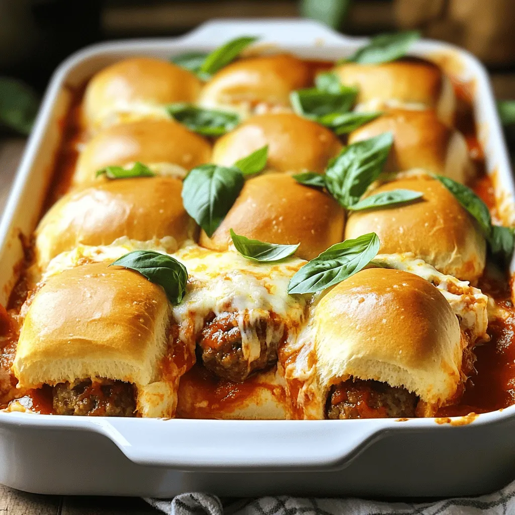 - 1 pound ground beef or turkey - 1/2 cup breadcrumbs - 1/4 cup grated Parmesan cheese - 1 large egg - 2 cloves garlic, minced - 1 teaspoon Italian seasoning - 2 cups marinara sauce - 2 cups shredded mozzarella cheese - 12 mini slider buns - Fresh basil leaves for garnish (optional) These ingredients make the perfect base for your Pull-Apart Meatball Sliders. You can choose ground turkey for a lighter taste, or stick with beef for that classic flavor. The breadcrumbs help keep the meatballs moist. Grated Parmesan cheese adds a rich flavor to each bite. In the seasoning section, garlic and Italian seasoning give the meatballs their aroma. Marinara sauce adds a delicious touch, while mozzarella creates that gooey, cheesy goodness. Don’t forget the slider buns! They hold everything together and make these sliders easy to eat. If you want to add a pop of color and freshness, fresh basil leaves are a great choice for garnish. For the full recipe, check out the detailed instructions on how to bring these sliders to life! - Preheat the oven to 375°F (190°C). This ensures even cooking. - Make the meatball mixture. In a large bowl, combine: - 1 pound ground beef or turkey - 1/2 cup breadcrumbs - 1/4 cup grated Parmesan cheese - 1 large egg - 2 cloves garlic, finely minced - 1 teaspoon Italian seasoning - 1 teaspoon salt - 1/2 teaspoon freshly ground black pepper Mix everything well. Use your hands or a spatula for a uniform blend. - Shape and brown the meatballs. Roll small portions of the mixture into round meatballs, about 1 inch wide. Aim for 20-24 meatballs. - Heat olive oil in a skillet over medium heat. Sear the meatballs for 4-5 minutes on each side until golden brown. They don’t need to be fully cooked right now. - Assemble the sliders in the baking dish. Spread the bottom halves of 12 mini slider buns in a greased 9x13-inch dish. Layer the browned meatballs over the buns, then pour 2 cups of marinara sauce on top. Sprinkle 2 cups of shredded mozzarella cheese evenly over everything. - Bake covered and then uncovered. Cover the dish with foil and bake for 15 minutes. Then, remove the foil and bake for an extra 5-10 minutes. Watch for the cheese to bubble and turn golden. - Allow to cool before serving. Let the sliders sit for a few minutes before cutting. This makes them easier to slice and serve. This full recipe will wow your guests at any gathering! To make great meatballs, you can try different cooking methods. You can bake, fry, or even grill them. Each method gives a unique taste. Baking is easy and allows for even cooking. Frying gives a nice crust. Grilling adds a smoky flavor. To achieve perfect browning, heat your skillet until it's hot. Add a bit of oil and place the meatballs carefully. Don’t overcrowd the pan. This helps them brown evenly. Cook them for about 4-5 minutes on each side until golden brown. Remember, they won’t be fully cooked yet. They will finish in the oven. Layering your sliders right is key to good flavor. Start by spreading the bottom halves of the mini slider buns in a greased dish. Place the meatballs on the buns, then pour marinara sauce over them. Use a good amount of sauce; it keeps the sliders moist. Sprinkle shredded mozzarella cheese on top for a cheesy finish. Place the top halves of the buns gently over the meatballs. Press down lightly to hold everything together. This helps the flavors blend while they bake. For a fun gathering, think about what to serve with your sliders. Fresh veggies and dip pair well. You can also offer chips or a light salad. These sides complement the sliders nicely. To make your sliders look special, consider how you present them. Use a large platter to display the sliders. You can garnish with fresh basil leaves for a pop of color. This small touch makes a big difference in how your dish looks at any party. {{image_4}} You can spice up your sliders by changing the seasonings. Try adding smoked paprika for a smoky taste. For a kick, mix in some red pepper flakes. You can also use fresh herbs like parsley or oregano. These small changes can make a big difference in flavor. For meatball fillings, consider adding cheese or roasted vegetables. A cube of mozzarella inside each meatball brings a melty surprise. You can also stuff them with sautéed mushrooms or spinach. These options add texture and taste, making your sliders even more enjoyable. If you want a healthier option, ground turkey is a great substitute for beef. It has less fat but still packs flavor. You can also try ground chicken or plant-based meats. These choices keep your sliders light without losing taste. For gluten-free sliders, use gluten-free buns. Many brands offer tasty alternatives. You can also make your own using almond flour or coconut flour. This way, everyone can enjoy the sliders, no matter their diet. To make vegetarian meatballs, use lentils or chickpeas as a base. Mash cooked lentils and mix them with breadcrumbs and seasonings. You can also use black beans for a different flavor. For cheese lovers, try vegan cheese options on top. Many brands offer great dairy-free cheeses that melt well. This way, your sliders stay cheesy and delicious, catering to all diets. With these variations, you can create a Pull-Apart Meatball Slider that suits any gathering. Want to try the original recipe? Check out the Full Recipe for details! To keep your sliders fresh, place them in an airtight container. Refrigerate them right after they cool. If you want to save some time, slice the sliders before storing. This way, it’s easy to grab just what you need. Use them within three days for the best taste. You can freeze your meatball sliders for later. Wrap each slider in foil or plastic wrap. Then, place them in a freezer-safe bag. They will last up to three months in the freezer. When you’re ready to eat them, thaw them overnight in the fridge. To reheat, place them in a preheated oven at 350°F (175°C) for about 15 minutes. This keeps them warm and soft. In the fridge, sliders last about three days. After that, they may lose their flavor and texture. Look for signs of spoilage like a sour smell or mold. If you see or smell anything off, it’s best to toss them. Trust your senses; they’re your best guide! To keep meatballs intact, you need a good binder. Use these tips: - Combine ground meat with breadcrumbs and egg. The egg helps hold it together. - Mix well, but don’t overwork the meat. This keeps them tender. - Chill the meatballs for 30 minutes before cooking. This helps them hold their shape. - Brown them in batches on medium heat. Don’t overcrowd the pan. This allows even cooking. Yes, you can prepare sliders ahead of time. This is great for events. Here’s how: - Make the meatball mixture and form the meatballs. - Cook and cool the meatballs. Then store them in the fridge. - Assemble the sliders without baking. Cover them tightly. - Bake them right before serving. This keeps them warm and fresh. If you want to switch up the sauce, try these options: - BBQ sauce adds a sweet and smoky flavor. - Pesto gives a fresh, herbal taste. - Alfredo sauce offers a creamy twist. - Consider homemade sauces for unique flavors. Each option adds a different flair to your sliders. We covered how to make delicious meatball sliders from start to finish. You learned key ingredients like ground beef, marinara sauce, and cheese. I shared tips for perfect cooking and flavor variations. Now, you can customize these sliders to suit your taste. Try different toppings or make a vegetarian option. With proper storage, these sliders can last days. Enjoy serving them at your next gathering!
