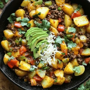 Here’s what you need for a tasty Mexican Ground Beef and Potato Skillet: - 1 lb ground beef - 2 medium-sized potatoes, diced into ½-inch cubes - 1 medium onion, finely chopped - 2 cloves garlic, minced - 1 bell pepper (choose your favorite color), chopped - 1 can (14 oz) diced tomatoes with green chilies - 1 tablespoon chili powder - 1 teaspoon ground cumin - 1 teaspoon smoked paprika - ½ teaspoon salt - ½ teaspoon black pepper - ¼ teaspoon cayenne pepper (optional, for extra heat) - 2 tablespoons extra virgin olive oil - Fresh cilantro, finely chopped (for garnish) - Slices of avocado (for serving) - Shredded cheese (optional, for topping) Gather these ingredients for a delightful meal that bursts with flavor. Each item plays a key role, from the savory ground beef to the hearty potatoes. The bell pepper and tomatoes add color and freshness, while spices bring warmth and depth. When you mix them together, they create a dish that is both comforting and satisfying. This blend of ingredients helps you make a dish that will impress everyone at the table. For the full recipe, check out the Zesty Mexican Beef and Potato Skillet! - First, gather your ingredients. - Chop the onion and bell pepper finely. - Dice the potatoes into ½-inch cubes. - Measure out the spices and oil. - Heat 2 tablespoons of olive oil in a large skillet over medium heat. - Add the chopped onion and bell pepper. - Sauté them for 3-4 minutes until tender. - Then, add 2 minced garlic cloves and cook for another minute. - Next, increase the heat to medium-high. - Add 1 pound of ground beef to the skillet. - Break it apart with a spatula and brown it for about 5-7 minutes. - Once the beef is browned, stir in the diced potatoes. - Cook them for about 5 minutes, stirring occasionally. - Cover the skillet with a lid to help them soften. - When the potatoes start to soften, pour in 1 can of diced tomatoes. - Add 1 tablespoon of chili powder, 1 teaspoon of ground cumin, and more spices. - Stir everything until well combined. - Lower the heat to medium-low and cover the skillet. - Let it simmer for 15-20 minutes, stirring occasionally. - Check if the potatoes are fork-tender and fully cooked. - Taste the mixture and adjust the seasoning as needed. - For serving, use a large spoon to scoop out the skillet dish. - Garnish with freshly chopped cilantro on top. - Add slices of avocado and optional shredded cheese. - Serve with warm tortillas for a delightful meal experience. For more details, check out the Full Recipe. To ensure even cooking, cut your potatoes into small, uniform pieces. This helps them cook at the same rate as the beef. A heavy-bottomed skillet works best for this dish. Cast iron or stainless steel skillets hold heat well, which aids in browning the beef and crisping the potatoes. You can add more spices to boost flavor. Try oregano, paprika, or even a pinch of cinnamon. For heat, start with a little cayenne pepper and adjust to your liking. If you enjoy fresh herbs, add cilantro or parsley at the end for a bright taste. This dish pairs well with warm tortillas or rice. You can also serve it with a side salad for a fresh touch. For family-style dining, serve it right from the skillet. Top it with avocado slices and cheese for a beautiful presentation. Add a squeeze of lime for extra zing! {{image_4}} You can switch out the ground beef for other proteins. Turkey or chicken works well too. For a plant-based meal, try lentils or tofu. These options still give you a hearty dish. You can also add more veggies. Bell peppers, zucchini, or corn add color and flavor. They make the meal more nutritious and fun. If you're avoiding gluten, use gluten-free ingredients. Most spices and canned goods are safe. You can also make a low-carb version. Replace potatoes with cauliflower or turnips. This change keeps the dish tasty while cutting carbs. Want to change things up? Use local spices for a new taste. Try adding cumin or oregano for a twist. You can also make fusion dishes. Mix in curry powder for an Indian flair or use BBQ sauce for a fun BBQ skillet. Each variation lets you explore new flavors. Enjoy the journey in your kitchen! After cooking your Mexican Ground Beef and Potato Skillet, let it cool down first. Use a glass or plastic container with a tight lid for storage. This method helps keep the flavors intact. In the fridge, the dish lasts up to four days. Always check for any signs of spoilage before enjoying leftovers. To freeze leftovers, let the dish cool completely. Portion it into freezer-safe bags or containers. Remove as much air as possible to prevent freezer burn. Label the bags with the date for easy tracking. Your skillet meal can stay fresh for up to three months in the freezer. When ready to eat, thaw it overnight in the fridge. Reheat it in a skillet over medium heat until steaming hot. This keeps the flavors vibrant and delicious. For a faster option, use the microwave, stirring occasionally to ensure even heating. You can serve this dish with warm tortillas. They add a nice touch. You might enjoy sliced avocado on the side. A simple green salad also pairs well. Consider some tangy pickled onions for extra flavor. Fresh cilantro on top gives it a pop of color. Yes, you can make this dish ahead. Cook it fully, then let it cool. Store it in a container in the fridge. When you want to eat, just reheat it in a skillet. Add a splash of water to keep it moist. You can also use the microwave for quick reheating. This recipe takes about 45 minutes in total. You will need around 10 minutes for prep. Cooking takes about 35 minutes. It serves four people, perfect for a family meal. Absolutely! To add heat, mix in more cayenne pepper. You can also add chopped jalapeños. For a smoky flavor, try chipotle powder. Taste as you go, so it suits your spice level. If you want, use ground turkey or chicken. These meats work well in this recipe. For a plant-based option, try lentils or crumbled tofu. They soak up flavors nicely and keep it hearty. This recipe shows you how to make a tasty Mexican Ground Beef and Potato Skillet. You learned about the crucial ingredients, easy steps, and helpful tips. Cooking can be simple and fun, especially when you customize your dish. Experiment with spices, proteins, and flavors that you enjoy. Don’t forget to store leftovers correctly. Enjoy sharing this meal with family or friends. This dish is sure to please everyone at the table!