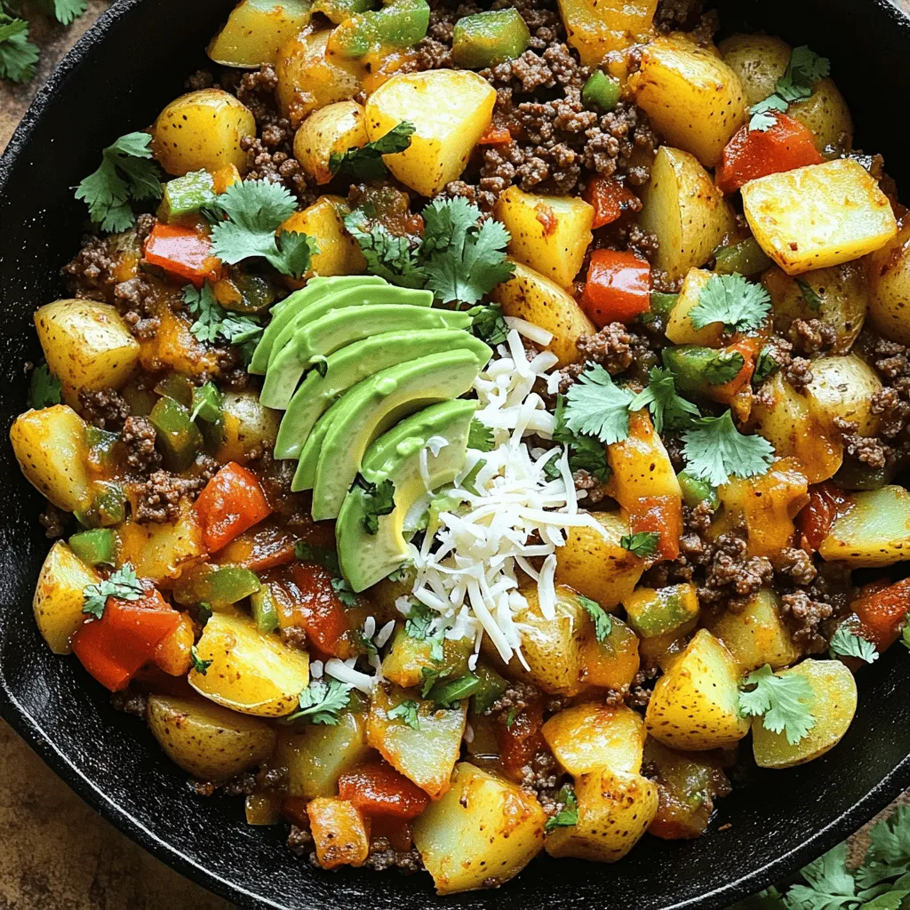 Here’s what you need for a tasty Mexican Ground Beef and Potato Skillet: - 1 lb ground beef - 2 medium-sized potatoes, diced into ½-inch cubes - 1 medium onion, finely chopped - 2 cloves garlic, minced - 1 bell pepper (choose your favorite color), chopped - 1 can (14 oz) diced tomatoes with green chilies - 1 tablespoon chili powder - 1 teaspoon ground cumin - 1 teaspoon smoked paprika - ½ teaspoon salt - ½ teaspoon black pepper - ¼ teaspoon cayenne pepper (optional, for extra heat) - 2 tablespoons extra virgin olive oil - Fresh cilantro, finely chopped (for garnish) - Slices of avocado (for serving) - Shredded cheese (optional, for topping) Gather these ingredients for a delightful meal that bursts with flavor. Each item plays a key role, from the savory ground beef to the hearty potatoes. The bell pepper and tomatoes add color and freshness, while spices bring warmth and depth. When you mix them together, they create a dish that is both comforting and satisfying. This blend of ingredients helps you make a dish that will impress everyone at the table. For the full recipe, check out the Zesty Mexican Beef and Potato Skillet! - First, gather your ingredients. - Chop the onion and bell pepper finely. - Dice the potatoes into ½-inch cubes. - Measure out the spices and oil. - Heat 2 tablespoons of olive oil in a large skillet over medium heat. - Add the chopped onion and bell pepper. - Sauté them for 3-4 minutes until tender. - Then, add 2 minced garlic cloves and cook for another minute. - Next, increase the heat to medium-high. - Add 1 pound of ground beef to the skillet. - Break it apart with a spatula and brown it for about 5-7 minutes. - Once the beef is browned, stir in the diced potatoes. - Cook them for about 5 minutes, stirring occasionally. - Cover the skillet with a lid to help them soften. - When the potatoes start to soften, pour in 1 can of diced tomatoes. - Add 1 tablespoon of chili powder, 1 teaspoon of ground cumin, and more spices. - Stir everything until well combined. - Lower the heat to medium-low and cover the skillet. - Let it simmer for 15-20 minutes, stirring occasionally. - Check if the potatoes are fork-tender and fully cooked. - Taste the mixture and adjust the seasoning as needed. - For serving, use a large spoon to scoop out the skillet dish. - Garnish with freshly chopped cilantro on top. - Add slices of avocado and optional shredded cheese. - Serve with warm tortillas for a delightful meal experience. For more details, check out the Full Recipe. To ensure even cooking, cut your potatoes into small, uniform pieces. This helps them cook at the same rate as the beef. A heavy-bottomed skillet works best for this dish. Cast iron or stainless steel skillets hold heat well, which aids in browning the beef and crisping the potatoes. You can add more spices to boost flavor. Try oregano, paprika, or even a pinch of cinnamon. For heat, start with a little cayenne pepper and adjust to your liking. If you enjoy fresh herbs, add cilantro or parsley at the end for a bright taste. This dish pairs well with warm tortillas or rice. You can also serve it with a side salad for a fresh touch. For family-style dining, serve it right from the skillet. Top it with avocado slices and cheese for a beautiful presentation. Add a squeeze of lime for extra zing! {{image_4}} You can switch out the ground beef for other proteins. Turkey or chicken works well too. For a plant-based meal, try lentils or tofu. These options still give you a hearty dish. You can also add more veggies. Bell peppers, zucchini, or corn add color and flavor. They make the meal more nutritious and fun. If you're avoiding gluten, use gluten-free ingredients. Most spices and canned goods are safe. You can also make a low-carb version. Replace potatoes with cauliflower or turnips. This change keeps the dish tasty while cutting carbs. Want to change things up? Use local spices for a new taste. Try adding cumin or oregano for a twist. You can also make fusion dishes. Mix in curry powder for an Indian flair or use BBQ sauce for a fun BBQ skillet. Each variation lets you explore new flavors. Enjoy the journey in your kitchen! After cooking your Mexican Ground Beef and Potato Skillet, let it cool down first. Use a glass or plastic container with a tight lid for storage. This method helps keep the flavors intact. In the fridge, the dish lasts up to four days. Always check for any signs of spoilage before enjoying leftovers. To freeze leftovers, let the dish cool completely. Portion it into freezer-safe bags or containers. Remove as much air as possible to prevent freezer burn. Label the bags with the date for easy tracking. Your skillet meal can stay fresh for up to three months in the freezer. When ready to eat, thaw it overnight in the fridge. Reheat it in a skillet over medium heat until steaming hot. This keeps the flavors vibrant and delicious. For a faster option, use the microwave, stirring occasionally to ensure even heating. You can serve this dish with warm tortillas. They add a nice touch. You might enjoy sliced avocado on the side. A simple green salad also pairs well. Consider some tangy pickled onions for extra flavor. Fresh cilantro on top gives it a pop of color. Yes, you can make this dish ahead. Cook it fully, then let it cool. Store it in a container in the fridge. When you want to eat, just reheat it in a skillet. Add a splash of water to keep it moist. You can also use the microwave for quick reheating. This recipe takes about 45 minutes in total. You will need around 10 minutes for prep. Cooking takes about 35 minutes. It serves four people, perfect for a family meal. Absolutely! To add heat, mix in more cayenne pepper. You can also add chopped jalapeños. For a smoky flavor, try chipotle powder. Taste as you go, so it suits your spice level. If you want, use ground turkey or chicken. These meats work well in this recipe. For a plant-based option, try lentils or crumbled tofu. They soak up flavors nicely and keep it hearty. This recipe shows you how to make a tasty Mexican Ground Beef and Potato Skillet. You learned about the crucial ingredients, easy steps, and helpful tips. Cooking can be simple and fun, especially when you customize your dish. Experiment with spices, proteins, and flavors that you enjoy. Don’t forget to store leftovers correctly. Enjoy sharing this meal with family or friends. This dish is sure to please everyone at the table!