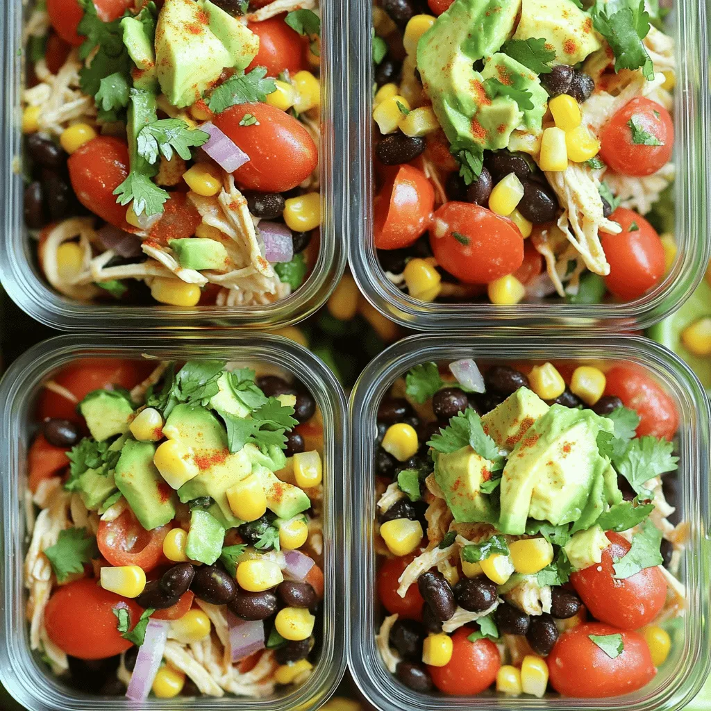 To make a tasty Mexican-inspired chicken salad, you need the right main ingredients. Here’s what to gather: - 2 cups cooked chicken breast, shredded - 1 can (15 ounces) black beans, rinsed and drained - 1 cup corn kernels (fresh, frozen, or canned) - 1 cup cherry tomatoes, halved - 1 red bell pepper, diced - 1 avocado, diced - 1/4 cup red onion, finely chopped - 1/4 cup fresh cilantro, chopped These ingredients bring great flavor and texture. The chicken adds protein, while beans and corn give fiber. The veggies add crunch and freshness. The dressing ties the salad together. Here’s what you need for it: - Juice of 2 limes (about 1/4 cup) - 3 tablespoons olive oil - 1 teaspoon ground cumin - 1 teaspoon smoked paprika - Salt and freshly ground black pepper to taste The lime juice adds tang, while olive oil gives richness. Cumin and paprika add depth. This dressing makes the salad bright and zesty. You can personalize your salad with some fun add-ins. Consider these: - Jalapeños for heat - Cheese like feta or queso fresco - Chopped green onions for extra flavor Feel free to mix and match these options. They can make your chicken salad unique and exciting. For the full recipe, check out the details above! First, gather your ingredients. You need cooked chicken, black beans, corn, cherry tomatoes, red bell pepper, red onion, and cilantro. In a large bowl, add the shredded chicken, rinsed black beans, corn, halved cherry tomatoes, diced red bell pepper, and finely chopped red onion. Stir gently to mix everything well. This step brings all the flavors together and sets a solid base for our salad. Next, let’s whip up the dressing. In a small bowl, combine the lime juice, olive oil, ground cumin, smoked paprika, and a pinch of salt and pepper. Use a whisk to blend these ingredients until smooth. Taste the dressing. If you want more flavor, add a bit more salt or lime juice. The dressing is key to making your chicken salad pop with flavor. Now, it’s time to bring it all together. Drizzle the dressing over the chicken and vegetable mixture. Use tongs or a large spoon to toss everything gently. You want each ingredient to be coated, but be careful not to mash the delicate ingredients. Next, fold in the diced avocado and chopped cilantro. These add creaminess and freshness to your salad. Finally, divide the salad into four meal prep containers. Make sure each container has equal portions of chicken, beans, and veggies. This helps you enjoy balanced meals all week. Once packed, seal the containers and store them in the fridge. They can last up to four days. When you are ready to eat, give it a gentle stir to mix the dressing again. Enjoy your tasty Mexican-inspired chicken salad! To make meal prep easy, gather all your ingredients first. This saves time and keeps your space tidy. Use cooked chicken from a store or make it at home. Shredded chicken is the star of this dish. Rinse the black beans and corn to cut down on prep time. You can also chop your veggies ahead of time. Store them in bags or containers. This way, they are ready to go when you need them. This salad is great by itself, but it pairs well with many sides. Serve it on a bed of lettuce for extra crunch. You can add tortilla chips for a fun texture. If you want a warm meal, serve it in a taco shell. Top it with extra lime juice or salsa for a zesty kick. You can even use it as a filling for a burrito. This salad is versatile and fun to eat. To boost the flavor, use fresh herbs like cilantro. Fresh lime juice brings brightness to the dish. If you like heat, add diced jalapeños for a spicy twist. You can also try adding cheese like feta or cotija. This adds creaminess and depth. For a smoky taste, increase the smoked paprika. Mix and match these options to find your favorite flavor. Enjoy experimenting with this Mexican-inspired chicken salad meal prep delight! {{image_4}} You can easily make this dish meat-free. Use chickpeas instead of chicken. They provide protein and texture. You can also add diced tofu for extra protein. For a vegan twist, skip the honey in the dressing. You can add more beans or nuts for extra crunch. Feel free to swap ingredients based on your taste. Use quinoa instead of black beans for a nutty flavor. You can also try different peppers like yellow or green bell peppers. If you want a spicy kick, add diced jalapeños or green chilies. You can even use mango instead of avocado for a sweet twist. The dressing can change the whole dish. For a zesty kick, add a touch of chipotle in adobo sauce. You can also try a yogurt-based dressing for creaminess. A simple vinegar and olive oil mix works well too. Experiment with herbs like oregano or dill to find your favorite flavor. Check the Full Recipe for more ideas and tips. To keep your Mexican-inspired chicken salad fresh, use airtight containers. Glass containers work well because they don’t stain or hold smells. Before packing, let the salad cool to room temperature. This helps prevent condensation, which can make your salad soggy. Layer your ingredients carefully. Keep delicate items like avocado separate if you're not eating them right away. You can add them just before serving. This way, they stay fresh and tasty. Your chicken salad can stay good in the fridge for about four days. After that, the quality may drop. When you’re ready to eat, give it a good stir. This re-mixes the dressing and flavors. If you want to warm it up, heat the chicken only. Try not to heat the salad too much, as it can make the veggies mushy. A quick 30-second zap in the microwave works well. For long-term storage, you can freeze the salad without avocado and dressing. Just pack it in a suitable freezer bag or container. Squeeze out the air to prevent freezer burn. This way, you can enjoy it later. When you're ready to eat, thaw it overnight in the fridge. Then, add fresh avocado and dressing before serving. This keeps the salad bright and flavorful. You can make this chicken salad healthier by using leaner chicken. Skinless chicken breast reduces fat. You can also add more veggies, like spinach or kale. These add nutrients without many calories. Swap regular avocado for avocado spread to cut down on fat. Use less olive oil in the dressing for fewer calories. Choose a low-sodium black bean option to lower salt levels. Yes, you can use leftover chicken! Shredded rotisserie chicken works great. This makes meal prep faster. Just make sure the chicken is cooked and cooled. It should be stored properly to keep it safe. Using leftover chicken adds flavor and saves time in the kitchen. You can serve this salad with tortilla chips for crunch. A side of brown rice is great too. For a light meal, serve it with a green salad. You can also pair it with whole-grain wraps for a quick lunch. Add fresh fruit like mango or pineapple for a sweet touch. Each option adds flavor and balance to your meal prep. You've learned about making chicken salad from base ingredients to storage tips. We explored the dressing, optional add-ins, and various variations to suit your taste. Remember, meal prep can be easy and fun. Use leftovers wisely and don’t be afraid to try different flavors. This dish can please everyone, whether you choose a classic style or a twist. Enjoy crafting your chicken salad, making each bite a treat!