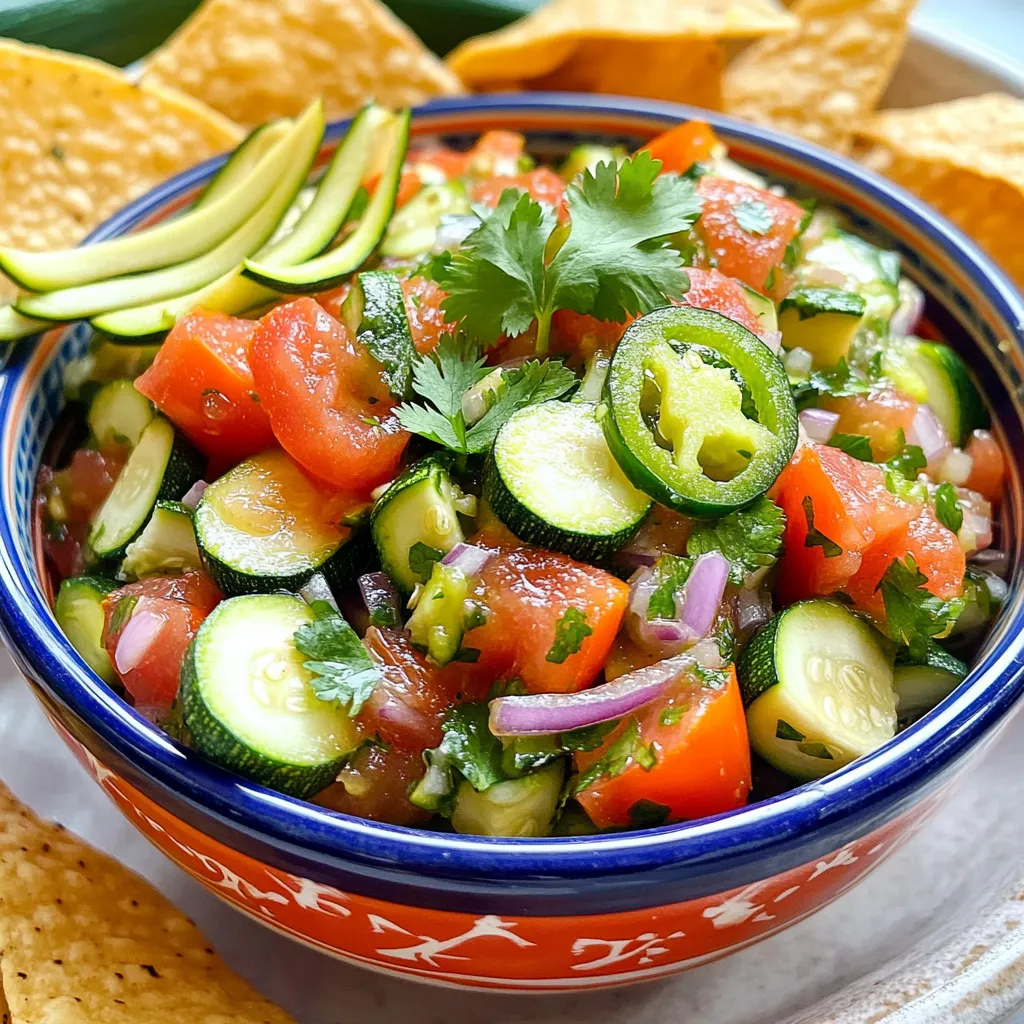 To make the best zucchini salsa, you need fresh and tasty ingredients. Here are the key items: - 2 medium zucchinis, diced into small, even cubes - 1 cup ripe tomatoes, diced for freshness - 1/2 red onion, finely chopped for sweetness - 1 jalapeño pepper, seeds removed and minced for a kick - 1 clove garlic, minced for depth of flavor - 1/4 cup fresh cilantro, chopped for a burst of herbaceous goodness - Juice of 1 lime, freshly squeezed for brightness - 1 teaspoon ground cumin for warmth - Salt and pepper to taste When you pick produce, look for bright colors and firm textures. Choose zucchinis that feel heavy for their size and have smooth skin. Ripe tomatoes should have a rich red color and a slight give when you press them lightly. Fresh cilantro should smell strong and look vibrant. Quality ingredients make a big difference in flavor. You can spice up your salsa with some fun add-ins. Try adding: - Diced bell peppers for sweetness - Corn for a crunchy bite - Black beans for extra protein - Avocado for creaminess These options can add new layers of taste to your salsa. Feel free to mix and match to find your favorite combination! For the full recipe, check out The Ultimate Zucchini Salsa Fiesta. Start by dicing the zucchinis into small, even cubes. This step is key for texture. Next, chop your tomatoes into similar-sized pieces. Use a sharp knife for clean cuts. Then, finely chop the red onion. The sweet taste of the onion balances the salsa. Remove the seeds from the jalapeño pepper and mince it finely. This will add a nice kick to your salsa. Mince the garlic next. Garlic brings depth to the dish. In a large bowl, mix the zucchinis, tomatoes, red onion, jalapeño, and garlic. Toss gently to combine. You want each piece to shine! To elevate the flavor, add fresh cilantro. It brings a burst of herbal goodness. Also, squeeze in the juice of one lime. The lime adds brightness and freshness. Sprinkle in ground cumin for warmth. This spice adds a nice depth. Season with salt and pepper to taste. Mixing in these elements at this stage ensures all flavors blend well. Use a spatula to fold the ingredients together gently. Make sure everything is coated evenly. Resting time is crucial for flavor. Allow the salsa to sit for 15-30 minutes at room temperature. This lets the flavors meld beautifully. Think of it as a mini-vacation for your salsa! The longer it rests, the better the taste. This step makes a big difference in your final dish. So, don’t skip this part! To make the best zucchini salsa, focus on fresh ingredients. Use ripe tomatoes for sweetness. When dicing zucchinis, aim for even cubes. This helps with texture. Always taste as you mix. Adjust salt and lime juice to your liking. A splash of vinegar can add extra zing. One mistake is not letting the salsa rest. Resting helps flavors blend well. Avoid using stale or overripe produce. This can ruin your salsa's taste. Don’t skip the lime juice; it brightens the dish. Also, be careful with jalapeños. Too many can overpower the other flavors. Serve zucchini salsa in a bright bowl. This makes it more appealing. Pair it with crispy tortilla chips for a great snack. You can also use it as a topping on tacos or grilled meats. For a fun twist, add it to scrambled eggs for breakfast. Enjoy experimenting with this fresh, tasty salsa! {{image_4}} You can make your zucchini salsa unique by adding different flavors. Try adding diced bell peppers for a sweet crunch. Corn kernels can also add a pop of color and sweetness. If you want a bit of sweetness, add diced mango or peach. Mixing in avocado gives a creamy texture that many love. You might even consider a splash of soy sauce for a fun twist. If you enjoy heat, change the jalapeño to a serrano pepper. This pepper packs more spice and adds depth. You can also add a dash of hot sauce to heat things up. For a smoky flavor, try mixing in some chipotle in adobo sauce. This can take your salsa to a whole new level. Seasonal produce can keep your salsa fresh and exciting. In summer, add fresh corn or diced cucumbers for a refreshing crunch. In fall, try roasted pumpkin or butternut squash for a sweet, earthy flavor. Winter brings hearty ingredients like diced carrots or even roasted beets, offering color and taste. Always feel free to adjust based on what’s fresh and in season. This will keep your salsa vibrant and full of flavor. For the full recipe, see The Ultimate Zucchini Salsa Fiesta. To keep your zucchini salsa fresh, place it in an airtight container. Make sure the lid seals well. This helps keep air out and keeps the salsa tasting great. If you want to enjoy it later, refrigerate it right away. This will slow down spoilage. Zucchini salsa stays fresh in the fridge for about 3 to 5 days. If you want to keep it longer, freezing is a smart option. You can freeze it for up to 3 months. Just remember to leave some space in the container for expansion. Thaw it in the fridge overnight when you’re ready to eat it again. Use glass jars or plastic containers with tight-fitting lids for the best results. Glass jars are great since they don’t stain and are easy to clean. If you prefer plastic, choose BPA-free options. These containers keep your salsa safe and fresh for a longer time. For the full recipe, check out The Ultimate Zucchini Salsa Fiesta 🥒. Yes, you can make zucchini salsa ahead of time. I often prepare it a few hours before serving. This resting time lets the flavors blend well. Just store it in an airtight container in the fridge. It stays fresh for about two to three days. The longer it sits, the more the taste develops. But be careful not to let it sit too long. It can become soggy over time. Zucchini salsa is super versatile. I love serving it with crispy tortilla chips. It also brightens up grilled chicken or fish. You can spoon it over tacos for a fresh twist. It works well in wraps or sandwiches too. Try it with scrambled eggs for a tasty breakfast. The options are endless, and it adds a lovely crunch to any dish. To make zucchini salsa less watery, start by salting the zucchini. After dicing, sprinkle salt on it and let it sit for about 10 minutes. This draws out excess water. You can then pat the zucchini dry with a paper towel. Another tip is to use firm tomatoes. Ripe but not overly soft tomatoes help keep the salsa thick. These steps will help you achieve a perfect texture for your salsa. In this blog post, we explored how to make the best zucchini salsa. We covered key ingredients, with tips on choosing fresh produce. You learned the best steps for preparation and how resting time enhances flavor. Don’t forget the tips to avoid common mistakes. Try the variations for unique twists and know how to store your salsa properly. With this guide, you're ready to create delicious, fresh salsa your friends will love. Enjoy the process and get creative with your ingredients!