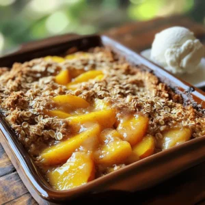- 4 ripe peaches - 1 tablespoon fresh lemon juice - 1/2 cup granulated sugar - 1 teaspoon ground cinnamon - 1 cup rolled oats - 1/2 cup all-purpose flour - 1/2 cup packed light brown sugar - 1/2 cup unsalted butter - 1/4 teaspoon sea salt - Vanilla ice cream - Whipped cream To make this easy peach crisp, you'll need some simple ingredients. First, pick four ripe peaches. They should feel soft but not mushy. A splash of lemon juice adds brightness. You'll also need sugar and cinnamon to sweeten and spice up the peaches. For the topping, gather rolled oats, flour, brown sugar, butter, and a pinch of sea salt. The oats give a nice crunch. You can top it off with vanilla ice cream or whipped cream. They add a creamy finish to the warm crisp. Check out the Full Recipe for all the details. Start by peeling, pitting, and slicing the peaches. This step is easy and fun. Use ripe peaches for the best flavor. Once sliced, toss them in a bowl with lemon juice, sugar, and cinnamon. This blend adds a bright taste to the peaches. The lemon juice helps keep the color fresh while the sugar enhances the sweetness. In a separate bowl, combine oats, flour, light brown sugar, and sea salt. This mix creates a delicious topping. Pour in melted butter and stir until the mixture looks crumbly. Use your fingers or a fork to mix it well. The goal is to have small clumps of topping that will get crispy in the oven. Now, layer the peach mixture in your greased baking dish. Spread it evenly for uniform baking. Next, sprinkle the oat mixture over the peaches. Make sure to cover them well with the topping. Bake in a preheated oven at 350°F (175°C) for 30 to 35 minutes. Watch for a golden brown topping and bubbling juices around the edges. Once baked, let it cool for 10 minutes before serving. This helps the juices settle. Enjoy your peach crisp warm, maybe with a scoop of vanilla ice cream on top. For the full recipe, check below! To make a great peach crisp, you need ripe peaches. Look for peaches that smell sweet. Their skin should be slightly soft to the touch. If fresh peaches aren't available, frozen peaches work well too. They save time and still taste great. Just thaw them before using. The topping is key to a yummy peach crisp. You can adjust the sweetness by changing the sugar amount. If you like crunch, add nuts or shredded coconut. They add a nice texture and flavor. Mix them into the topping to make it even better. Serve your peach crisp warm for the best taste. A scoop of vanilla ice cream adds creaminess. Whipped cream also makes a tasty topping. You can enjoy it as a dessert or a sweet snack. Each bite will be delightful! {{image_4}} You can easily make this peach crisp gluten-free. Just swap regular flour for almond flour or gluten-free oats. Both options add a nice nutty flavor. This way, everyone can enjoy a slice. Peach crisp is fun to change up. You can use apples, berries, or plums instead of peaches. Each fruit brings its own taste. Mixing fruits can create a unique dish that surprises your taste buds. Want to make your peach crisp even better? Add a splash of vanilla extract or a pinch of nutmeg. These little touches add richness and depth to the dish. It’s all about making it your own. For the full recipe, check out the link. After you finish your peach crisp, let it cool completely. This step helps keep the topping crunchy. Once cool, place it in an airtight container. This way, you can enjoy it later without losing flavor or texture. You can store your peach crisp in the fridge for up to 3 days. Just make sure the container is sealed well. This keeps the crisp fresh and tasty. If you don’t eat it all in three days, consider freezing it. When you want to enjoy your leftover peach crisp, warm it up first. You can use the oven or microwave. If you use the oven, heat it at 350°F (175°C) for about 10 to 15 minutes. In the microwave, heat it for about 30 seconds to 1 minute. Reheating brings back the crisp’s delicious flavors. Enjoy your peach crisp warm for the best taste! Yes, you can use canned peaches. Just adjust the sugar based on the syrup's sweetness. Canned peaches can save time, but fresh ones taste best. If you pick fresh peaches, choose ones that are ripe and sweet. To make a larger batch, simply double the recipe. Use a bigger baking dish to hold all the deliciousness. This way, you can share more with family and friends. Peach crisp is most delicious served warm. The warmth brings out the flavors and makes the topping crispy. I love adding a scoop of ice cream on top when it’s hot. It melts a bit and creates a sweet, creamy treat. Enjoy it fresh from the oven! To recap, I detailed how to make an easy peach crisp. You learned about the main ingredients, step-by-step instructions, and helpful tips. I also shared storage info and variations to try. Peach crisp is a simple and tasty dessert. It’s great with ice cream or on its own. You can mix and match flavors to suit your taste. Enjoy this sweet treat with friends or family.