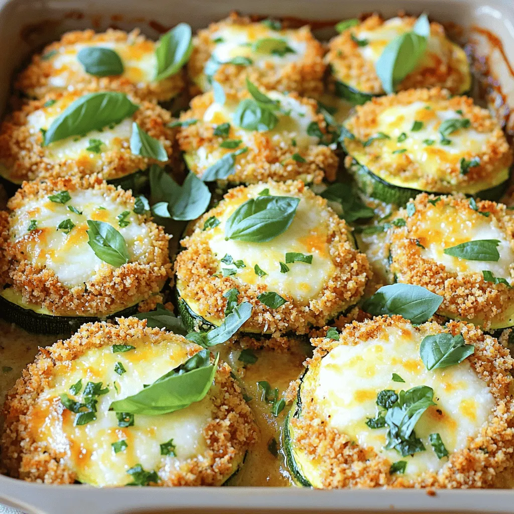 Here’s what you need for Zucchini Parmesan Delight. Gather these items to create a tasty dish: - 3 medium zucchinis, sliced into 1/4-inch rounds - 1 cup breadcrumbs (whole wheat recommended for a richer flavor) - 1/2 cup grated Parmesan cheese - 1 cup shredded mozzarella cheese - 2 large eggs, beaten - 2 tablespoons fresh basil, finely chopped - 1 teaspoon garlic powder - 1 teaspoon onion powder - Salt and freshly ground black pepper, to taste - Olive oil spray or 2 tablespoons olive oil for drizzling - Fresh parsley, finely chopped, for garnish (optional) These ingredients come together to create a delicious layer of cheese and zucchini. The mix of cheeses adds richness, while the herbs bring freshness. Using whole wheat breadcrumbs gives your dish a heartier texture. Each bite will be filled with flavor. If you want more ideas, check the Full Recipe for tips and tricks! Set your oven temperature to 375°F (190°C) for optimal baking. This step is key for a crispy finish. In a large mixing bowl, combine breadcrumbs, Parmesan cheese, garlic powder, onion powder, salt, and pepper. Mix these ingredients well to blend flavors. In another bowl, beat the eggs. Dip each zucchini slice into the eggs, letting excess drip off. Then, roll it in the breadcrumb mixture until fully coated. Place the coated slices on a clean plate. Drizzle olive oil in a baking dish. You can also use an olive oil spray. Arrange the zucchini slices in a single layer. This helps them cook evenly. First, bake the zucchini for 20 minutes. They should turn golden and crispy. After that, add mozzarella on top and bake for an additional 10 minutes. The cheese should melt and bubble. Once the cheese has melted, take the dish out of the oven. Garnish with fresh basil and parsley for extra flavor. Enjoy this cheesy delight! For the full recipe, check the earlier sections. Choose firm zucchinis with smooth skin for the best results. Fresh zucchinis have a vibrant color and feel heavy. Avoid those with soft spots or wrinkles. Picking the right zucchini improves the taste and texture of your dish. You can explore using gluten-free breadcrumbs or crushed crackers for variations. If you want a crunch, try crushed cornflakes. For a nutty flavor, use ground almonds or oats. Each option gives a unique twist to your Zucchini Parmesan. Add spices or herbs to the breadcrumb mix for extra flavor. I like to use dried oregano or thyme for a savory kick. You can also try a pinch of smoked paprika for depth. Fresh herbs like parsley or basil work well too. This small addition makes your dish even more delicious. {{image_4}} Want a little heat? Add red pepper flakes to your breadcrumb mix. This tiny change gives the dish a fun kick. Just a pinch can transform the flavor. You can adjust the amount to fit your taste. Start small and taste as you go! Cheese lovers can get creative. Try using different cheeses like cheddar or Gruyère. Each cheese brings a unique flavor. Cheddar adds sharpness, while Gruyère gives a nutty taste. Mix and match cheeses for a tasty twist. Don't be afraid to experiment! For a vegan option, swap eggs for flaxseed meal. Mix one tablespoon of flaxseed meal with three tablespoons of water. Let it sit for five minutes until it thickens. Use plant-based cheese instead of dairy. This way, you can enjoy a delicious dish that fits your diet. Everyone can savor Zucchini Parmesan! For the full recipe, check out the [Full Recipe]. You can keep leftover zucchini Parmesan in an airtight container. It stays fresh for up to 3 days in the fridge. This way, you can enjoy this dish again without losing flavor. If you want to save it for later, freeze your baked zucchini Parmesan. It lasts for up to 2 months in the freezer. Just remember to thaw it before reheating. This is a great way to have a delicious meal on hand. To reheat, use the oven for the best texture. It keeps the crispy crust intact. If you're in a hurry, you can use the microwave for convenience. Just be careful not to overheat it. Enjoy your meal once again! You can pair Zucchini Parmesan with many tasty sides. A fresh salad adds a nice crunch. Try a simple green salad with vinaigrette for balance. Pasta goes great too! A light garlic or marinara sauce enhances the meal. Crusty bread is another good choice. It soaks up any extra sauce and adds texture. Yes, you can prepare Zucchini Parmesan in advance! You can coat the zucchini and store it in the fridge. Just bake it when you are ready to eat. This helps save time on busy days. You can also bake it completely. Then, store it in the fridge. Just reheat it when you want to serve. Look for a golden brown color on the top. The cheese should be melted and bubbly. You can poke a slice to check. It should feel soft but not mushy. If you see these signs, your Zucchini Parmesan is ready! To make Zucchini Parmesan gluten-free, use gluten-free breadcrumbs. You can find these at most grocery stores. You can also crush gluten-free crackers if needed. Ensure all other ingredients are gluten-free as well. This way, everyone can enjoy the dish! Check the labels for any hidden gluten. Zucchini Parmesan is an easy, tasty dish you can make at home. You learned about the ingredients, simple steps, and tips for great results. Experiment with flavors and find what you love. Whether you're cooking for yourself or family, this dish is sure to please everyone. Remember, you can tweak the recipe as you wish. Enjoy your cooking and share this treat with others!